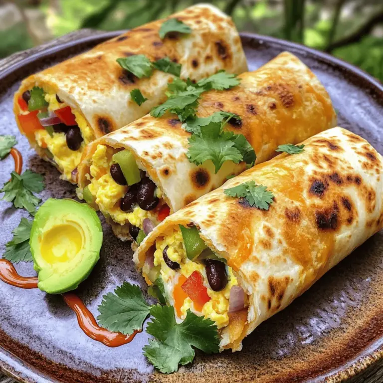 To make savory breakfast burritos, you need fresh and quality ingredients. Here’s what you’ll need: - 4 large flour tortillas - 6 large eggs - 1 cup black beans, drained and rinsed - 1 cup shredded cheddar cheese - 1/2 cup bell peppers, diced (mix of red and green) - 1/2 cup red onion, diced - 1 avocado, sliced - 1/4 cup fresh cilantro, chopped - 1 teaspoon ground cumin - 1 teaspoon smoked paprika - Salt and pepper to taste - 2 tablespoons olive oil - Hot sauce (optional, for serving) When you shop for produce, always look for bright colors and firm textures. Choose bell peppers that feel heavy for their size and have smooth skin. For onions, select firm ones with no soft spots. Fresh cilantro should have vibrant green leaves and no wilted edges. Quality eggs should be clean and have a sturdy shell. These choices make a big difference in flavor and nutrition. Using fresh ingredients will help you create delicious and colorful burritos. For the full recipe, check the details above. First, gather all your ingredients. You will need tortillas, eggs, beans, cheese, and veggies. Wash and chop the bell peppers and red onion. Drain and rinse the black beans. This prep takes about 15 minutes. Start by whisking the eggs in a bowl. Add ground cumin, smoked paprika, salt, and pepper. Whisk until mixed well. Heat olive oil in a skillet over medium heat. Add the diced bell peppers and onion. Sauté them for 4-5 minutes until soft. Pour the whisked eggs into the skillet. Stir gently as they cook. Cook until the eggs are fluffy, about 3-4 minutes. Tips for Perfect Scrambled Eggs: - Use medium heat to avoid burning. - Stir gently to keep eggs soft. - Remove eggs from heat when they are just set. Warm the tortillas in a dry skillet for about 30 seconds on each side. This makes them easier to roll. On each tortilla, layer the egg mixture, black beans, and half of the cheese. Add a few avocado slices and cilantro. Be careful not to overfill! To roll the burritos, start at one end and fold in the sides. Roll tightly to keep the filling inside. In the same skillet, add the remaining olive oil. Cook the burritos seam side down for 2-3 minutes until golden brown. Flip and cook for another 2-3 minutes. Enjoy your savory breakfast burritos with hot sauce or salsa on the side! For the complete recipe and details, check the [Full Recipe]. When making breakfast burritos, the type of tortilla matters. Flour tortillas are soft and easy to roll. They hold fillings well and tend to be a bit chewy. Corn tortillas are thicker and have a stronger taste. They can be less flexible, which may lead to breaks. If you want a classic burrito, go with flour tortillas. For a unique twist, try corn tortillas. Both options can create tasty meals. Fluffy eggs make your burritos feel lighter. To achieve this, whisk the eggs well. Use a fork or a whisk to mix them until they are frothy. This adds air, creating a fluffy texture. When cooking, use low to medium heat. Stir gently and often to prevent sticking. Remove the eggs from heat just before they are fully set. They will continue cooking off heat, staying soft and fluffy. Adding spices can elevate your breakfast burritos. Ground cumin adds warmth and depth. Smoked paprika gives a nice smoky flavor. You can also add a pinch of chili powder for heat. Fresh herbs like cilantro bring brightness. For more flavor, consider adding sautéed mushrooms or zucchini. Mixing in some cheese adds creaminess. Feel free to experiment with your favorite flavors. {{image_2}} For a tasty vegetarian breakfast burrito, you can swap out black beans for other ingredients. Try using pinto beans, chickpeas, or lentils. These options add great protein and flavor. You can also load up on veggies! Add spinach, zucchini, or corn for more color and taste. Don't forget to use your favorite spices to keep it flavorful. If you need a gluten-free option, look for gluten-free tortillas at your store. Many brands now make these with rice or corn. You can also use lettuce wraps for a fresh twist. Swap out the cheese for a dairy-free alternative if you want to make it vegan. Just ensure the rest of your ingredients are gluten-free too. To make your burrito heartier, consider adding meats. Chorizo adds a nice kick, while bacon gives a smoky flavor. You can also use sausage or shredded chicken. Just cook the meat first before adding it to the egg mixture. This will give you a delicious and filling breakfast burrito. For the complete recipe, check out the Full Recipe. To keep your leftover burritos fresh, wrap them tightly in plastic wrap or foil. Place them in an airtight container. If you plan to eat them within a few days, store them in the fridge. For longer storage, freeze them. Make sure to label the container with the date. Reheating burritos can be simple. The best way is to use an oven. Preheat it to 350°F (175°C). Wrap the burrito in foil and heat for about 15-20 minutes. This method keeps the tortilla soft and warm. You can also use a microwave. Place the burrito on a microwave-safe plate. Heat for 1-2 minutes, but the tortilla may become a bit chewy. When stored properly, burritos last about 3-4 days in the fridge. In the freezer, they can last for up to 2-3 months. Always check for any signs of spoilage before eating. If the burrito has an off smell or looks unusual, it’s better to toss it. Yes, you can make breakfast burritos ahead of time. This saves you effort on busy mornings. To prep, fill and roll each burrito as usual. Wrap each one tightly in foil or plastic wrap. Place them in a sealed bag or container. Store them in the fridge for up to 3 days or freeze for up to 3 months. When ready to eat, heat them in the microwave or oven. Pair your burritos with tasty sides. Here are some popular options: - Fresh salsa - Guacamole - Sliced jalapeños - Mixed greens salad - Yogurt or sour cream - Fresh fruit salad These sides add flavor and texture to your meal. Absolutely! You can add many tasty ingredients to your burritos. Here are some ideas: - Cooked sausage or bacon for extra protein - Spinach or kale for more greens - Different cheeses like pepper jack or feta - Hot sauce or salsa for a spicy kick - Pickled onions or tomatoes for added zest Feel free to mix and match based on your taste! In this post, I explored how to make the perfect breakfast burrito. We covered ingredients, step-by-step prep, and cooking tips to ensure success. I also shared storage info and answered common questions. Whether you enjoy classic flavors or want a vegetarian twist, you have options. Remember, fresh ingredients and good technique make all the difference. With these tips, you're ready to create delicious burritos at home. Enjoy your cooking and happy eating!