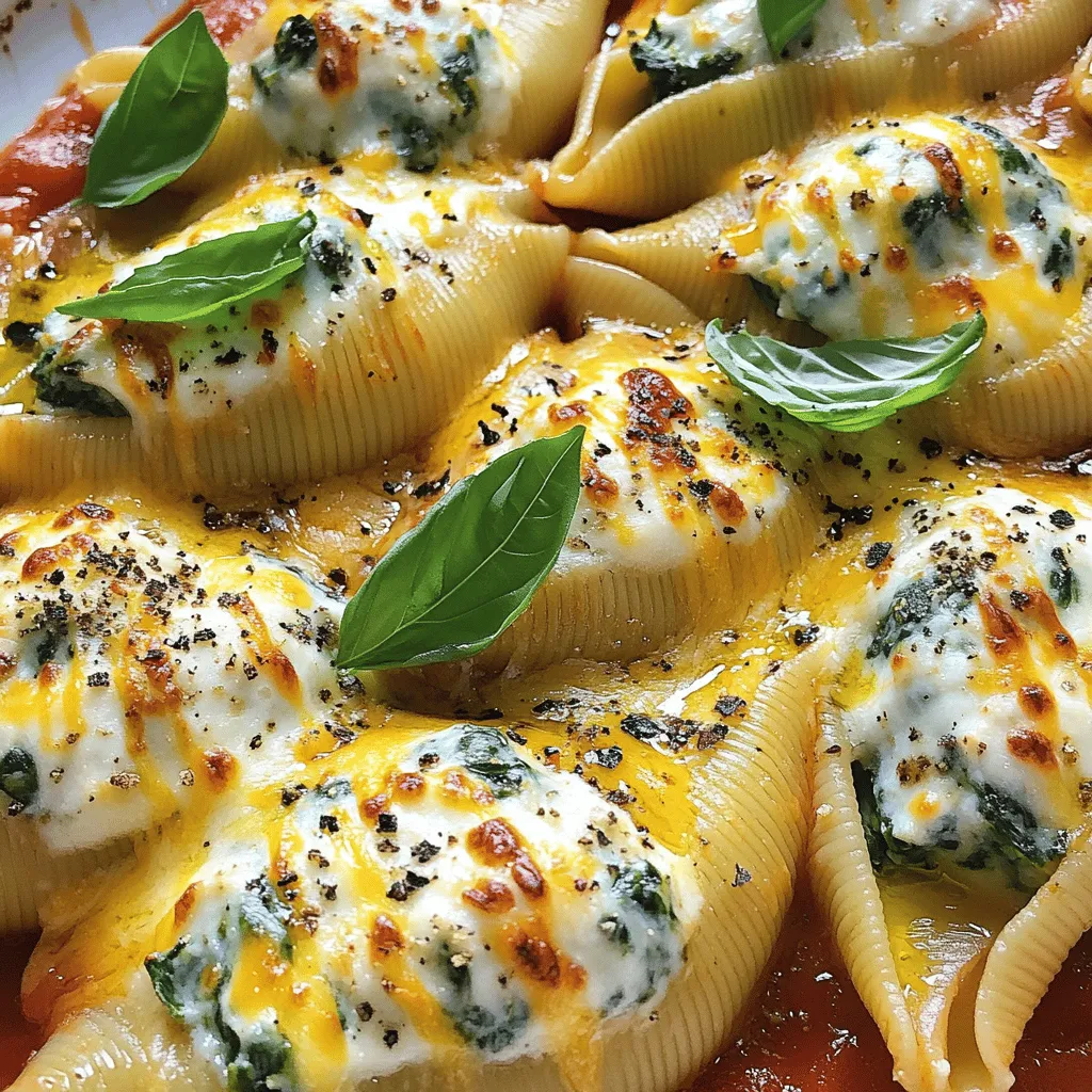 To make Cheesy Spinach Stuffed Shells, gather these items: - 20 jumbo pasta shells - 2 cups fresh spinach, chopped - 1 cup ricotta cheese - 1 cup mozzarella cheese, shredded - 1/2 cup Parmesan cheese, grated - 1 large egg - 2 cloves garlic, minced - 1 teaspoon Italian seasoning - Salt and pepper to taste - 2 cups marinara sauce - Olive oil for drizzling When choosing your ingredients, I suggest brands that focus on quality. For pasta, Barilla is a solid choice. Use Galbani for ricotta and mozzarella cheese. For Parmesan, look for Grana Padano. These brands offer great flavor and texture. If you need alternatives, there are many options. You can use frozen spinach if fresh is not available. Just make sure to thaw and drain it well. For ricotta, cottage cheese works in a pinch. If you want a dairy-free version, try a plant-based ricotta. You can also swap marinara sauce with any tomato sauce you prefer. This flexibility lets you create a dish that suits your taste. For a kick, add some red pepper flakes to the filling. These options help you customize your Cheesy Spinach Stuffed Shells. For the full recipe, refer to the earlier section. First, you need to cook the jumbo pasta shells. Follow the package instructions carefully. Usually, boiling them for about 8 to 10 minutes will do. They should be al dente, which means they should still be firm. After cooking, drain the shells in a colander and rinse them with cold water. This stops the cooking process. Set them aside to cool while you make the filling. In a large bowl, combine the chopped spinach, ricotta cheese, and half of the mozzarella. Add the grated Parmesan cheese, large egg, minced garlic, Italian seasoning, salt, and pepper. Mix all these together well. You want the spinach and cheese to blend evenly. This filling is what makes your shells so tasty! Next, grab a baking dish and spread one cup of marinara sauce at the bottom. Now, take a stuffed shell and fill it with the spinach mixture using a teaspoon. Place each stuffed shell open side up in the dish. Once you've filled all the shells, pour the rest of the marinara sauce on top. Sprinkle the remaining mozzarella and Parmesan cheese over everything. Drizzle a little olive oil on top for extra flavor. Cover the dish with aluminum foil and bake it in a preheated oven at 350°F for 25 minutes. Then, remove the foil and bake for another 15 minutes. The cheese should be bubbly and golden brown. Let it cool for a few minutes before serving. Enjoy your Cheesy Spinach Stuffed Shells! For the complete recipe, check the Full Recipe section. To make perfect stuffed shells, cook the pasta just right. Boil them until they are al dente. This keeps them firm and easy to handle. After cooking, drain and rinse them gently. This helps stop the cooking process. Place the shells on a clean kitchen towel to dry. This way, they won’t stick together. To get that perfect cheese melt, use a mix of cheeses. I suggest mozzarella and Parmesan. They melt well and add great flavor. When you bake the shells, cover them with foil for the first part of baking. This traps the steam and helps the cheese melt perfectly. Remove the foil in the last 15 minutes for a nice golden top. For a stunning presentation, serve the stuffed shells on a large platter. Add a drizzle of marinara sauce on top. This not only looks good but also adds flavor. Finish with fresh basil leaves and a sprinkle of extra Parmesan cheese. This adds color and makes your dish pop. Enjoy your cheesy creation with pride! You can find the full recipe to guide you through this process. {{image_2}} You can easily add meat to your cheesy spinach stuffed shells. Ground beef or sausage works best. Brown the meat in a skillet before mixing it with the cheese and spinach. This gives your dish a savory depth. Another great option is diced chicken. Just make sure it’s cooked and shredded. You can also try prosciutto for a salty kick. These meat additions can make your meal heartier and more filling. If you want to keep it vegetarian, you can enhance the filling with other veggies. Consider adding mushrooms, bell peppers, or zucchini for extra flavor. Sauté these veggies before mixing them with the spinach and cheese. They will add texture and taste without losing the essence of the dish. You can also use different cheeses, like feta or goat cheese, to change the flavor profile while keeping it meat-free. To make this dish gluten-free, just swap out the pasta shells. Look for gluten-free jumbo pasta shells made from rice or corn. Make sure you check the label for any hidden gluten. You can also use zucchini noodles as a fun alternative. Just layer the filling directly on the noodles, roll them up, and bake as usual. These adaptations keep the same cheesy goodness but cater to your dietary needs. For the full recipe, check the details above. Store any leftover Cheesy Spinach Stuffed Shells in an airtight container. Keep them in the fridge for up to three days. Make sure to let the dish cool before you seal it. This helps keep the shells fresh and tasty. You can freeze these stuffed shells for later meals. First, let them cool completely. Then, place them in a freezer-safe container. You can also wrap them tightly in plastic wrap, then foil. They will stay good in the freezer for up to three months. Just remember to label the container with the date. To reheat, take the shells out of the fridge or freezer. If frozen, let them thaw overnight in the fridge. Preheat your oven to 350°F (175°C). Place the shells in a baking dish and cover with foil. Bake for about 20 minutes. If they were frozen, it might take a bit longer. Check that they are hot all the way through. You can add a little marinara sauce on top for extra moisture. Enjoy your meal again! You can add more flavor to the spinach filling in several ways. First, try using more garlic or adding onion for a sweet taste. You can also mix in herbs like basil, parsley, or dill. A pinch of red pepper flakes gives a nice kick, too. For a richer taste, use different cheeses like feta or goat cheese. These tips will make your Cheesy Spinach Stuffed Shells even more delicious. Yes, you can prepare Cheesy Spinach Stuffed Shells in advance. Just follow the recipe up to the baking step. Once you stuff the shells, cover them tightly with plastic wrap or foil. You can store them in the fridge for up to two days. If you want to freeze them, place the unbaked shells in an airtight container. They will last for up to three months. When ready, bake straight from the freezer, adding a bit more time to cook. Stuffed shells pair well with many side dishes. A fresh garden salad with a light vinaigrette is a great choice. Garlic bread or breadsticks add a nice touch, too. You can also serve roasted vegetables like zucchini or bell peppers. If you want something hearty, try a creamy risotto. These sides will complement your Cheesy Spinach Stuffed Shells nicely. For the full recipe, check out the earlier section. You’ve learned about making cheesy spinach stuffed shells from the ingredients to cooking tips. I shared some great brands and substitutions for the best flavor. You can customize this dish with meats or go vegetarian, and I've included storage tips for leftovers. Remember, great filling adds flavor, and presentation matters too. Enjoy creating this tasty meal that your loved ones will enjoy. Dive in and have fun in the kitchen!