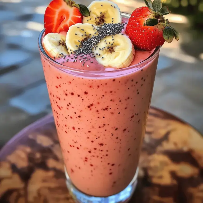 To make a healthy strawberry banana smoothie, gather these fresh and simple ingredients: - 1 cup fresh strawberries, hulled and sliced - 1 ripe banana, sliced - 1 cup unsweetened almond milk (or any plant-based milk) - 1 tablespoon honey or maple syrup (optional) - 1/2 cup Greek yogurt (or dairy-free yogurt) - 1 tablespoon chia seeds - A handful of spinach (optional for added nutrients) - Ice cubes (to preference) You can add even more nutrition with these options: - Flax seeds for healthy fats - Protein powder to boost protein content - Nut butter for creaminess and flavor - Oats for fiber and fullness When choosing strawberries and bananas, look for these signs: - Strawberries should be bright red, firm, and free from bruises. - Bananas should be yellow with a few brown spots for sweetness. - If you can, buy organic for better taste and fewer chemicals. - Always smell the fruit; fresh strawberries should smell sweet and fruity. These tips ensure you pick the best produce for your smoothie. Enjoy the process and have fun blending! For more details, check out the Full Recipe. Start by washing your fresh strawberries. Remove the green tops and slice them. Slice the ripe banana into smaller pieces. Gather all your ingredients and place them near your blender. This makes the process quick and easy. When you blend, add the strawberries and banana first. This helps the blades catch the fruit better. Pour in the almond milk next, then add the Greek yogurt. If you prefer a sweeter taste, add honey or maple syrup. Toss in the chia seeds and spinach, if using. For a colder drink, add ice cubes. Blend on high until smooth. Stop to scrape down the sides if needed. Taste your smoothie and blend again if you want it sweeter. Pour your smoothie into tall glasses for a nice look. You can garnish each glass with a slice of strawberry or banana on the rim. Sprinkle a few chia seeds on top for style. Serve with reusable straws to keep it eco-friendly. Enjoy your healthy strawberry banana smoothie right away for the best taste! For a detailed guide, check the Full Recipe. To make your smoothie extra creamy, use ripe bananas. Their natural sweetness adds flavor. Greek yogurt also helps achieve that thick texture. If you want a dairy-free option, try coconut yogurt. It adds creaminess and a slight coconut taste. Sometimes, smoothies need a touch more sweetness. You can add honey or maple syrup to taste. Start small; you can always add more. If you want a fruity twist, add a splash of vanilla extract. It brightens the flavor without overpowering the fruits. Avoid using unripe bananas; they won’t blend well. Also, don’t skip the ice if you want a chilled drink. Too much liquid can make it runny, so stick to the recipe. Finally, always taste before serving. This helps you catch any flavor issues early. {{image_2}} You can change the fruit in this smoothie. Many options work well. Try adding blueberries, raspberries, or even mango. Each fruit brings its own flavor. You can mix and match to find your favorite. Always use ripe fruit for the best taste. If you want a dairy-free smoothie, use almond milk or coconut milk. You can also swap Greek yogurt for dairy-free yogurt. This keeps the smoothie creamy without dairy. These options make it vegan-friendly too. You won't miss the dairy at all! Want to add probiotics? Use yogurt with live cultures for gut health. You can also add a scoop of your favorite probiotic powder. This adds health benefits without changing the taste much. It’s an easy way to boost nutrition. Try mixing in a spoonful of kefir if you have it. If you have leftover smoothie, store it in a sealed jar. A glass jar works best. Keep it in the fridge and drink it within one day. The smoothie may separate as it sits. Just give it a good shake before you drink it. This way, you keep the taste fresh and smooth. Freezing is a great way to prep for busy mornings. You can make smoothie packs. Just combine your ingredients in a freezer-safe bag. Use the same ingredients from the Full Recipe. When you want a smoothie, grab a pack and blend it with your liquid of choice. This keeps everything fresh and ready to go. You can use your leftover fruits in other recipes. For example, add extra strawberries or bananas to your oatmeal or yogurt. You can also toss them into a salad for a sweet touch. This helps you avoid waste and enjoy delicious meals all day long. A strawberry banana smoothie packs many health benefits. Strawberries are full of vitamins and antioxidants. They help boost your immune system. Bananas give you energy and potassium. This helps your heart stay healthy. The yogurt adds protein, aiding muscle repair. Chia seeds offer fiber and omega-3s, which are great for your brain. Plus, spinach adds vitamins and minerals without changing the taste much. Together, these ingredients support a balanced diet. Yes, you can make this smoothie ahead of time. Store it in an airtight jar in the fridge. It stays fresh for up to one day. Give it a good shake before drinking. If you want to store it longer, freeze it. Use a freezer-safe container and pour it in. It can last up to three months. Just thaw it in the fridge when you're ready to enjoy it. To make your smoothie more filling, add protein-rich ingredients. Greek yogurt is a great start. You can also add nut butter, like almond or peanut butter. Another option is to mix in oats. They add bulk and keep you full longer. Adding a scoop of protein powder can also help. This keeps your energy up and curbs hunger. In this blog post, we explored how to make a delicious strawberry banana smoothie. We covered the key ingredients and tips for choosing fresh produce. You learned preparation steps and tips for blending to achieve smoothness. I shared ways to make your smoothie creamier and to adjust its flavor. You also found variations for fruit substitutions and dairy-free options. Finally, we discussed storage tips for leftovers and answered common questions. Enjoy creating your tasty smoothies and feel good about what you drink!