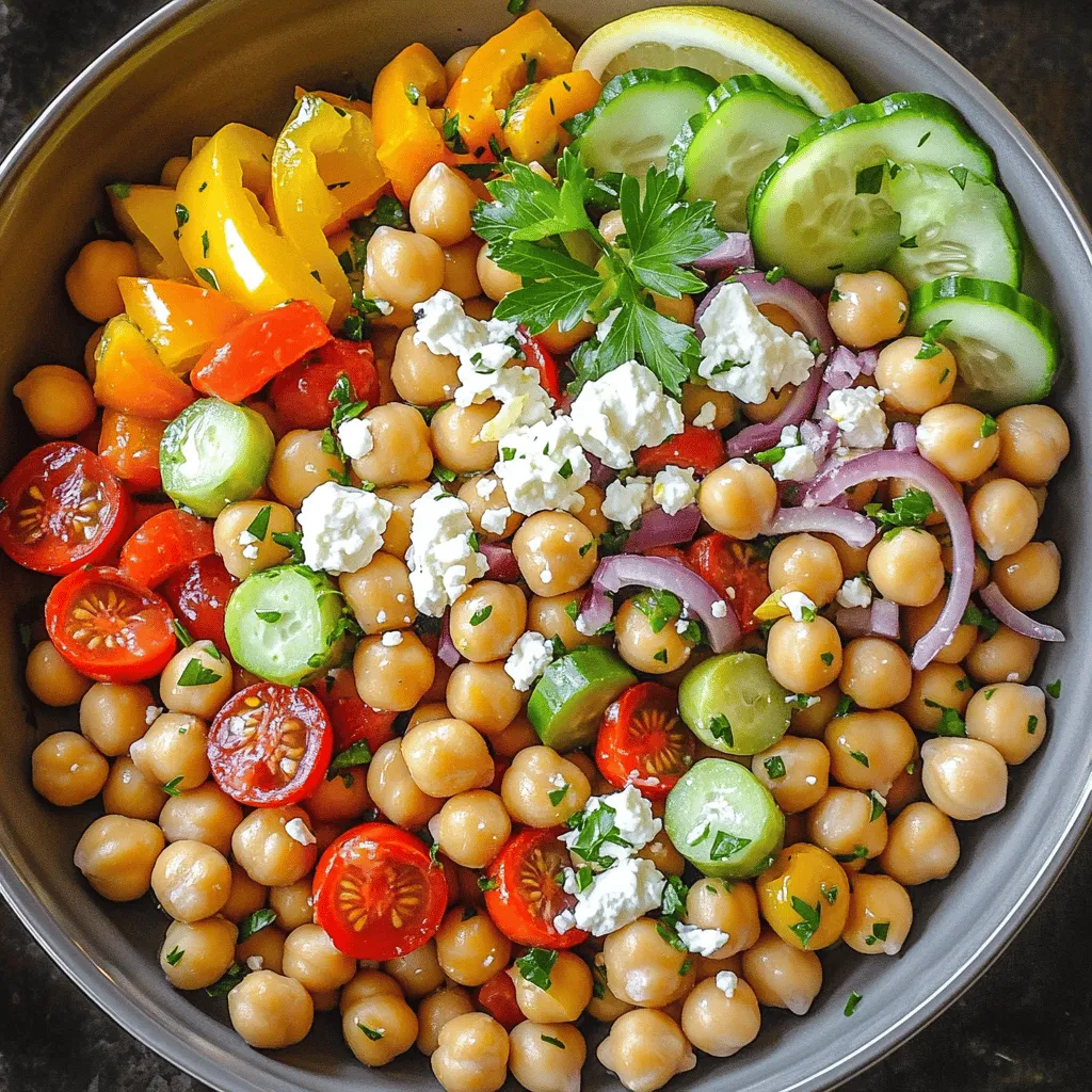 - 1 can (15 oz) chickpeas, rinsed and drained - 1 cup cherry tomatoes, halved - 1 cucumber, diced - 1/2 red onion, finely chopped - 1 bell pepper (red or yellow), diced - 1/2 cup Kalamata olives, pitted and sliced - 1/2 cup feta cheese, crumbled - 1/4 cup fresh parsley, chopped - 3 tablespoons olive oil - 2 tablespoons lemon juice - 1 teaspoon dried oregano - Salt and pepper to taste When making Mediterranean Chickpea Salad, I always start with the ingredients. Chickpeas are the base. They are full of protein and fiber. Then, I add fresh vegetables like cherry tomatoes, cucumber, and bell pepper for crunch and color. I love using red onion for its sharpness. Next, Kalamata olives add a salty touch. Feta cheese gives a creamy feel to the salad. Fresh parsley adds a burst of green. For the dressing, I mix olive oil and lemon juice. Dried oregano gives it a Mediterranean vibe. I always finish with salt and pepper to enhance the flavors. This combination makes the salad fresh and flavorful. If you want the full recipe, check out the [Full Recipe] for all the steps! 1. Combining the salad ingredients: Start by taking a large mixing bowl. Add the rinsed chickpeas, halved cherry tomatoes, diced cucumber, finely chopped red onion, and diced bell pepper. Mix these ingredients well. Each bite will give you fresh flavors and nice crunch. 2. Making the dressing: In a small bowl, whisk together the olive oil, lemon juice, dried oregano, salt, and pepper. Whisk until it blends nicely. This dressing adds a zesty kick to your salad. 3. Tossing and chilling the salad: Pour the dressing over the chickpea salad. Toss gently to ensure all ingredients are well coated. Next, fold in the chopped parsley for a burst of freshness. Now, chill the salad in the refrigerator for 30 minutes. This lets the flavors mix perfectly. Enjoy this vibrant salad as a light meal or a side dish. For the full recipe, be sure to check out the details! To make your Mediterranean chickpea salad pop, start with seasoning. I suggest tasting as you mix. A pinch of salt can brighten flavors. If needed, add more lemon juice for a zesty kick. Fresh herbs like parsley or mint also boost taste. You can also try these ingredients for extra zest: - Chopped fresh dill - A dash of red pepper flakes - A splash of balsamic vinegar These small adjustments can make a big difference. This salad pairs well with many dishes. Serve it alongside grilled chicken or fish for a complete meal. It also shines at picnics or barbecues. For presentation, use a large bowl to showcase the colors. Garnish with extra feta cheese and parsley. Arrange colorful tortilla chips or pita bread on the side for a crunchy contrast. This adds both style and taste to your meal. {{image_2}} If you want to make this Mediterranean Chickpea Salad fit different diets, it’s quite easy. - Vegan modifications: This salad is already mostly vegan! Just skip the feta cheese or use a vegan cheese. You can also use nutritional yeast for a cheesy flavor. - Gluten-free options: This salad is gluten-free as is. Chickpeas and veggies are safe for those who avoid gluten. Feel free to get creative with the ingredients in your salad. - Alternative vegetables and proteins: You can use black beans or lentils instead of chickpeas. Try adding corn, spinach, or radishes for fun crunch and flavor. - Different types of cheese: If feta isn’t your favorite, you can use goat cheese or even mozzarella. Just remember to crumble or cube it before adding. For full details on making this dish, check the Full Recipe. Enjoy experimenting! To keep your Mediterranean chickpea salad fresh, refrigerate any leftovers. Place it in an airtight container. This prevents moisture loss and keeps the flavors bright. If you plan to eat it later, consider freezing portions. Use freezer-safe bags or containers. Remember to remove as much air as possible. This helps avoid freezer burn. In the fridge, the salad stays good for about 3 to 5 days. Keep an eye on it, though. If you notice any changes, it’s time to toss it. Signs of spoilage include an off smell, slimy texture, or discoloration. Trust your senses to judge its freshness. For the best taste, try to eat it within a few days. Enjoy every bite of this vibrant salad! Can I make Mediterranean Chickpea Salad ahead of time? Yes, you can make this salad ahead of time. It tastes better after chilling. The flavors mix well as it sits. Just cover it and keep it in the fridge. I suggest serving it within three days for the best taste. What can I add to make it heartier? To make it heartier, you can add cooked quinoa or farro. These grains boost nutrition and fullness. You might also include diced avocado or some grilled chicken. Each adds a nice texture and flavor. Can I substitute chickpeas with another legume? Absolutely! You can use black beans or kidney beans instead. Both options will add a different taste. Just make sure to rinse and drain them first. This keeps the salad light and fresh. Caloric breakdown A serving of Mediterranean Chickpea Salad has about 250 calories. Most of these calories come from healthy fats and protein. The salad is filling without being heavy. Health benefits of key ingredients - Chickpeas: High in protein, fiber, and essential nutrients. - Olive oil: Full of heart-healthy fats and antioxidants. - Vegetables: Provide vitamins, minerals, and hydration. - Feta cheese: Adds flavor and calcium, but use in moderation. This salad not only tastes great but offers many health benefits. Enjoy it as a light meal or a side dish! For the complete recipe, check out the Full Recipe section. This blog post covered the essential elements of Mediterranean Chickpea Salad. We explored the ingredients, preparation steps, and tips for flavor. You learned great serving suggestions and variations to suit diets. Proper storage methods were also discussed to keep your salad fresh. In summary, this salad is not just delicious; it’s healthy and easy to prepare. Experiment with the ingredients and enjoy the flavors!