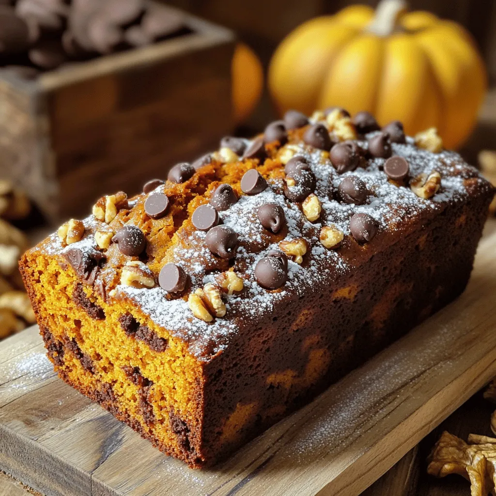 To make chocolate chip pumpkin bread, gather these items: - 1 ½ cups all-purpose flour - 1 tsp baking powder - 1 tsp baking soda - ½ tsp salt - 1 tbsp pumpkin pie spice - 1 cup canned pumpkin puree - ½ cup vegetable oil - ½ cup brown sugar, packed - ½ cup granulated sugar - 2 large eggs - 1 tsp vanilla extract - ¾ cup semi-sweet chocolate chips - ¼ cup chopped walnuts (optional) These ingredients create a soft, moist bread with rich flavor. You can change this recipe to suit your taste. Here are some fun ideas: - Nuts: Swap walnuts for pecans or almonds for a different crunch. - Chocolate: Use dark chocolate chips for a deeper taste. - Spices: Try adding cinnamon or nutmeg for extra warmth. - Sweeteners: Replace brown sugar with maple syrup for a unique twist. Feel free to get creative! Here’s a quick look at the nutrition in one slice of this bread: - Calories: About 180 - Fat: 8g - Carbohydrates: 25g - Fiber: 1g - Protein: 2g This bread is a tasty treat, but enjoy it in moderation. For the full recipe, check the provided details. Start by gathering all your ingredients. You will need flour, baking powder, baking soda, salt, pumpkin pie spice, canned pumpkin puree, vegetable oil, brown sugar, granulated sugar, eggs, vanilla extract, chocolate chips, and walnuts if you like. 1. Preheat your oven to 350°F (175°C). 2. Grease a 9x5 inch loaf pan with cooking spray or butter. 3. In a medium bowl, whisk together the flour, baking powder, baking soda, salt, and pumpkin pie spice. Set this bowl aside. In a large bowl, mix together the pumpkin puree, vegetable oil, brown sugar, and granulated sugar. Stir until it looks smooth. Next, beat the eggs into this mixture one at a time. Add the vanilla extract and mix well. Now, take the dry ingredients and add them to the wet mixture. Stir gently until just mixed. Do not overmix! Finally, fold in the chocolate chips and walnuts if you chose to use them. This will give your bread a nice crunch. Pour your batter into the loaf pan. Make the top smooth with a spatula. Bake in the preheated oven for 60 to 65 minutes. To check if it’s done, insert a toothpick into the center. If it comes out clean, your bread is ready! Let the bread cool in the pan for about 10 minutes. Then, transfer it to a wire rack to cool completely. Slice the bread and serve it warm. You can dust it with powdered sugar or add whipped cream cheese for extra flavor. Store leftovers in an airtight container at room temperature for up to 3 days. Enjoy your delicious Chocolate Chip Pumpkin Bread! For the complete process, check the Full Recipe. To get a soft and moist bread, use canned pumpkin puree. It keeps the bread light. Mix the dry and wet ingredients gently. Overmixing can make it tough. I like to stir until I see no dry spots. Let your batter rest for a few minutes before baking. This helps it rise nicely. One mistake is using too much flour. Always spoon flour into your measuring cup. Don’t pack it down. Another error is baking too long. Check for doneness with a toothpick. If it comes out clean, it’s done. Also, remember to cool the bread in the pan for a short time. This step stops it from breaking apart. For a fun twist, add spices like nutmeg or cinnamon. You can also mix in dried fruit like cranberries. Pair your bread with whipped cream cheese or butter. It adds a creamy taste. A cup of coffee or tea goes well with this bread too. Each bite brings joy! For the full recipe, check the section above. {{image_2}} You can easily make a vegan version of this bread. Replace the eggs with flax eggs. To make a flax egg, mix 1 tablespoon of ground flaxseed with 2.5 tablespoons of water. Let it sit for five minutes. Use this in place of each egg in the recipe. For the oil, you can use applesauce or coconut oil. This keeps the bread moist and adds flavor. For a gluten-free version, swap all-purpose flour for a gluten-free flour blend. Check that the blend has a binding agent, like xanthan gum. This helps keep the bread from crumbling. You can also use almond flour for a nutty flavor. Adjust the baking time slightly, as gluten-free flours may bake faster. Feel free to mix in other flavors. Add 1 teaspoon of orange zest for a fresh twist. You can also try using different spices, like nutmeg or ginger, for depth. Want a nutty crunch? Toss in ½ cup of pecans or almonds. You can even replace chocolate chips with dried cranberries for a fruity touch. Explore these variations to make your Chocolate Chip Pumpkin Bread unique! Check the Full Recipe for the base to start from. To keep your Chocolate Chip Pumpkin Bread fresh, store it in an airtight container. This will help keep out air and moisture. If you do not have an airtight container, wrap the bread tightly in plastic wrap or foil. You can leave it at room temperature for up to three days. For longer storage, put it in the fridge. This will keep it fresh for about a week. If you have leftovers, freezing is a great option. First, make sure the bread is completely cool. Then, wrap individual slices tightly in plastic wrap. Place the wrapped slices in a freezer bag or a container. Label the bag with the date. You can freeze the bread for up to three months. When you're ready to eat it, simply thaw it in the fridge overnight or on the counter for a few hours. To reheat your Chocolate Chip Pumpkin Bread, preheat your oven to 350°F (175°C). Place the slices on a baking sheet. Bake for about 10 minutes until warm. You can also use a microwave. Heat each slice for 15 to 20 seconds. This method is faster but may make the bread a bit soft. Enjoy your warm bread with a spread of butter or cream cheese for an extra treat! Chocolate chip pumpkin bread lasts about three days at room temperature. Store it in an airtight container to keep it fresh. You can also refrigerate it, but this may change the texture slightly. If you want it to last longer, freezing is a great option. Wrap it tightly in plastic wrap, then foil. It can last up to three months in the freezer. Just let it thaw overnight in the fridge before you enjoy it again. Yes, you can use fresh pumpkin instead of canned. Start by cooking the pumpkin until it’s soft. Then, mash it well to get a smooth texture. You’ll need about two cups of fresh pumpkin for this recipe. This adds a nice homemade touch, but it requires more time. Canned pumpkin is convenient and quick, making it a popular choice. Pumpkin bread pairs well with many things. I love serving it warm with butter or cream cheese. You can also add a sprinkle of powdered sugar for a sweet touch. For a cozy feel, serve it with a warm drink like coffee or tea. If you want to elevate it, try adding a scoop of ice cream or a dollop of whipped cream on the side. These options make your pumpkin bread even more enjoyable. Throughout this blog post, we explored making delicious chocolate chip pumpkin bread. We covered the key ingredients and optional add-ins to elevate your baking. You learned step-by-step instructions, tips for the perfect texture, and common mistakes to avoid. In the end, enjoy trying different variations to suit your taste. Store any leftovers properly to keep them fresh. With these insights, you can create your own perfect loaf and impress everyone with your baking skills!