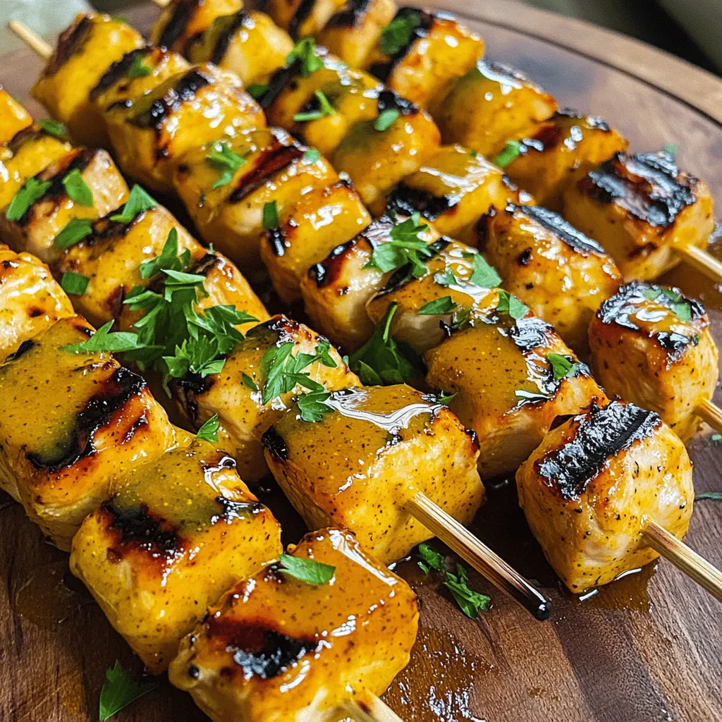 - 1 lb (450g) boneless chicken breast, cut into 1-inch cubes - 1/4 cup honey - 1/4 cup Dijon mustard For this recipe, I use chicken breast because it cooks well and stays juicy. Honey adds a sweet touch, while Dijon mustard brings a tangy flavor that makes this dish special. - 2 tablespoons olive oil - 1 tablespoon apple cider vinegar - 2 cloves garlic, minced The olive oil keeps the chicken moist. Apple cider vinegar adds a nice zing. Garlic gives the marinade a depth of flavor that you’ll love. - 1 teaspoon paprika - Salt and pepper to taste - Fresh parsley, chopped (for garnish) Paprika adds a lovely color and mild spice. Salt and pepper enhance all the other flavors. Fresh parsley on top makes the dish look bright and fresh. For the full recipe, check out the detailed list of ingredients and instructions. Enjoy making these honey mustard chicken skewers! - In a medium bowl, whisk together these ingredients: - 1/4 cup honey - 1/4 cup Dijon mustard - 2 tablespoons olive oil - 1 tablespoon apple cider vinegar - 2 cloves garlic, minced - 1 teaspoon paprika - Salt and pepper to taste This mixture is your marinade. It adds great flavor to the chicken. - Cut 1 lb of boneless chicken breast into 1-inch cubes. Add these pieces to the marinade. Make sure each piece is well-coated. Cover the bowl and refrigerate for at least 30 minutes. This will help the flavors mix well. - Preheat your grill or grill pan over medium-high heat. A hot grill gives a nice sear to the chicken. - Take the marinated chicken cubes and thread them onto your skewers. If using wooden skewers, make sure they are soaked in water for 30 minutes. Leave a little space between each piece. This helps them cook evenly. - Place the skewers on the hot grill. Cook for about 10-12 minutes. Turn the skewers occasionally. This will give you even cooking and nice grill marks. - To check if the chicken is done, use a meat thermometer. The internal temperature should reach 165°F (75°C). After cooking, take the skewers off the grill. Let them rest for a few minutes. Now, you can garnish them with chopped fresh parsley before serving. Enjoy your Honey Mustard Chicken Skewers! Check the [Full Recipe] for more details. To grill chicken skewers well, set your grill to medium-high heat. This heat helps cook the chicken evenly and gives it nice grill marks. If your grill is too hot, the outside burns before the inside cooks. Check the internal temperature; it should be 165°F (75°C) for safe eating. To avoid dry chicken, don’t overcook it. Turn the skewers often for even cooking. I recommend marinating your chicken for at least 30 minutes. This gives the chicken time to soak up all the yummy flavors. For deeper flavor, marinate it for a few hours or overnight if you can. This longer time helps the honey and Dijon mustard really shine. Make sure every piece of chicken gets coated in the marinade. For a beautiful serving, place the skewers on a wooden platter. This gives a rustic feel that looks great. You can drizzle some extra honey mustard sauce on top for added flavor. Add a sprinkle of fresh parsley for color and freshness. Pair your skewers with a simple green salad or grilled veggies to make a complete meal. Your guests will love the look and taste! For the full recipe, check out the Honey Mustard Chicken Skewers. {{image_2}} You can easily swap chicken for other proteins. Try pork, shrimp, or beef. Each will add a unique twist to the flavor. For a leaner option, use turkey breast. Just cut it into cubes like chicken. If you want a vegetarian option, consider using tofu or tempeh. Both soak up the marinade well and give you a nice texture. Cut them into chunks and follow the same steps. They will grill beautifully and taste amazing with the honey mustard. Want to spice things up? Add different spices or herbs to the marinade. Try adding cumin for a warm flavor or thyme for a fresh touch. You can also mix in some chili flakes for heat. If you prefer a different sauce, swap honey mustard for barbecue sauce or teriyaki. Both will change the taste but still keep it delicious. The key is to find flavors you enjoy. Pairing your skewers with the right sides makes a big difference. A simple green salad works well. Toss in some cherry tomatoes and cucumbers for color. Grilled veggies are also a great match. Think bell peppers, zucchini, or corn on the cob. They complement the skewers nicely. You can even serve them on the same grill for added flavor. For a heartier option, consider serving the skewers with rice or quinoa. Both are filling and soak up the honey mustard sauce. They create a balanced meal that everyone will love. For the full recipe, check the section above. Enjoy your cooking adventure! To store your leftover honey mustard chicken skewers, place them in an airtight container. Make sure the skewers are cool before sealing the lid. This helps the chicken stay fresh. Leftovers last about 3 to 4 days in the fridge. If you want to freeze the skewers, wrap them tightly in plastic wrap and then foil. This keeps out air and prevents freezer burn. They can stay frozen for up to 3 months. When you’re ready to eat, thaw them overnight in the fridge. For quick thawing, you can use the microwave on the defrost setting. To reheat, place the skewers on a baking sheet in the oven at 350°F (175°C) for about 10 minutes. This keeps the chicken juicy and warm. If using a microwave, heat in short bursts. This helps maintain the chicken's flavor and texture. Enjoy your delicious skewers just like the first time! I recommend marinating the chicken for at least 30 minutes. This allows the chicken to soak up all the tasty flavors from the marinade. If you have time, marinate it for up to 2 hours for even better flavor. Just remember not to go overboard with time. The acids in the marinade can make the chicken mushy if left too long. Yes, you can use wooden skewers. However, it’s important to soak them in water for about 30 minutes before grilling. This prevents them from burning on the grill. If you forget to soak them, you might end up with charred skewers instead of delicious chicken! If you don’t have Dijon mustard, you can use yellow mustard or whole grain mustard. Yellow mustard is milder and tangy. Whole grain mustard adds texture and a bolder taste. Both options will still give you a yummy flavor in your dish. The best way to check if the chicken is done is to use a meat thermometer. Insert it into the thickest part of the chicken. The internal temperature should reach 165°F (75°C). If you don’t have a thermometer, you can cut into a piece of chicken. The juices should run clear, not pink. Always ensure it is cooked fully for safety. In this blog post, we covered how to make delicious grilled chicken skewers. We explored key ingredients like chicken breast, honey, and Dijon mustard, along with a rich marinade. I shared step-by-step grilling instructions and tips to ensure perfect results. Remember, marination adds deep flavor, while the right cooking technique keeps chicken juicy. You can explore variations, different proteins, and exciting sides to elevate your meal. Follow the storage tips I provided for your leftovers. Enjoy grilling and experimenting with flavors for a tasty, satisfying dish anytime!