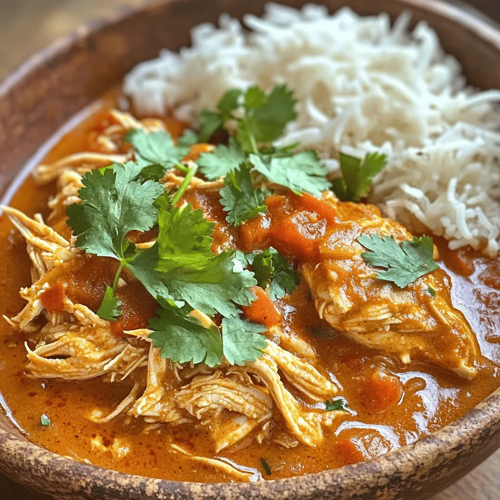 - 1.5 lbs boneless, skinless chicken thighs - 1 medium onion, finely chopped - 4 cloves garlic, minced - 1-inch piece ginger, grated - 1 can (14 oz) crushed tomatoes - 1 cup coconut milk - 2 tablespoons tomato paste - 2 tablespoons garam masala - 2 teaspoons ground cumin - 1 teaspoon ground coriander - 1 teaspoon paprika - 1 teaspoon turmeric - 1 teaspoon cayenne pepper (adjust for spice level) - Salt and pepper to taste - 1 tablespoon olive oil - Fresh cilantro, for garnish The chicken thighs are the star of this dish. They stay juicy and tender after long cooking. I love using boneless, skinless thighs for their rich flavor. Onions, garlic, and ginger bring depth to the sauce. They create a beautiful base when sautéed together. Spices like garam masala, cumin, and coriander create the signature taste of tikka masala. The crushed tomatoes and coconut milk add creaminess and tang. Tomato paste boosts the tomato flavor, making it richer. - Different spices for heat - Vegetables to add nutrition - Alternative proteins If you want more heat, try adding chili powder or fresh chilis. You can also mix in veggies, like bell peppers or spinach, for added nutrition. If you prefer, swap the chicken with chickpeas or tofu for a vegetarian twist. Each change can give your dish a new vibe! For the [Full Recipe], check the main article. First, marinate your chicken. I use boneless, skinless chicken thighs for this dish. They stay moist and tender during cooking. In a bowl, mix the chicken with salt, pepper, and spices like garam masala, cumin, coriander, paprika, turmeric, and cayenne pepper. Toss the chicken well to coat it with all the flavors. This step makes your dish tasty and aromatic. Next, sauté the onions, garlic, and ginger. Heating olive oil in a skillet brings out their flavors. Cook the onions until they are soft and translucent, which takes about 5-7 minutes. Then, add minced garlic and grated ginger. Cook them for just one more minute. This step is key to getting a rich, flavorful base for your chicken tikka masala. Now, it’s time to combine everything in the slow cooker. First, transfer the cooked onions, garlic, and ginger into the slow cooker. Add the marinated chicken, crushed tomatoes, coconut milk, and tomato paste. Stir gently to combine all the ingredients. Cover the slow cooker. Cook on low for 6-7 hours or on high for 3-4 hours. The chicken will be tender and easy to shred when done. After cooking, remove the chicken from the slow cooker. Use two forks to shred the chicken easily. Once shredded, return it to the sauce. Stir well to mix everything together. This step blends the flavors fully and makes every bite delicious. For the full recipe, check out the recipe section above. To make your chicken tikka masala just right, adjust the spices. If you like it mild, cut back on the cayenne pepper. If you crave heat, add more. Tasting as you cook helps find your ideal balance. If the sauce turns out too watery, don’t worry. You can thicken it easily. Cook it uncovered for about 30 minutes on high. This allows steam to escape and the sauce to reduce. You can also make this dish in an Instant Pot. Use the sauté function for the onions, garlic, and ginger. Then, add the chicken and other ingredients. Set the pot to pressure cook for about 10 minutes. This method saves time and still gives great flavor. For a traditional stovetop version, cook everything in a large pot. Simmer for about 30-40 minutes until the chicken is tender. Stir often to prevent sticking. Serve your chicken tikka masala with fluffy basmati rice or warm naan. These pair well and soak up the sauce. For a touch of color, garnish with fresh cilantro. You can also drizzle a bit of coconut milk on top for a nice look. This dish not only tastes good but also looks beautiful on the plate. Enjoy each bite! For the full recipe, check out the detailed instructions above. {{image_2}} You can easily make this dish vegetarian or vegan. Simply swap the chicken for chickpeas or tofu. Chickpeas add protein and a nice texture. Tofu absorbs the rich sauce and becomes flavorful. If you use tofu, choose firm or extra-firm for the best results. Adjust cooking times to about 4-5 hours on low for chickpeas and 3-4 hours for tofu. Always check for tenderness. Flavors from India vary by region. North Indian recipes often use cream and butter, while South Indian dishes may include coconut milk and curry leaves. You can add local vegetables like bell peppers or spinach to boost flavor. Consider spices from the region, like mustard seeds for South Indian flair. This adds depth and character to your dish. If you need gluten-free options, this recipe is already safe. All the ingredients are naturally gluten-free. For those on a low-carb diet, skip the rice and naan. Instead, serve with cauliflower rice or a fresh salad. This keeps it light and still delicious. Always check labels on canned products to avoid hidden gluten. To keep your Slow Cooker Chicken Tikka Masala fresh, store it properly. First, let it cool to room temperature. Then, place it in a sturdy, airtight container. You can store it in the fridge for up to three days. If you want to keep it longer, freezing is a great option. Freeze it in a freezer-safe container. It can last up to three months in the freezer. When you’re ready to enjoy your leftovers, reheat them safely. You can use the microwave or the stovetop. If using the microwave, heat on medium power for a few minutes, stirring halfway through. On the stovetop, use low heat and stir often to prevent sticking. Be careful! The sauce can separate if it gets too hot. To avoid this, add a splash of coconut milk while reheating. Meal prep can save you time on busy days. You can prepare Chicken Tikka Masala in advance. Cook a big batch and store it in portions. This way, you can grab a container when you need a quick meal. Pair each portion with rice or naan for easy reheating. This makes weeknight dinners quick and delicious! For the full recipe, check out the details above. You can keep Slow Cooker Chicken Tikka Masala in the fridge for about 3-4 days. Make sure to store it in an airtight container. This keeps it fresh and safe to eat. If you want to keep it longer, consider freezing it. Yes, you can make Chicken Tikka Masala without coconut milk. Use heavy cream or yogurt instead for creaminess. If you want a dairy-free option, try using almond milk or cashew cream. These alternatives still give a nice texture and flavor. Serve Slow Cooker Chicken Tikka Masala with fluffy basmati rice or warm naan bread. You can also add a side of roasted vegetables or a fresh salad. This makes the meal balanced and colorful. For extra flavor, sprinkle some fresh cilantro on top. In this blog post, we explored how to make delicious Slow Cooker Chicken Tikka Masala. We covered essential ingredients like chicken thighs and spices, as well as handy steps for cooking. Whether you prefer a vegetarian take or want tips for meal prep, this dish is flexible and rewarding. Remember, adjusting spices and experimenting with flavors can enhance your dish. Enjoy your cooking and savor the rich flavors of this beloved recipe. Try it out, and let your taste buds do the talking!