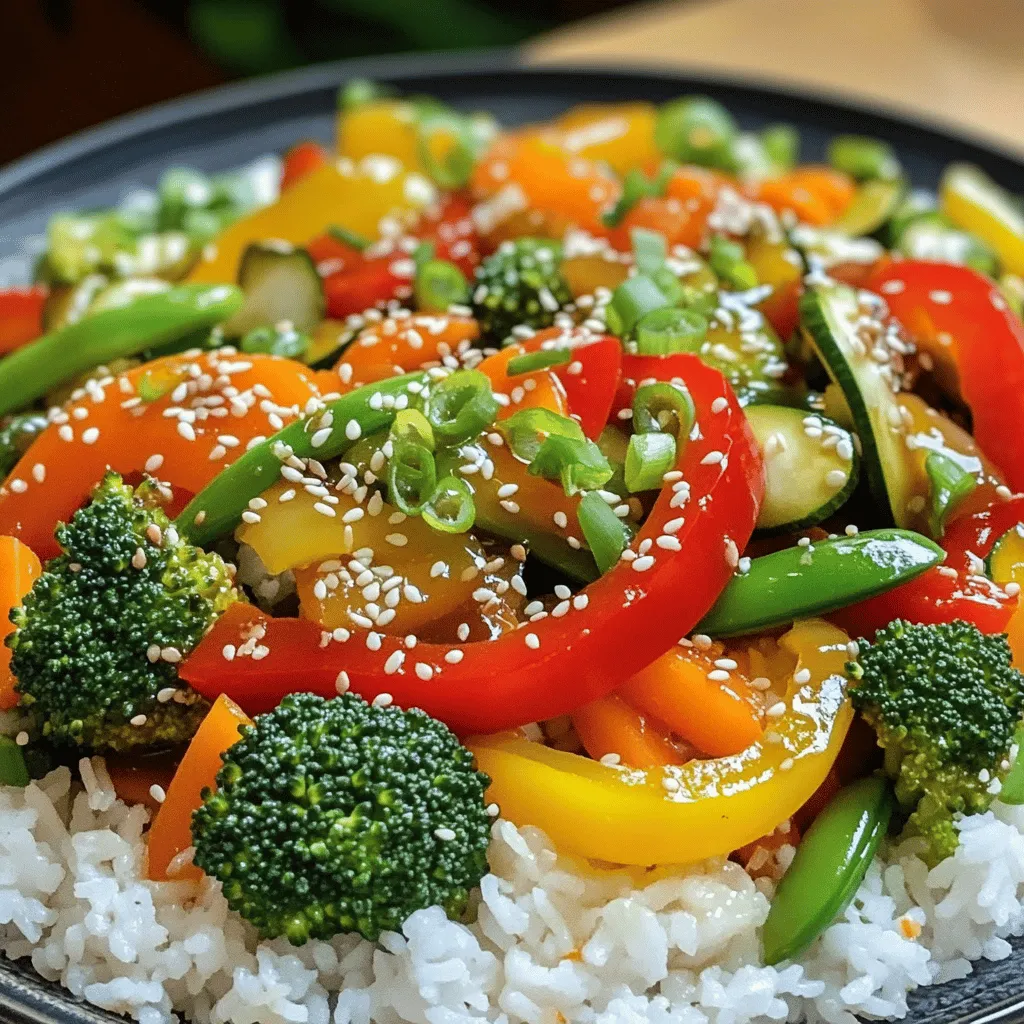 For the best quick veggie stir-fry, you need fresh and colorful ingredients. Here are the main items: - 2 tablespoons olive oil - 1 bell pepper (red or yellow), sliced - 1 cup broccoli florets - 1 carrot, julienned - 1 cup snap peas - 1 small zucchini, sliced - 2 green onions, chopped - 3 cloves garlic, minced - 1 tablespoon fresh ginger, grated - 2 tablespoons soy sauce (or tamari for gluten-free) - 1 tablespoon sesame oil - Salt and pepper to taste - Sesame seeds (for garnish) - Cooked rice or quinoa (to serve) These ingredients create a mix of flavors and colors. They bring nutrition and taste to your meal. You can add more fun to your stir-fry with these extras: - Mushrooms for earthiness - Bell peppers for sweetness - Spinach or kale for greens - Peanuts or cashews for crunch - Chili flakes for heat Feel free to mix and match based on what you like or have on hand. These add-ins make your dish even more exciting. To keep your stir-fry fresh, consider these tips: - Choose vibrant and firm vegetables. - Wash and slice veggies just before cooking. - Use high heat to keep them crisp. - Store leftovers in an airtight container. These steps ensure you enjoy your meal while keeping it healthy and fresh. For the full recipe, be sure to check the details above. Start by washing all your veggies. This keeps them fresh and clean. Slice the bell pepper and zucchini into thin pieces. Cut the broccoli into small florets. Julienning the carrot makes it cook faster and look nice. Finally, chop the green onions. Mince the garlic and grate the ginger. This prep makes cooking smooth and quick. Heat the olive oil in a large pan over medium-high heat. When the oil is hot, add the minced garlic and grated ginger. Sauté them for about 30 seconds. You want to smell the aroma, but don’t let them burn. Next, toss in the bell pepper, broccoli, carrot, and zucchini. Stir-fry this mix for 3 to 4 minutes. The veggies should soften but stay bright. Then add the snap peas and stir-fry for 2 more minutes. They should be crunchy and colorful. Now, drizzle the soy sauce and sesame oil over the stir-fry. Toss everything to coat well. Season with salt and pepper to fit your taste. Stir-fry for another minute to blend the flavors. Remove from the heat. Top the dish with green onions and sesame seeds. Serve it warm over cooked rice or quinoa for a tasty meal. For the full recipe, check the details above. To keep your veggies crisp, don’t overcook them. Cook on high heat for a short time. Stir-fry quickly to lock in color and crunch. Avoid covering the pan while cooking. This keeps moisture out and helps your vegetables stay crisp. Soy sauce and sesame oil are classic choices. They add depth and richness. Try adding a splash of rice vinegar for some tang. Garlic and ginger bring a great aroma and flavor. For a spicy kick, add chili flakes or fresh peppers. You can mix and match these to find your favorite blend. Start with the denser veggies like carrots and broccoli. Cook these for about 3-4 minutes. Then, add quicker-cooking items like snap peas and zucchini. Stir-fry for another 2 minutes. Always check for doneness; they should be tender but still vibrant. This timing ensures a mix of textures in your Quick Veggie Stir-Fry. For the full recipe, see above. {{image_2}} You can add protein to your veggie stir-fry for extra nutrition. Tofu is a great option. Use firm or extra-firm tofu for the best texture. Cut it into cubes and pan-fry it before adding veggies. Chicken also works well. Slice the chicken thinly and cook it first in the hot oil. Once cooked, add your vegetables to the pan. This way, you get tasty protein and vibrant veggies in one dish. Feel free to play with vegetable choices in your stir-fry. You can use any veggies you like. Try bell peppers, carrots, or even mushrooms. Brussels sprouts and bok choy add unique flavors too. For a colorful mix, use purple cabbage or corn. Just remember to cut all veggies into similar sizes for even cooking. This keeps your stir-fry looking great and ensures every bite is delicious. The sauce can make or break your dish. Soy sauce is classic, but you can switch it up! Try teriyaki sauce for a sweeter taste. Alternatively, use oyster sauce for a rich flavor. If you want a kick, add some chili paste. For a fresh twist, mix in lime juice or rice vinegar. Each option gives your stir-fry a new life. You can follow the [Full Recipe] to get started and experiment with these options! After making your quick veggie stir-fry, let it cool down to room temp. Store it in an airtight container. This helps keep the flavors fresh. You can keep it in the fridge for up to three days. When storing, make sure to separate any rice or quinoa. This prevents it from getting soggy. When you’re ready to eat leftovers, reheating them right is key. Use a non-stick skillet over medium heat. Add a splash of water or broth to keep the veggies moist. Stir gently for about five minutes. This helps the veggies stay crisp and bright. You can also use the microwave. Heat for about one minute, then stir. Check if it’s warm enough and heat more if needed. If you want to save your stir-fry for later, freezing is an option. However, some veggies don’t freeze well. Broccoli and snap peas can become mushy. To freeze, first, cook the stir-fry but skip the final seasoning. Let it cool completely before placing it in a freezer-safe bag. Remove as much air as possible. You can keep it in the freezer for up to three months. When ready to eat, thaw it in the fridge overnight. Reheat as mentioned above. Enjoy your meal! It takes about 20 minutes to make Quick Veggie Stir-Fry. You’ll spend 10 minutes prepping the veggies and 10 minutes cooking them. This quick recipe works well for busy weeknights. Yes, you can make this stir-fry vegan. Just use tamari instead of soy sauce for a gluten-free option. All the veggies in this dish are plant-based, making it perfect for vegans. The best vegetables for stir-frying include bell peppers, broccoli, and snap peas. You can also add carrots, zucchini, and green onions. Choose colorful veggies for a vibrant dish. For the best taste, use fresh, crisp vegetables. Feel free to mix and match based on what you have at home. Check out the Full Recipe for more details. In this post, we explored how to make a quick veggie stir-fry. We covered key ingredients, cooking steps, and useful tips. You learned about protein options and how to store leftovers properly. Stir-frying vegetables is fast and fun. Use fresh ingredients and your favorite seasonings. With practice, you can make delicious meals with ease. Enjoy your cooking!