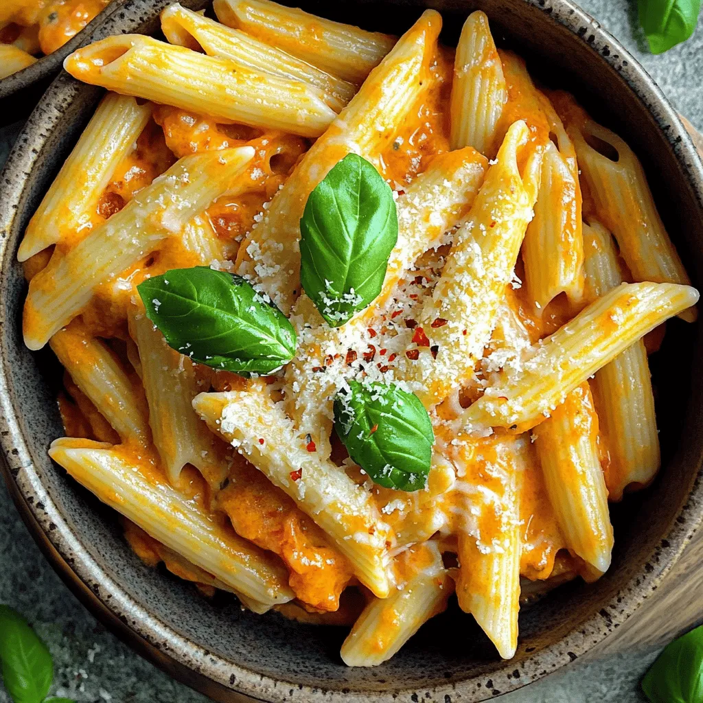 To make creamy vodka pasta, gather these main ingredients: - 12 oz penne pasta - 1 tablespoon olive oil - 4 cloves garlic, minced - 1 can (14 oz) crushed tomatoes - 1 cup heavy cream - 1 teaspoon red pepper flakes (adjust to taste) - 1 teaspoon sugar - Salt and pepper to taste - 1 cup fresh basil leaves, chopped - ½ cup grated Parmesan cheese (plus more for serving)