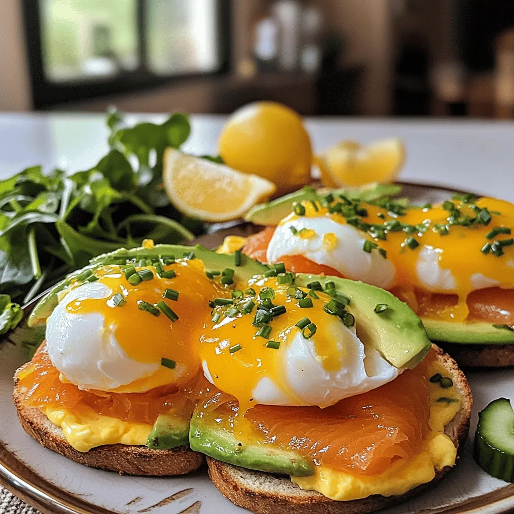 - 4 large eggs - 2 English muffins, split and toasted - 4 slices of smoked salmon - 1 ripe avocado, sliced - 2 tablespoons white vinegar - Salt and pepper to taste - Fresh chives, finely chopped (for garnish)