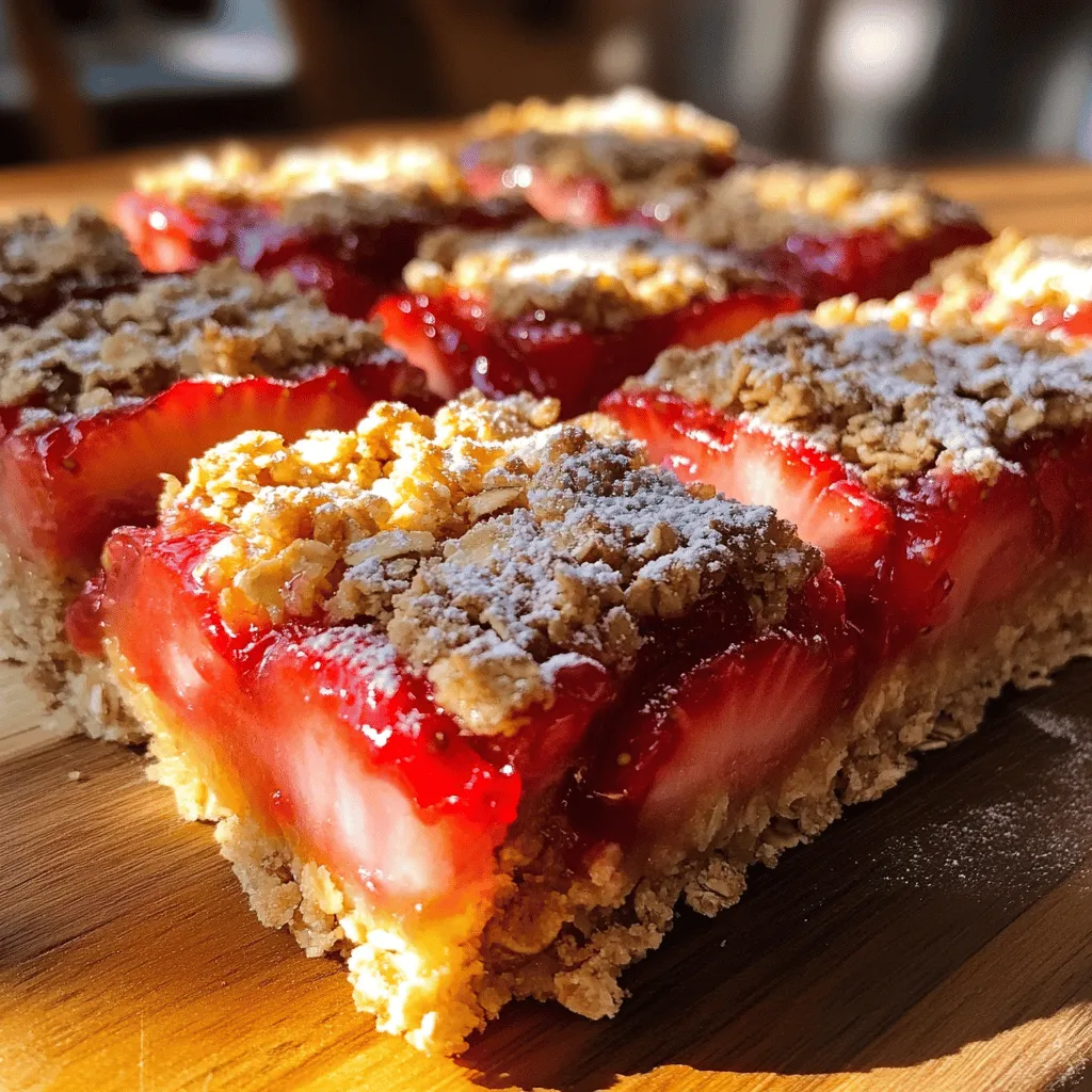 - 2 cups rolled oats - 1 cup whole wheat flour - 1/2 cup brown sugar - 1/2 teaspoon baking powder - 1/2 teaspoon baking soda - 1/4 teaspoon salt - 1 teaspoon cinnamon - 1/2 cup unsalted butter, melted - 1/4 cup honey or maple syrup - 1 teaspoon vanilla extract - 1 cup fresh strawberries, hulled and diced - 1/2 cup strawberry jam - Optional: 1/4 cup chopped nuts or seeds