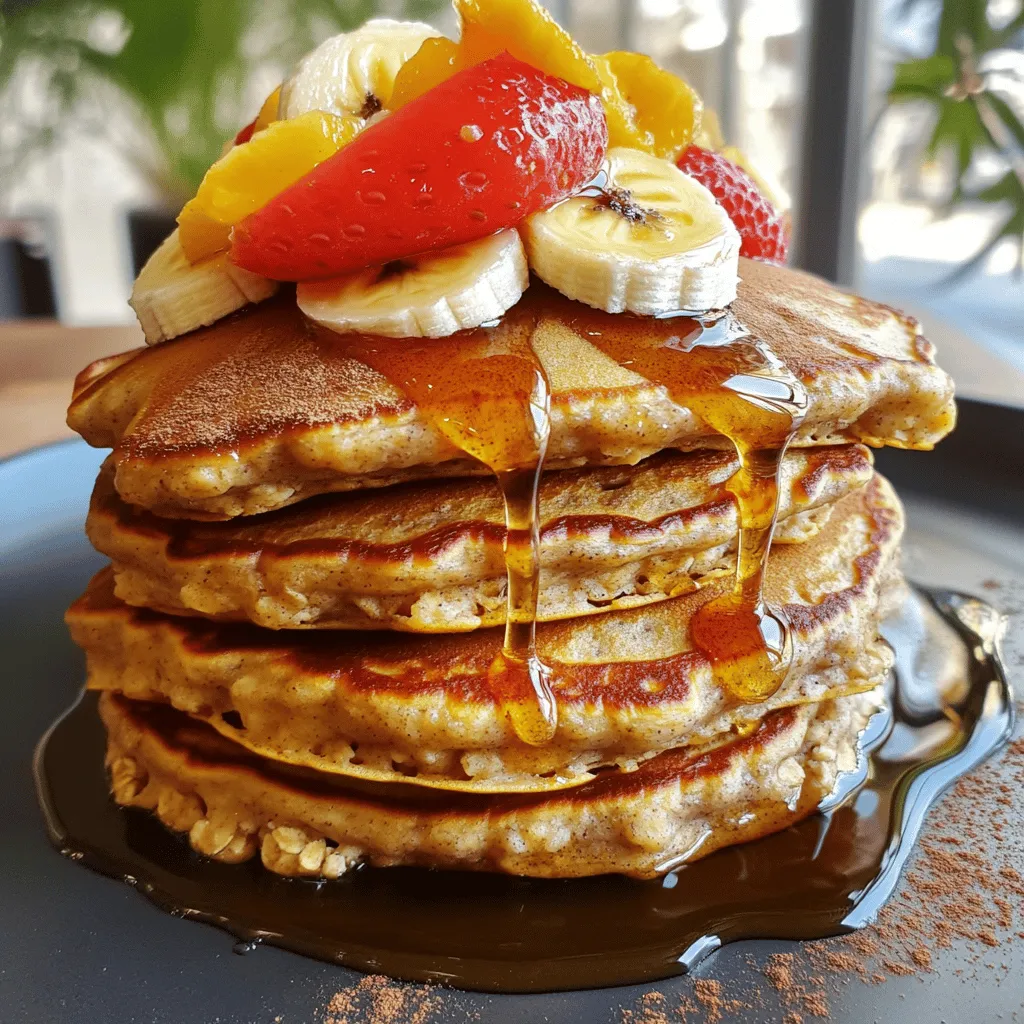 To make tasty banana oatmeal pancakes, you need: - 1 cup rolled oats - 1 ripe banana, mashed - 1/2 cup milk (dairy or plant-based) - 1/2 teaspoon baking powder - 1/2 teaspoon cinnamon - 1/4 teaspoon nutmeg (optional) - 1 egg (or 1/4 cup unsweetened applesauce for a vegan option) - 1 teaspoon vanilla extract - Pinch of salt - Coconut oil or butter for cooking These ingredients blend well to create fluffy pancakes. The oats serve as a great base, while the banana adds natural sweetness. You can add some fun extras to boost the flavor: - Chopped nuts for crunch - Chocolate chips for sweetness - Berries for a fresh touch These ingredients let you change up the taste. You can mix or match based on what you like. If you don’t have an ingredient, don't worry! Here are some swaps: - Use almond milk instead of regular milk. - Swap the egg for flaxseed meal mixed with water. - You can replace cinnamon with pumpkin spice for a new flavor. These options help you make pancakes fit your needs. Feel free to get creative! For the full recipe, check out the details above. Begin by placing 1 cup of rolled oats in your blender. Blend them until they turn into a fine flour. This oat flour will serve as the base for your pancakes. Using oats makes them gluten-free. It also adds fiber and nutrients. Next, grab a bowl and mash 1 ripe banana. Then, add 1/2 cup of milk, 1 egg (or 1/4 cup applesauce), and 1 teaspoon of vanilla extract. Mix these wet ingredients well. You want a smooth consistency. This step adds moisture and flavor to your pancakes. Now, combine the oat flour with your wet mixture. Add 1/2 teaspoon of baking powder, 1/2 teaspoon of cinnamon, and a pinch of salt. If you like, add 1/4 teaspoon of nutmeg. Stir everything gently until just mixed. A few lumps are okay; don’t overmix. Heat a non-stick skillet over medium heat. Add a small amount of coconut oil or butter. Let it melt and coat the bottom of the pan. This will help prevent sticking and give your pancakes a nice brown color. Pour about 1/4 cup of batter onto the skillet for each pancake. Cook them for 2-3 minutes until bubbles form on the top. Flip the pancakes and cook for another 2-3 minutes until they turn golden brown. Keep an eye on them; they cook fast! Stack your pancakes on a warm plate. Drizzle with maple syrup and add fresh fruit on top. Berries or banana slices work great. This adds color and extra flavor. Enjoy your delicious and healthy Banana Oatmeal Pancakes! For complete details, check the Full Recipe. To get the best texture, blend the oats well. You want them to be fine like flour. This makes the pancakes light and fluffy. Don’t overmix your batter; a few lumps are fine. Letting the batter rest for a few minutes helps too. This allows the oats to absorb some moisture. One common mistake is using old bananas. You need ripe bananas for sweetness and flavor. Another error is cooking the pancakes on too high heat. Keep the heat medium to avoid burning. Also, don’t flip too soon. Wait for bubbles to form on top before flipping. Toppings can make your pancakes shine! I love to add fresh fruit like strawberries or blueberries. A drizzle of maple syrup enhances the flavor. You can also sprinkle nuts for crunch or a dollop of yogurt for creaminess. For a twist, try adding a spoonful of nut butter. You can find the full recipe to explore more delicious ideas! {{image_2}} You can easily make these pancakes vegan. Just swap the egg for applesauce. Use 1/4 cup of unsweetened applesauce. This keeps the pancakes moist and fluffy. The bananas add natural sweetness. You won’t miss the egg at all! These pancakes are naturally gluten-free if you use rolled oats. Make sure your oats are certified gluten-free. This step is important to avoid cross-contamination. You blend the oats into a flour, which makes a great base. This ensures everyone can enjoy these delicious pancakes! You can add extra flavors to make these pancakes even better. Try adding chocolate chips for a sweet treat. Just mix in 1/4 cup of dark chocolate chips. For a fruity twist, add blueberries or diced strawberries. You can fold in 1/2 cup of fresh or frozen fruit. This gives a burst of flavor in every bite. These fun options keep breakfast exciting! For the full recipe, check out the details above. You can store leftover pancakes in a simple way. First, let them cool completely. Then, stack them with a piece of parchment paper between each pancake. This keeps them from sticking together. Place the stack in an airtight container. Store the container in the fridge for up to three days. This method keeps your pancakes fresh and tasty. Reheating pancakes is easy. You can use the microwave or a skillet. For the microwave, place a pancake on a plate. Heat on high for about 20-30 seconds. Check if it's warm enough. If not, heat for another 10 seconds. For the skillet, heat a little butter or oil over medium heat. Place the pancake in the skillet and warm for about 1 minute on each side. This gives a nice crispy edge. Freezing pancakes is a great way to save time. To freeze, let the pancakes cool completely. Stack them with parchment paper in between. Place the stack in a freezer-safe bag or container. Make sure to remove as much air as possible. You can freeze them for up to two months. When you're ready, take out the pancakes and reheat them as usual. This way, you always have a quick breakfast option! You can find the complete recipe for these pancakes in the Full Recipe section. Yes, you can use steel-cut oats, but the texture will change. Steel-cut oats are less processed, so they will not blend into a fine flour. This means your pancakes may be denser and chewier. If you want a smoother texture, stick with rolled oats. To reduce sweetness, use less banana or swap it with unsweetened applesauce. You can also skip adding maple syrup on top. Another option is to use plain yogurt as a topping instead. This adds creaminess without the extra sugar. To keep pancakes warm, preheat your oven to 200°F (93°C). Place a baking sheet inside. As you cook each pancake, transfer them to the sheet. This keeps them warm without drying them out. Yes, you can make these pancakes ahead. Cook them, then let them cool completely. Store them in an airtight container in the fridge for up to three days. You can also freeze them for later. Just reheat in the toaster or microwave when you are ready to eat. For the full recipe, check out the earlier section! Banana oatmeal pancakes are simple and fun to make. We covered the key ingredients, tasty variations, and how to store leftovers. Many options exist to fit your taste and diet, like vegan or gluten-free choices. Follow the tips to avoid common mistakes and achieve the perfect texture. This recipe is flexible, so feel free to add your favorite flavors. Enjoy a healthy treat that’s easy to make and share!