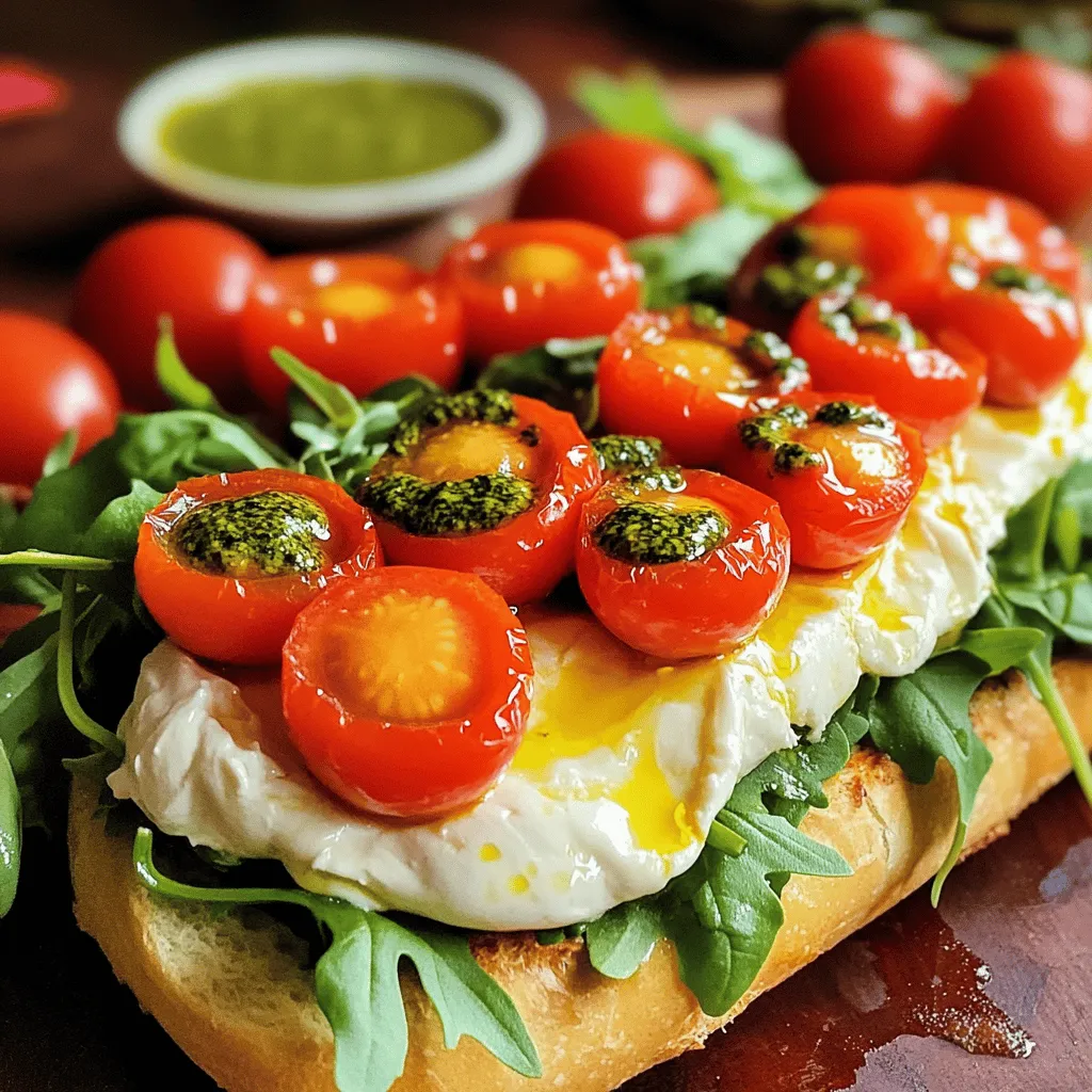 - Essential components for the sandwich: - 2 large ciabatta rolls - 200g burrata cheese - 1 cup cherry tomatoes, halved - 2 tablespoons olive oil - 1 teaspoon balsamic vinegar - 1 teaspoon fresh basil, chopped (plus extra for garnish) - 1 clove garlic, minced - Salt and pepper to taste - Fresh arugula or spinach leaves