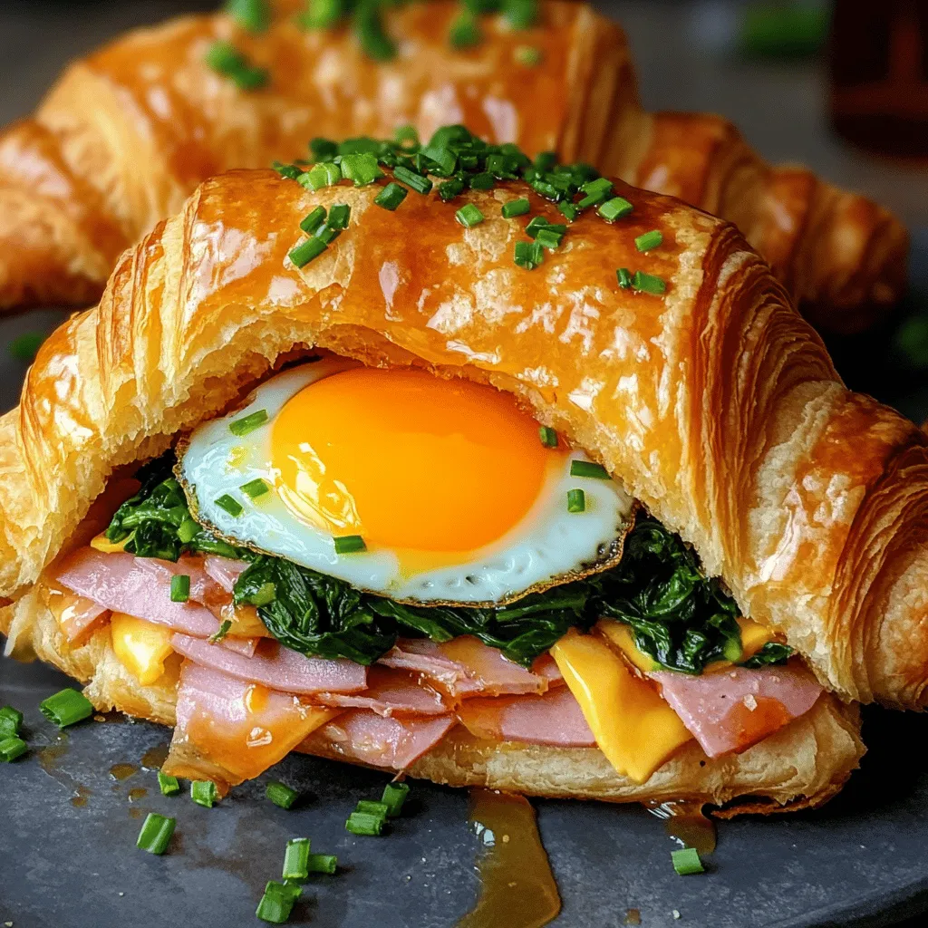- 2 large croissants - 4 slices of ham - 4 large eggs - 1/4 cup shredded sharp cheddar cheese