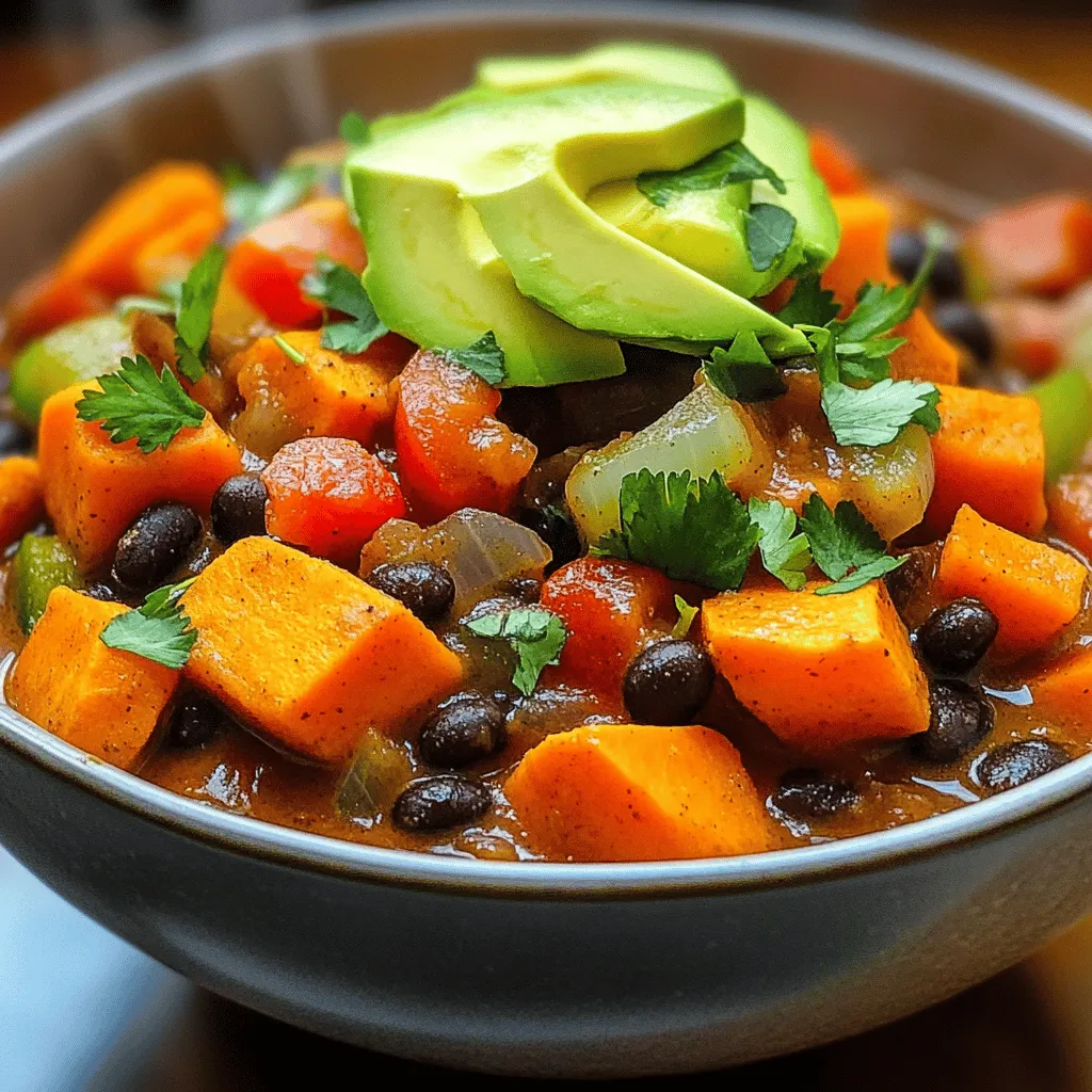 - Sweet potatoes: Use 2 medium sweet potatoes. Peel and dice them into small cubes. This helps them cook fast and blend well with other ingredients. - Beans and tomatoes: I prefer one can of black beans, rinsed and drained. Also, use one can of diced tomatoes with green chilies for a nice kick. You can swap black beans for pinto or kidney beans if you want. - Spices and seasonings: The spices make this dish special. I use chili powder, cumin, and smoked paprika. They add depth and warmth to the chili. Adjust the amount based on your taste. A little salt and pepper are also key to balance the flavors. This combination of ingredients is simple but packs a lot of flavor. For the full recipe, check the Sweet Potato & Black Bean Chili section. Start by gathering all your ingredients. It makes things easier. Peel and dice the sweet potatoes. Chop the onion and red bell pepper. Mince the garlic. This step saves time later. Heat two tablespoons of olive oil in a large pot over medium heat. Add the chopped onion and red bell pepper. Sauté them for about five minutes, until they soften. Then add the minced garlic. Cook for an extra minute. You want to smell the garlic but not burn it. Next, it’s time to spice things up. Add the diced sweet potatoes to the pot. Sprinkle in the chili powder, cumin, smoked paprika, salt, and pepper. Stir well to coat the sweet potatoes. This helps to release the flavors from the spices. Now, pour in the vegetable broth and the can of diced tomatoes, juices included. Bring the mixture to a boil. This step wakes up all the flavors. Once boiling, reduce the heat to low. Cover the pot and let it simmer for about 20 to 25 minutes. Check the sweet potatoes for tenderness. They should be soft enough to pierce with a fork. If they are not tender yet, give them a few more minutes. The longer they simmer, the better the flavor. Once your sweet potatoes are ready, stir in the rinsed black beans. Let the chili simmer for another five minutes to heat through. This step ensures the beans absorb the chili's rich flavor. Finally, it’s time to taste. Adjust seasoning as needed. Add more salt, pepper, or spices if you want. This is your chili, and it should taste just right for you. For the full recipe, check out [Full Recipe]. Enjoy your delicious Sweet Potato and Black Bean Chili! What goes well with chili? I love pairing my sweet potato and black bean chili with warm cornbread. The soft, sweet bread complements the chili's spices. You can also serve it with a side of tortilla chips for a fun crunch. A simple green salad adds freshness and balances the meal. How to enhance presentation? Garnish your chili with fresh cilantro and avocado slices. These bright colors make the dish inviting. A sprinkle of cheese or a dollop of sour cream adds richness. You can use lime wedges for a zesty touch. These small details elevate both the look and taste of your meal. What about slow cooker vs. stovetop? You can use a slow cooker for this chili. Just follow the same steps and cook it on low for 6-8 hours. This method makes flavors meld beautifully. The stovetop method is faster and takes about 40 minutes. Both options yield a delicious dish, so choose what fits your schedule. How to customize heat levels? Start with the spice levels in the recipe. You can add more chili powder or a pinch of cayenne for heat. If you prefer milder flavors, reduce the chili powder. Taste your chili as it cooks. Adjust spices until you find your perfect balance. {{image_2}} You can change the beans in this chili for more variety. Try using pinto beans, kidney beans, or chickpeas. Each bean adds a unique flavor and texture. If you want to add more veggies, consider carrots, zucchini, or corn. These options boost nutrition and add color. To increase the heat, add diced jalapeños or a pinch of cayenne pepper. You can also use hot chili powder for a spicier kick. For a unique flavor blend, try adding smoked chipotle powder or curry powder. These spices give the chili an exciting twist. If you're curious about the full recipe, check out the Sweet Potato and Black Bean Chili recipe for more details. After making Sweet Potato and Black Bean Chili, you might have some leftovers. Storing them correctly keeps your chili fresh for later. - Refrigeration: Place the chili in an airtight container. It stays good in the fridge for about 3 to 5 days. Always let it cool before sealing. This helps prevent moisture buildup. - Freezing: If you want to store it longer, freezing is a great option. Use a freezer-safe container or bag. Make sure to leave some space for expansion. The chili can last up to 3 months in the freezer. When you’re ready to enjoy your chili again, reheating it well is key. - Best methods for reheating chili: The stovetop works best. Pour the chili into a pot and heat over medium. Stir it often to heat evenly. You can also use a microwave. Just transfer it to a microwave-safe bowl, and heat in short bursts, stirring in between. - Avoiding texture changes during reheating: If you freeze the chili, it might separate a bit. Stir well while reheating to blend it back together. If it seems too thick, add a splash of vegetable broth or water to loosen it up. Enjoy it just as delicious as the first time! Can I use canned sweet potatoes instead of fresh? Yes, you can use canned sweet potatoes. They save time. Rinse and drain them before adding. Note that they may be softer than fresh ones. This can change the chili's texture a bit. How can I make this recipe vegan? This recipe is already vegan! It uses vegetable broth and no animal products. Just check the labels on your canned goods to ensure they are vegan-friendly. What are the nutrition facts for this chili? This chili is packed with nutrients. Each serving has about 200 calories. It offers fiber, protein, and vitamins from sweet potatoes and black beans. This makes it a healthy meal option. How to thicken chili without cornstarch? You can thicken chili by simmering it longer. This helps the liquid reduce. Another way is to mash some beans in the pot. This adds thickness and keeps the flavor strong. Best ways to add creaminess to my chili? To add creaminess, consider using coconut milk or a dollop of sour cream. You can also stir in some cream cheese or cashew cream for a rich texture. This blog post covered how to make sweet potato and black bean chili. We explored ingredients and why they matter. You learned key steps in preparation and cooking. We also shared tips for serving and creative variations. Chili is versatile and easy to adapt. Don't hesitate to try different beans or spices. With practice, you'll master your own version. Enjoy your cooking, and let your taste guide you!