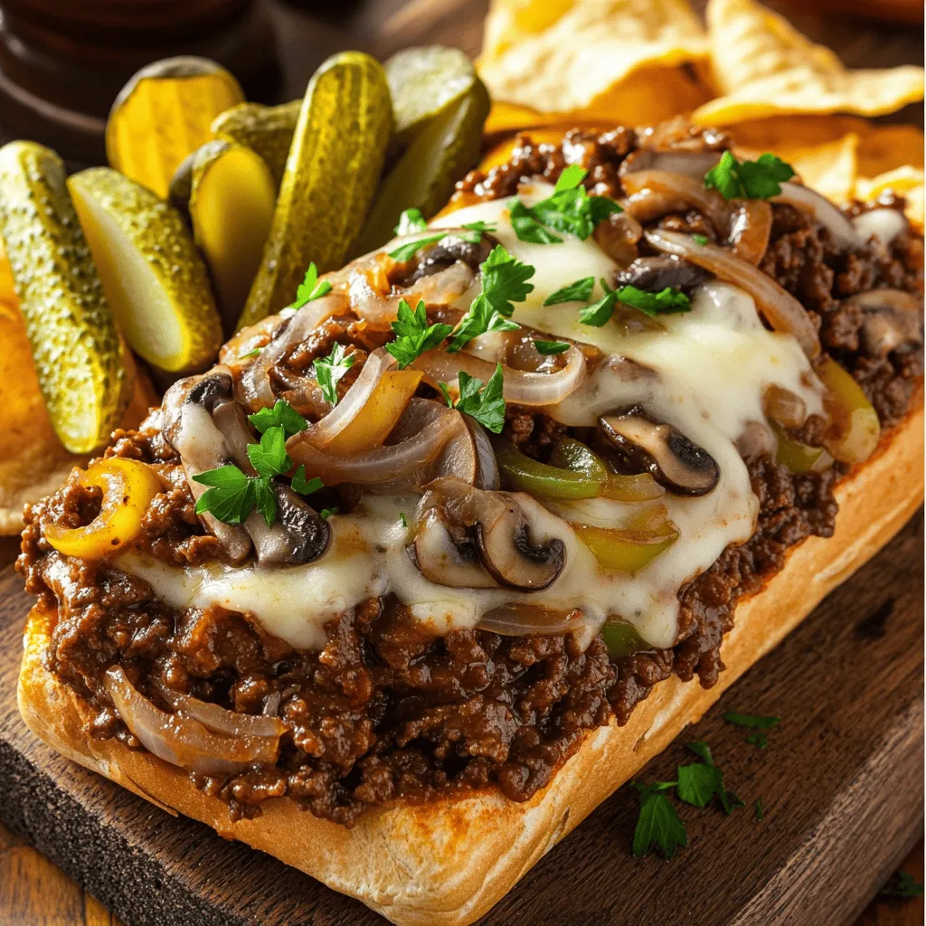 - 1 lb ground beef - 1 medium onion, finely chopped - 1 green bell pepper, finely chopped - 1 cup mushrooms, diced - 2 cloves garlic, minced - 1 tablespoon Worcestershire sauce - 1 teaspoon soy sauce - 1 teaspoon salt - ½ teaspoon black pepper - ½ teaspoon paprika - 1 cup beef broth - 4 to 6 sandwich rolls or hamburger buns - 1 ½ cups provolone cheese, shredded - Fresh parsley, chopped (for garnish)