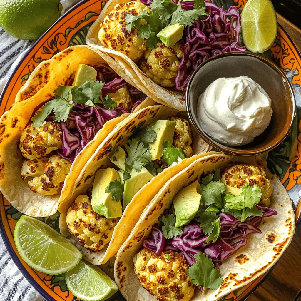 For these tasty tacos, you need a few simple ingredients: - 1 medium head of cauliflower, cut into small florets - 2 tablespoons olive oil - 1 tablespoon smoked paprika - 1 teaspoon cumin - 1 teaspoon garlic powder - Salt and pepper to taste - 8 small corn tortillas These ingredients make the base of the dish. The cauliflower gives a nice texture. The spices add depth and flavor. Olive oil helps everything roast well. Now, let’s make it even better with some fun toppings: - 1 cup red cabbage, shredded - 1 avocado, sliced - 1/2 cup fresh cilantro, chopped - 1 lime, cut into wedges - Optional: 1/4 cup vegan sour cream or cashew cream for drizzling These toppings add color and freshness. The avocado brings creaminess. The lime juice brightens the flavors. You can mix and match any toppings you like. Keep these items in your pantry for easy meal prep: - Olive oil - Canned beans or lentils for added protein - Spices like chili powder and oregano - Tortillas (corn or flour) These staples will help you create more meals. Having them on hand makes cooking fun and easy. Explore other recipes using these ingredients for more dish ideas. For the full recipe, check out the vibrant vegan cauliflower tacos. Start by washing your cauliflower head. Cut it into small florets. This helps each piece cook evenly. Place the florets in a large bowl. Next, add olive oil, smoked paprika, cumin, garlic powder, salt, and pepper. Toss everything together until the florets are well coated. This mix gives the cauliflower a great flavor. Preheat your oven to 425°F (220°C). Line a baking sheet with parchment paper. This makes cleanup easy. Spread the seasoned cauliflower in a single layer on the sheet. Roast it in the oven for 25 to 30 minutes. Halfway through, toss the cauliflower for even cooking. You want it tender and caramelized. The smell will be amazing! While the cauliflower roasts, heat a skillet over medium heat. Warm the corn tortillas for about 30 seconds on each side. This makes them soft and easy to fold. Take a tortilla and add a generous scoop of roasted cauliflower. Then, top it with shredded red cabbage, sliced avocado, and fresh cilantro. If you like, drizzle some vegan sour cream or cashew cream on top. Serve with lime wedges on the side for a fresh burst of flavor. For the full recipe, you can refer to the instructions provided above. To get that great taste, start with fresh cauliflower. Cut it into small florets. This helps it roast evenly. Toss the florets in olive oil and spices. Smoked paprika adds a nice smoky flavor. Roast at 425°F (220°C) for 25-30 minutes. Toss them halfway through for even cooking. Look for golden edges; that’s when they are done. You can tweak the flavors to your taste. Try adding chili powder for heat. A pinch of cayenne will spice things up. For a fresh taste, squeeze lime juice over the roasted cauliflower. You can also mix in some nutritional yeast for a cheesy flavor. Don't skip the salt and pepper. They bring out all the other flavors. Presentation is key for any dish. Use a colorful platter for your tacos. Stack the tortillas neatly, and make them look inviting. Add lime wedges in a small bowl for color. Top the tacos with fresh cilantro for a pop of green. Serve them right after you assemble. A drizzle of vegan sour cream or cashew cream makes them look gourmet. For the full recipe, check out the vibrant vegan cauliflower tacos! {{image_2}} You can use many types of tortillas for your vegan cauliflower tacos. Corn tortillas are classic and gluten-free. They hold the filling well and add a nice flavor. Flour tortillas are soft and chewy. They work great if you want a bigger taco. You can also try whole wheat tortillas for extra fiber. For a twist, use lettuce wraps. They are fresh and low in carbs. While cauliflower is the star, you can mix in other proteins. Black beans are a great choice. They add protein and fiber. Chickpeas also work well. They are hearty and have a nutty flavor. If you want a bit more crunch, try adding roasted lentils. For a creamy touch, you can add some tofu. It soaks in flavors and adds protein too. Toppings can take your tacos to a new level. Besides red cabbage, try shredded carrots or sliced radishes for crunch. You can also add diced tomatoes for freshness. If you love heat, sprinkle some jalapeños on top. For a sweet twist, add mango salsa. It pairs well with the spices in the cauliflower. You can also drizzle a spicy sauce for an extra kick. For more delicious ideas, check out the Full Recipe for vegan cauliflower tacos. After enjoying your vegan cauliflower tacos, store any leftovers in an airtight container. Let the tacos cool down first to keep them fresh. Place the cauliflower, toppings, and tortillas in separate containers. This keeps the tortillas from getting soggy. Store them in the fridge for the best taste. To reheat, start with the cauliflower. Spread it on a baking sheet and warm it in the oven at 350°F (175°C) for about 10-15 minutes. This helps to keep it crispy. For the tortillas, heat a skillet over medium heat. Warm each tortilla for about 30 seconds on both sides. This makes them soft and tasty again. Vegan cauliflower tacos can last in the fridge for 3 to 5 days if stored properly. If you want to keep them longer, you can freeze the cauliflower. It will stay good for up to 3 months in the freezer. Just remember to thaw it before reheating. For the full recipe, check the details above. Yes, vegan cauliflower tacos are very healthy. They are full of nutrients. Cauliflower offers fiber, vitamins, and minerals. It also has few calories, making it a great choice. The toppings, like avocado and cabbage, add healthy fats and crunch. Olive oil gives you heart-healthy fat. When you roast the cauliflower, it gets a nice flavor without extra fat. This dish is not only tasty but also good for your body. Absolutely! You can easily make this recipe gluten-free. Just use corn tortillas, which are naturally gluten-free. You can find them at most grocery stores. Make sure to check the label to confirm they are gluten-free. If you want, you can also use lettuce wraps instead. These give a fresh twist and are fun to eat. Enjoy your tacos without worry! Many sauces work great with vegan cauliflower tacos. Here are some of my favorites: - Vegan sour cream: Adds creaminess and balances the spices. - Cashew cream: Rich and nutty, it enhances the flavor of the tacos. - Hot sauce: Adds a spicy kick for those who love heat. - Avocado lime sauce: A creamy, zesty option that brightens the dish. Experiment with these sauces to find your favorite combo. Each brings a unique taste to your meal. For the full recipe, check out the complete guide above. Vegan cauliflower tacos are simple and fun to make. We covered the main ingredients, roasting tips, and how to build your tacos. I shared ideas for toppings, variations, and storage tips. These tacos are not just tasty, but also healthy. Feel free to get creative with your ingredients and enjoy the flavors. Keep exploring recipes, and remember: cooking should be a joy!