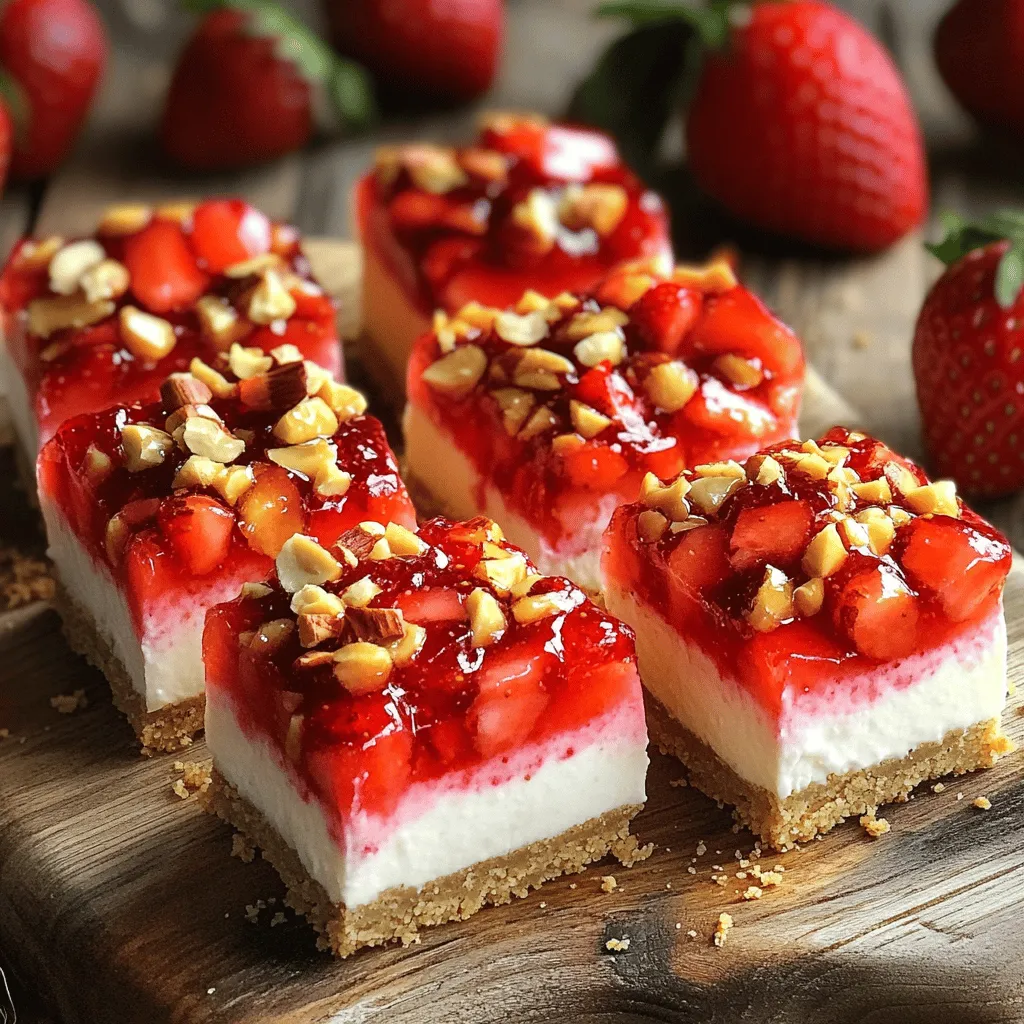 To make these tasty bites, gather the following ingredients: - 1 cup graham cracker crumbs - 1/2 cup unsalted butter, melted - 8 oz cream cheese, softened - 1/2 cup powdered sugar - 1 teaspoon vanilla extract - 1/2 cup heavy whipping cream - 1 cup fresh strawberries, diced - 1/4 cup strawberry jam - 1/2 cup crushed nuts (walnuts or almonds) - Extra whole strawberries for garnish