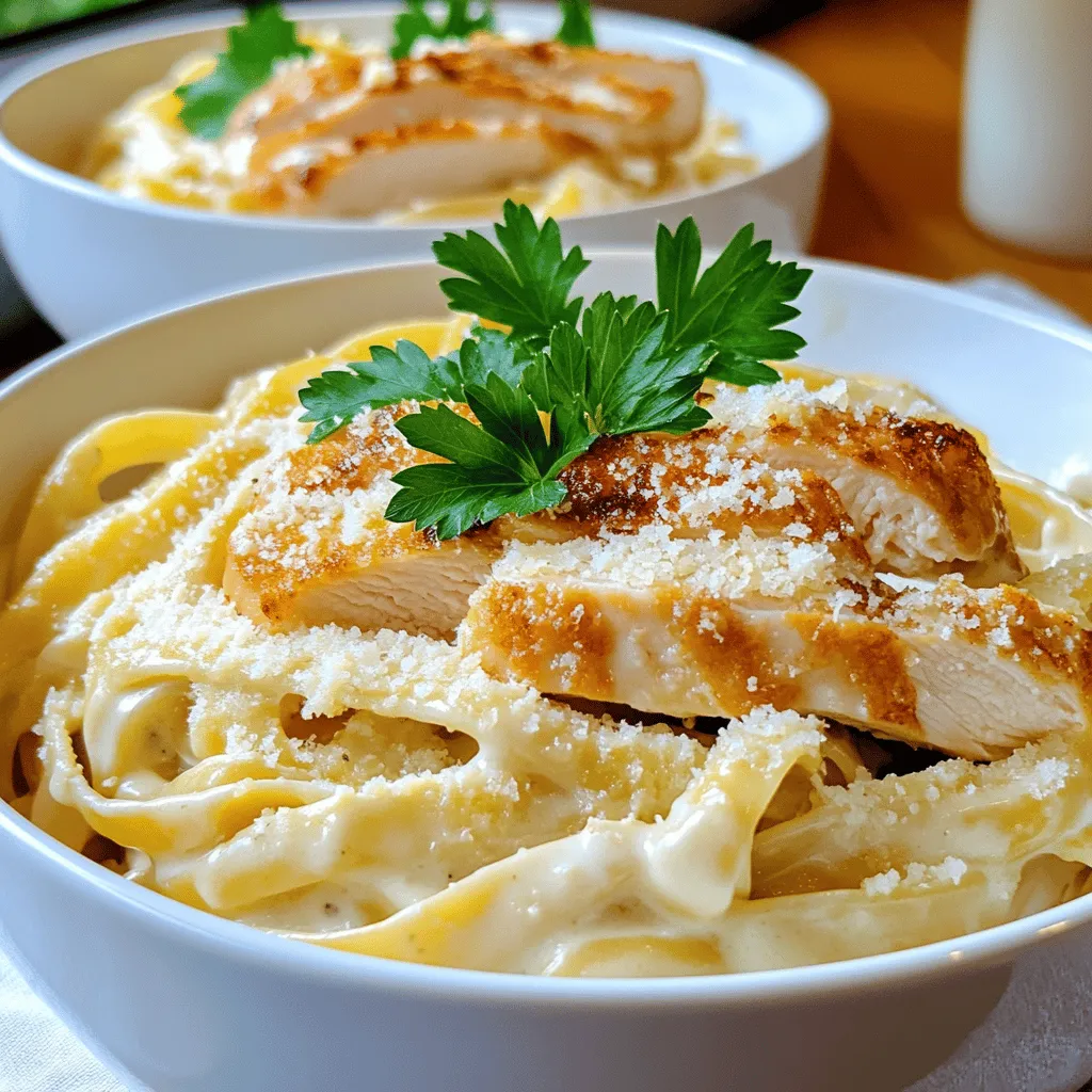 To make creamy chicken fettuccine Alfredo, you need these key items: - 8 oz fettuccine pasta - 2 boneless, skinless chicken breasts - 2 tablespoons olive oil - Salt and black pepper to taste - 3 cloves garlic, minced - 1 cup heavy cream - 1 cup freshly grated Parmesan cheese - 1 teaspoon Italian seasoning - 1/4 teaspoon nutmeg (optional) - Fresh parsley, chopped, for garnish