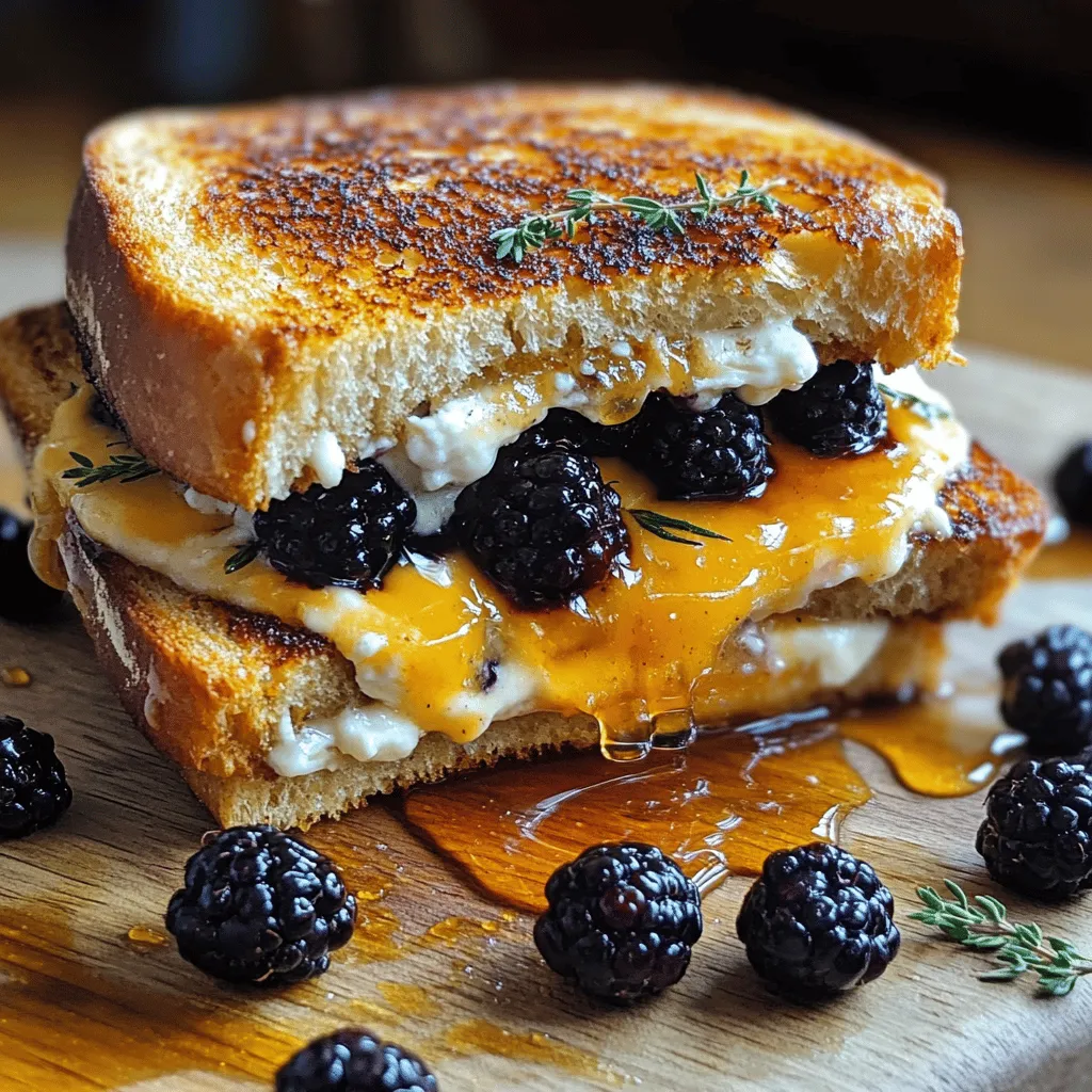 - 4 slices of sourdough bread - 4 oz goat cheese, softened - 1 cup fresh blackberries - 2 tablespoons honey - 1 tablespoon fresh thyme leaves - 2 tablespoons unsalted butter - Pinch of salt and pepper