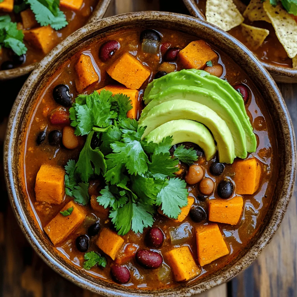 To make a delicious Vegan Sweet Potato Chili, gather these key items: - 2 medium sweet potatoes, peeled and diced - 1 can (15 oz) black beans, rinsed and drained - 1 can (15 oz) kidney beans, rinsed and drained - 1 can (28 oz) crushed tomatoes - 1 medium onion, diced - 3 cloves garlic, minced - 1 bell pepper (any color), chopped - 2 cups vegetable broth - 2 tablespoons olive oil These ingredients create a hearty base for your chili. The sweet potatoes add natural sweetness, while the beans give protein and texture. The crushed tomatoes provide a rich, tangy sauce that ties everything together. The magic of chili comes from its spices. Use these to bring great flavor: - 1 tablespoon chili powder - 1 teaspoon ground cumin - 1 teaspoon smoked paprika - Salt and black pepper to taste - Optional: a pinch of cayenne pepper for heat These spices create warmth and depth in your dish. Chili powder adds a nice kick, while cumin brings earthiness. Smoked paprika offers a subtle smokiness that enhances the overall taste. To make your chili even better, consider these toppings: - Fresh cilantro, for garnish - Sliced avocado, for creaminess - Tortilla chips, for crunch These toppings add fresh flavors and textures. Cilantro brightens the dish, while avocado provides richness. Tortilla chips add a satisfying crunch, making every bite exciting. For the full recipe, check out the details to start cooking your Vegan Sweet Potato Chili today! Start by peeling and dicing the sweet potatoes. This gives you a sweet, creamy base. Next, rinse the black beans and kidney beans in a colander. This removes excess salt and helps them taste fresher. Now, chop your onion and bell pepper. These add great flavor and texture to the chili. Heat two tablespoons of olive oil in a large pot over medium heat. Once the oil is hot, add the diced onion. Sauté it for about five minutes until it softens. Next, stir in three cloves of minced garlic and the chopped bell pepper. Cook these for another two to three minutes until they smell great. Now, add the diced sweet potatoes to the pot. Sauté them for about five minutes, stirring occasionally. This helps to kickstart their flavor. Then, sprinkle in one tablespoon of chili powder, one teaspoon of ground cumin, and one teaspoon of smoked paprika. Mix everything well so the spices coat the vegetables. Pour in one can of crushed tomatoes and two cups of vegetable broth. Add the rinsed black beans, kidney beans, and one cup of corn. Stir everything together to combine. Bring the mixture to a boil. Then, reduce the heat to low. Let it simmer for about 25 to 30 minutes. This allows the sweet potatoes to become tender. After simmering, season the chili with salt and black pepper to taste. If you like heat, add a pinch of cayenne pepper. Once done, remove the pot from heat. Let the chili sit for a few minutes. This allows the flavors to meld beautifully. For the complete recipe, visit the Full Recipe section. Enjoy your hearty bowl of vegan sweet potato chili! If you want to add heat, cayenne pepper works great. Start with a small pinch. You can always add more later. If you prefer mild chili, skip the cayenne. You can also use sweet peppers instead of spicy ones. That keeps the dish flavorful but gentle on the taste buds. Feel free to swap out ingredients based on what you have. Use pinto beans instead of black or kidney beans. You can also try chickpeas for a different taste. If you don’t have vegetable broth, water works fine. For veggies, use zucchini or carrots if you prefer. Just chop them small so they cook well. To make your chili deeper in flavor, let it simmer longer. A 40-minute simmer can really help the tastes blend. You can also add a splash of lime juice for brightness. Another good tip is to roast your sweet potatoes first. This brings out their natural sweetness and adds depth. {{image_2}} If you want to boost the protein in your chili, lentils are a great choice. They cook fast and soak up flavor well. Just add them to the pot with the sweet potatoes. Another option is textured vegetable protein, or TVP. TVP has a meaty texture and is easy to use. You simply rehydrate it in water before mixing it in. Both options make the chili filling and nutritious. Feel free to get creative with your veggie choices. You can add seasonal or favorite vegetables to the mix. Zucchini, spinach, or even carrots work nicely. If you have bell peppers in different colors, toss them in for a vibrant look. Each vegetable offers unique flavors and textures, making your chili even more exciting. Want some heat? You can easily spice things up. Start by adding more chili powder. A pinch of cayenne pepper also does the trick. If you like it hot, consider adding jalapeños or serrano peppers. For a smoky flavor, smoked paprika is your friend. Adjusting these elements will create a spicy vegan sweet potato chili that warms you right up. After making your vegan sweet potato chili, let it cool down. Store the leftovers in an airtight container. This keeps it fresh and tasty. In the fridge, it lasts about 4 to 5 days. Make sure to label your container with the date. This way, you can track how long it's been there. If you notice any off smell or strange color, it's best to toss it out. Freezing chili is easy and great for meal prep. First, let the chili cool completely. Then, pour it into freezer-safe containers or bags. Leave some space at the top because liquids expand when frozen. You can freeze it for up to 3 months. When you're ready to eat, just thaw it in the fridge overnight. This keeps the flavor intact. To enjoy your chili again, reheat it gently. You can use a pot on the stove or a microwave. If using the stove, heat it on low, stirring often. If you use the microwave, heat it in short bursts. Stir in between to ensure even heating. Add a splash of vegetable broth if it seems too thick. This helps keep the texture rich and smooth. Enjoy your flavorful meal just like the first time! For the full recipe, check out the Spicy Vegan Sweet Potato Chili section. Vegan sweet potato chili stays fresh in the fridge for about 4 to 5 days. To keep it tasty, store it in an airtight container. Make sure to let it cool before sealing. If you see any signs of mold or off smells, it’s best to toss it. Yes, you can easily make this chili in a slow cooker. Start by sautéing the onion, garlic, and bell pepper in a pan. After that, add them to your slow cooker along with the remaining ingredients. Cook on low for 6 to 8 hours or on high for 3 to 4 hours. This method will make the flavors even richer. You have many options for sides! Here are a few ideas: - Warm cornbread - Fluffy rice - Crusty bread - Tortilla chips for dipping - A fresh green salad These sides will pair nicely and make your meal even better. Enjoy! In this blog post, I covered a delicious vegan sweet potato chili recipe. I shared the key ingredients, steps to prepare, and tips for making it your own. You can adjust spice levels, add proteins, or toss in different veggies. The recipe is easy to store and reheat. Experimenting with this dish brings joy to cooking. Enjoy making and sharing your chili masterpiece! Your taste buds will thank you.