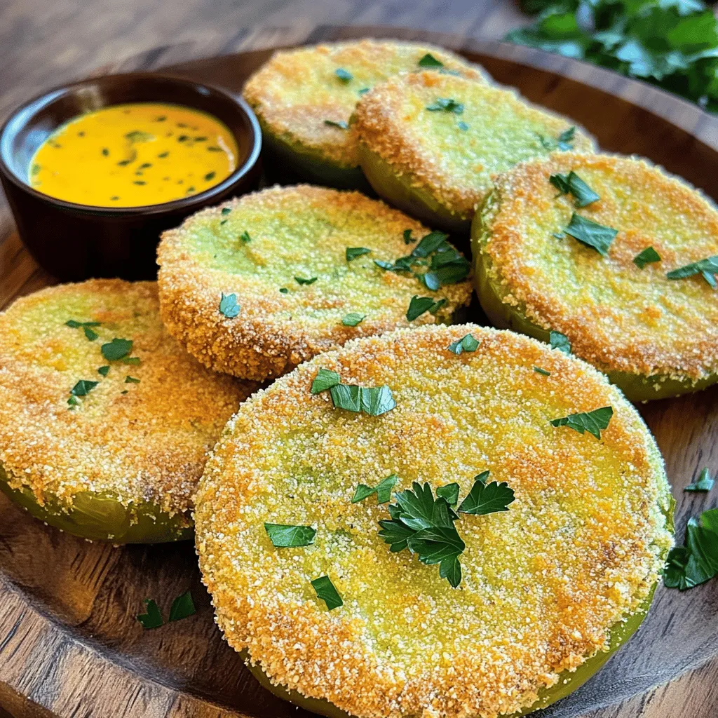 To make oven-fried green tomatoes, you need these simple ingredients: - 4 medium-sized green tomatoes, sliced into 1/4 inch thick rounds - 1 cup all-purpose flour - 2 large eggs - 1 cup cornmeal - 1 teaspoon salt - 1 teaspoon black pepper - 1/2 teaspoon garlic powder - 1/2 teaspoon paprika - 1/4 teaspoon cayenne pepper (optional for heat) - 1/2 cup grated Parmesan cheese - Cooking spray or olive oil for drizzling These ingredients come together to create a tasty and crispy snack. The green tomatoes add a fresh and tangy flavor. The cornmeal gives them a nice crunch, while the Parmesan adds a savory twist. If you want more details on how to prepare this dish, check out the Full Recipe. - Preheat your oven to 425°F (220°C). - Line a baking sheet with parchment paper for easy cleanup. - Slice the green tomatoes into 1/4 inch thick rounds. - Place the slices on a paper towel, sprinkle with salt, and let them sit for 10 minutes. - Pat them dry with a paper towel to remove extra moisture. - Create a breading station with three shallow bowls. - In the first bowl, mix flour with salt and black pepper. - In the second bowl, beat the large eggs until mixed well. - In the third bowl, combine cornmeal, garlic powder, paprika, cayenne pepper, and Parmesan cheese. - Dredge each tomato slice in the flour first, shaking off extra flour. - Dip it into the egg mixture, letting excess drip off. - Finally, coat the slice in the cornmeal mixture, pressing gently for an even layer. - Arrange the breaded tomato slices in a single layer on the baking sheet. - Lightly spray the tops with cooking spray or drizzle olive oil for crispiness. - Bake in the oven for 20-25 minutes. Flip the slices halfway through for even cooking. - Look for a golden brown color and crispy texture. - Remove from the oven and let cool for a few minutes before serving. For the full recipe, feel free to refer back to the earlier section. To get that perfect crunch, start by drying the tomatoes. Lay the sliced tomatoes on paper towels and sprinkle them with salt. Let them rest for about 10 minutes. This step removes excess moisture, which helps them crisp up. Afterward, pat them dry with more paper towels. When you apply oil, less is more. Lightly spray the tops with cooking spray or drizzle with olive oil. This helps the cornmeal stick and promotes even browning. Remember, too much oil can create a soggy texture. These crispy treats shine with the right dips. A zesty remoulade adds a tangy kick. You can also try a simple yogurt dip mixed with lemon juice and fresh herbs. Both options enhance the flavors of the tomatoes. As for sides, serve them with fresh salads or coleslaw. These add crunch and balance the dish. You can also pair them with grilled meats or fish for a complete meal. One big mistake is overcrowding the baking sheet. If you stack the tomato slices, they won’t cook evenly. Always arrange them in a single layer with space in between. Another error is not seasoning properly. Don’t skip the salt and spices in the breading. Proper seasoning brings out the tomatoes' natural flavor. A dash of cayenne pepper adds a nice kick if you like heat. {{image_2}} You can enhance your oven-fried green tomatoes with extra flavors. Here are some ideas: - Herbs and Spices: Mix dried herbs like oregano, thyme, or basil into the cornmeal. This adds fresh taste and aroma. You can also try adding a bit of smoked paprika for a deeper flavor. - Cheese: Swap out the Parmesan for other cheeses. Try cheddar or mozzarella for a different taste. A mix of cheeses can create a rich, savory layer. If you want to try other ways to cook these tomatoes, here are two options: - Air Fryer: Preheat your air fryer to 400°F (200°C). Place the breaded tomato slices in a single layer. Cook for 10-12 minutes, flipping halfway through. You’ll get a crispy texture with less oil. - Pan-Frying: Heat oil in a skillet over medium heat. Add the breaded tomato slices in batches. Fry until golden brown, about 3-4 minutes per side. This method gives a nice crunch but uses more oil. You can easily make this recipe vegan. Here’s how: - Egg Substitute: Instead of eggs, use unsweetened plant milk with a tablespoon of ground flaxseed mixed in. Let it sit for a few minutes to thicken. - Breading Alternatives: Use plant-based breadcrumbs or crushed cornflakes instead of regular breading. This keeps the crunch while being fully vegan. For the complete recipe, check out [Full Recipe]. To keep your crispy oven-fried green tomatoes fresh, store them in an airtight container. Place a paper towel at the bottom to soak up moisture. This helps retain crunchiness. Refrigerate them for up to three days. When it's time to enjoy them again, reheating is key. Preheat your oven to 375°F (190°C). Place the tomatoes on a baking sheet and heat for about 10 minutes. This method brings back their crispy texture. Avoid the microwave, as it makes them soggy. If you want to freeze your breaded tomatoes, first prepare them according to the recipe. After breading, lay them on a baking sheet in a single layer. Freeze for about two hours until firm. Once frozen, transfer them to a freezer bag. Remove as much air as possible to prevent freezer burn. They can last up to three months in the freezer. To reheat frozen tomatoes, you can bake them directly from the freezer. Preheat your oven to 400°F (200°C) and place the frozen slices on a baking sheet. Bake for 15-20 minutes, flipping halfway through. This method keeps them crispy and delicious. Yes, you can use ripe tomatoes, but the flavor will change. Ripe tomatoes taste sweeter and are softer. Green tomatoes have a tangy taste and a firmer texture. If you prefer a sweet flavor, ripe tomatoes work fine. Just remember, they may not stay as crispy. To keep your tomatoes crispy, start by salting them. Slice the green tomatoes and sprinkle salt on them. Let them sit for about 10 minutes. This step draws out excess moisture. After that, pat them dry with a paper towel. This helps to achieve that perfect crunch. Yes, you can prep the tomatoes earlier. Bread the tomato slices and place them on the baking sheet. Cover them with plastic wrap and refrigerate for up to 2 hours. When ready, bake them straight from the fridge. This saves time and still gives great results. A zesty remoulade pairs well with these crispy bites. You can also mix yogurt, lemon juice, and herbs for a light dip. Both options enhance the flavor and add a fun twist. Serve with your favorite sauce for a tasty snack. For the full recipe, check out the detailed steps above. We covered how to make crispy oven-fried green tomatoes. You learned the right ingredients, steps, and tips for success. Remember to season well and avoid overcrowding the baking sheet. Whether you prefer baking, air-frying, or trying a vegan twist, there’s a method for you. Store leftovers properly to maintain that crunch. Enjoy experimenting with flavors and serving ideas. Get ready to impress your family and friends with this tasty treat!