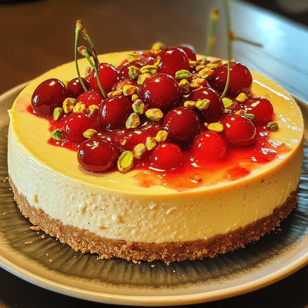 - 1 ½ cups graham cracker crumbs - ½ cup unsalted butter, melted - 2 tablespoons granulated sugar - 16 oz cream cheese, softened - 1 cup powdered sugar - 1 teaspoon vanilla extract - 1 cup sour cream - 2 large eggs - 1 cup cherry pie filling - ½ cup pistachios, chopped (plus extra for topping) - A pinch of salt