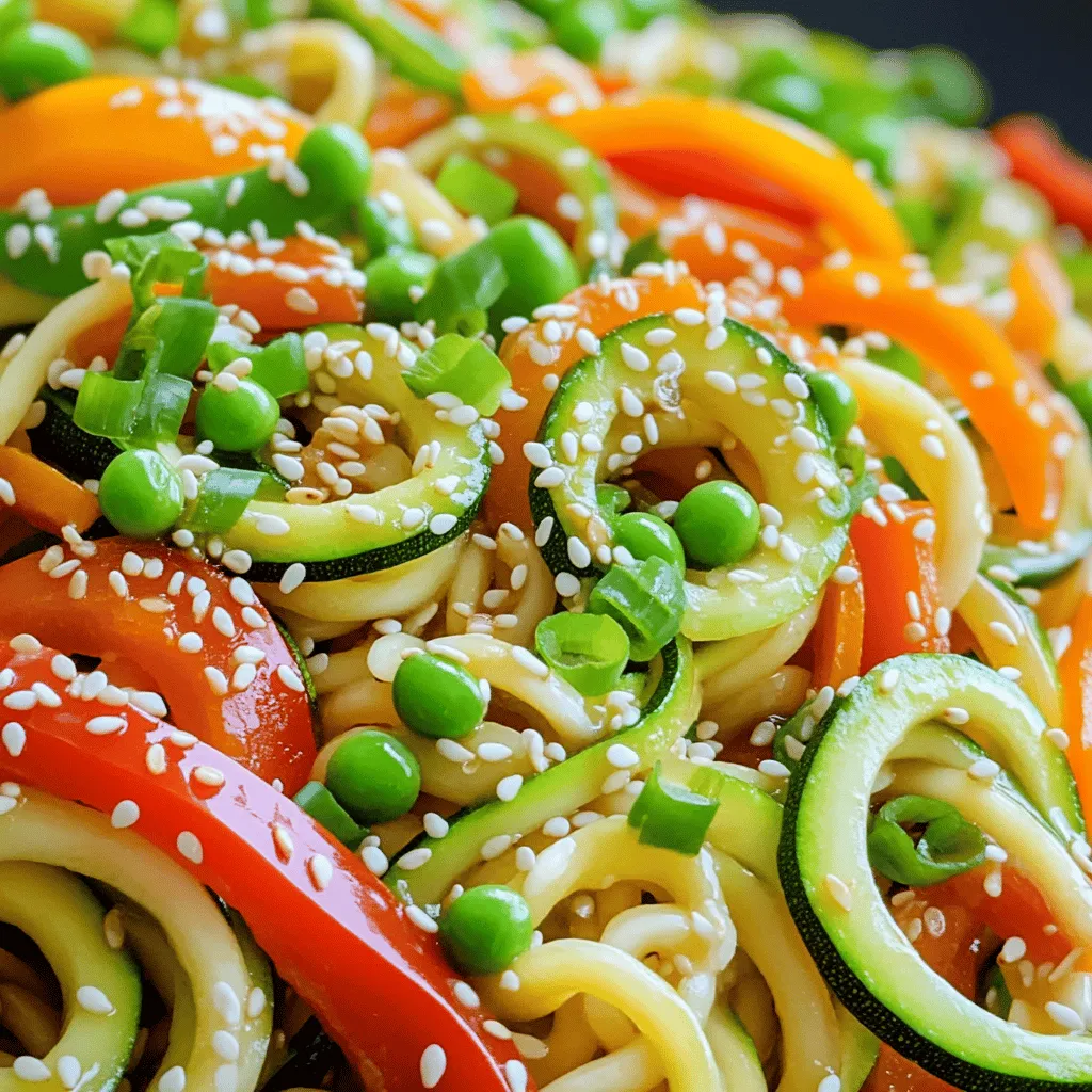 - Zucchini (4 medium, spiralized) - Bell peppers (1 cup, mixed colors, thinly sliced) - Snap peas (1 cup, trimmed) - Garlic (3 cloves, minced) - Ginger (1 tablespoon, freshly grated) - Red onion (1/2, thinly sliced) - Soy sauce (3 tablespoons, or tamari for gluten-free) - Sesame oil (1 tablespoon) - Olive oil (1 tablespoon) For this Zucchini Noodle Stir Fry, I focus on fresh and vibrant ingredients. Zucchini serves as the base, offering a healthy twist. The bell peppers add color and crunch. Snap peas bring a sweet snap that balances the dish. Next, I use garlic, ginger, and red onion to build flavor. These aromatics create a fragrant base. The soy sauce or tamari gives depth and umami, which is key for a stir fry. Sesame oil adds a nutty aroma, while olive oil provides a smooth finish. You can find the full recipe above. This selection keeps it simple yet delicious. Enjoy the mix of flavors and textures in your stir fry! To make the perfect zucchini noodle stir fry, start by spiralizing the zucchini. Grab your spiralizer and turn the zucchinis into long, thin noodles. This step is fun and gives your dish a unique twist. Next, slice the bell peppers into thin strips. You can use any colors you like. They add a vibrant look and sweet flavor. Then, take your red onion and slice it thinly as well. This will add a nice bite to your stir fry. Now, let's julienne the carrot. Cut it into thin matchstick pieces. This will help it cook quickly and mix well with the other veggies. Heat up your skillet over medium-high heat. Add the olive oil and let it warm up. Once it's hot, toss in the sliced red onion. Stir-fry for about 2-3 minutes. The onion should start to look translucent. Next, add the minced garlic and freshly grated ginger. Stir quickly for about 30 seconds. You want to release their wonderful aromas. Now, add the bell peppers, snap peas, and julienned carrots. Stir-fry these veggies for another 3-4 minutes. They should all be bright and slightly tender. Lower the heat a bit and add the zucchini noodles to the skillet. Pour in the soy sauce, sesame oil, and chili flakes. Toss everything gently. Make sure the noodles are well coated with the sauce. Cook for an additional 2-3 minutes. You want the zucchini noodles heated through but still crunchy. When they are ready, remove the skillet from the heat. Garnish your dish with green onions and sesame seeds. Serve it up hot for the best taste! For the complete recipe, check the Full Recipe. - Timing for vegetable doneness: Cook each vegetable based on its texture. Start with onions, then add carrots, peppers, and snap peas. Finally, add zucchini noodles. This way, all veggies stay crisp. - Maintaining crunch in zucchini noodles: Zucchini cooks fast. Stir-fry them for only 2-3 minutes. They should be warm but still firm. This keeps them crunchy and fresh. - Adjusting spice levels with chili flakes: If you like heat, add more chili flakes. Start with one teaspoon, then taste. You can always add more if you want it spicier. - Suggested additional seasonings: Try adding a splash of lime juice or a sprinkle of sesame seeds. These add brightness and a nutty flavor to your dish. - Ingredient swap recommendations: You can use other veggies like broccoli or mushrooms. Feel free to swap bell peppers for zucchini if you want a different twist. - Pairing with proteins: For a heartier meal, add proteins like tofu, chicken, or shrimp. Cook these first, then add them back when you mix in the zucchini noodles. This keeps everything balanced and tasty. For the full recipe, check out the Zesty Zucchini Noodle Stir Fry. {{image_2}} You can swap in seasonal vegetables to keep your dish fresh. For spring, try asparagus or peas. In summer, add fresh corn or tomatoes. In fall, consider butternut squash or bell peppers. Each swap brings new flavors and colors to your zucchini noodle stir fry. You can also use different types of zucchini noodles. Try spiralizing yellow squash for a vibrant twist. You can even use sweet potato noodles for a unique texture. If you need gluten-free options, use tamari instead of soy sauce. This gives the same savory flavor without gluten. For vegan alternatives, simply skip any animal proteins. You can add tofu or chickpeas for protein while keeping it plant-based. This makes the dish suitable for many diets and preferences. To give your stir fry a kick, add chili paste or sriracha. This adds heat and depth to the dish. If you want something sweet, throw in some pineapple or red bell peppers. These add a lovely contrast to the savory flavors. You can mix and match spices and sauces to create your own unique blend. Explore different options to find your favorite flavor combinations. For the full recipe, check out the Zesty Zucchini Noodle Stir Fry 🥒. To keep your zucchini noodle stir fry fresh, place leftovers in airtight containers. This helps to prevent moisture loss and keeps the noodles crisp. I recommend glass containers, as they help maintain flavor and are easy to clean. Let the stir fry cool before sealing it. Store in the fridge for up to three days. If you want to save your stir fry for later, freezing is a great option. First, let the dish cool completely. Then, place it in a freezer-safe bag or container. Try to remove as much air as possible to prevent freezer burn. When you're ready to eat, thaw it overnight in the fridge. To reheat, place it in a skillet over low heat. Add a splash of water or broth to keep everything moist. Stir gently, but be careful not to overcook the zucchini noodles. This way, you avoid mushiness and enjoy a tasty meal again. How do I make zucchini noodles? To make zucchini noodles, you need a spiralizer. Cut the ends off the zucchinis. Then, twist the zucchini against the spiralizer to create long noodles. You can use a julienne peeler too, though a spiralizer is easier. After you spiralize, set the noodles aside until you are ready to cook. Can I use regular pasta instead of zucchini noodles? Yes, you can use regular pasta. However, it will change the dish's health benefits and texture. Zucchini noodles are low in carbs and calories. They also add more fiber. If you want a healthier option, stick with zucchini noodles. What other vegetables can I add to my stir fry? You can add many vegetables to your stir fry. Some great options include broccoli, mushrooms, or spinach. You can also try adding baby corn or bok choy for extra crunch. The more colors you add, the more fun and healthy your dish will be! Caloric content per serving Each serving of zucchini noodle stir fry has about 150 calories. This number can change based on added ingredients or sauces. Using fresh vegetables helps keep the calorie count low. Health benefits of zucchini noodles Zucchini noodles are low in carbs and high in vitamins. They provide vitamin A, C, and potassium. Eating more zucchini can help with digestion due to its fiber. Plus, they are great for hydration since they are about 95% water. Best skillet types for stir frying I recommend using a non-stick skillet or a wok for stir frying. Non-stick pans help prevent food from sticking, making cooking easier. A wok is great for high heat and even cooking, which is perfect for stir fries. Recommended spiralizer models for zucchini noodles For spiralizing, I suggest a hand-held spiralizer or a countertop model. The handheld kind is nice for small kitchens. A countertop spiralizer is faster and easier for larger batches. Brands like Paderno and OXO make good options for both types. In this blog post, we explored a vibrant zucchini noodle stir fry. We covered the main ingredients, like fresh veggies and essential flavors. You learned step-by-step instructions for preparing and cooking the dish. We also offered tips for perfecting your stir fry and suggested variations for different diets and tastes. Remember, cooking is fun and creative. Feel free to mix and match ingredients to make it your own. Enjoy your tasty, healthy meal!