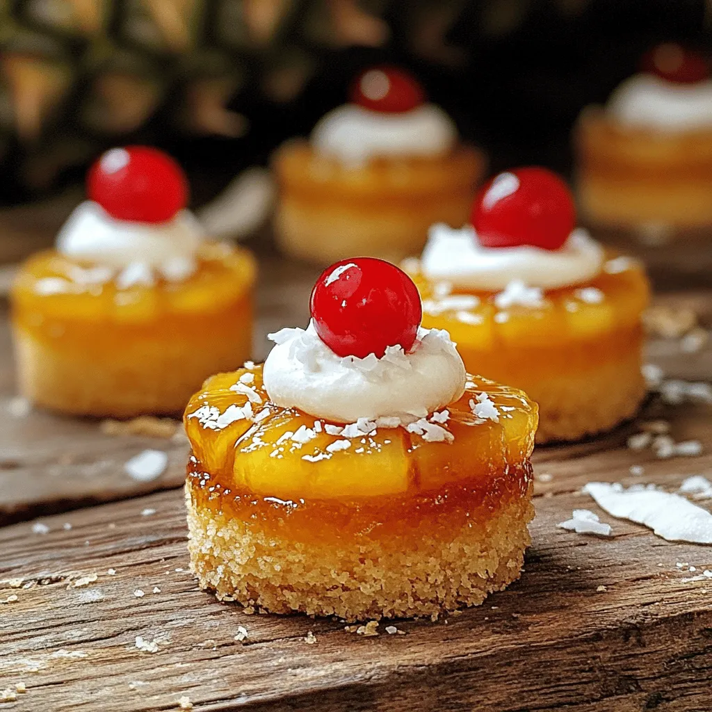 To make mini pineapple upside down cakes, you need these simple ingredients: - 1 cup all-purpose flour - 1/2 cup granulated sugar - 1/2 teaspoon baking powder - 1/4 teaspoon baking soda - 1/4 teaspoon salt - 1/4 cup unsalted butter, melted - 1/2 cup milk - 1 large egg - 1 teaspoon vanilla extract - 1 cup crushed pineapple, drained - 6 maraschino cherries - 1/4 cup brown sugar
