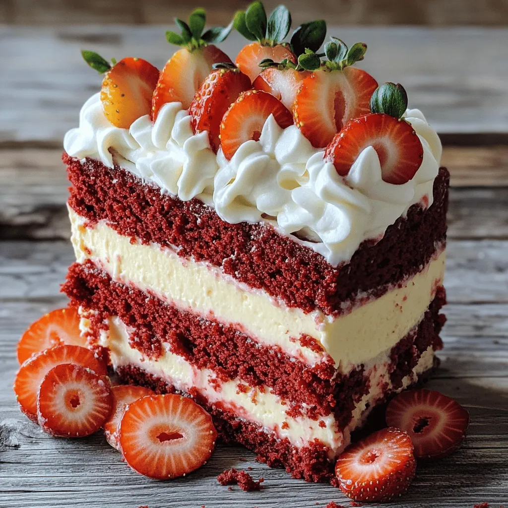 Red Velvet Strawberry Cheesecake Delight is a dessert that amazes everyone. It has a rich red velvet base that pairs well with a creamy strawberry cheesecake layer. I love how the flavors come together in this treat. You get the soft cake and the rich, fruity topping in every bite.
