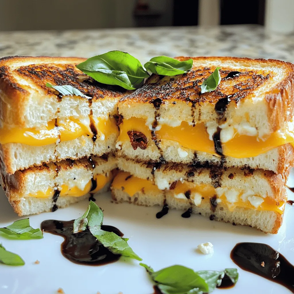 - 4 slices sourdough bread - 1 cup sharp cheddar cheese, shredded - 1 cup mozzarella cheese, shredded - 1/4 cup goat cheese, crumbled - 1 tablespoon fresh basil, chopped - 1 tablespoon sun-dried tomatoes, finely chopped - 2 tablespoons unsalted butter, softened - Salt and pepper to taste - Balsamic glaze (for drizzling, optional)