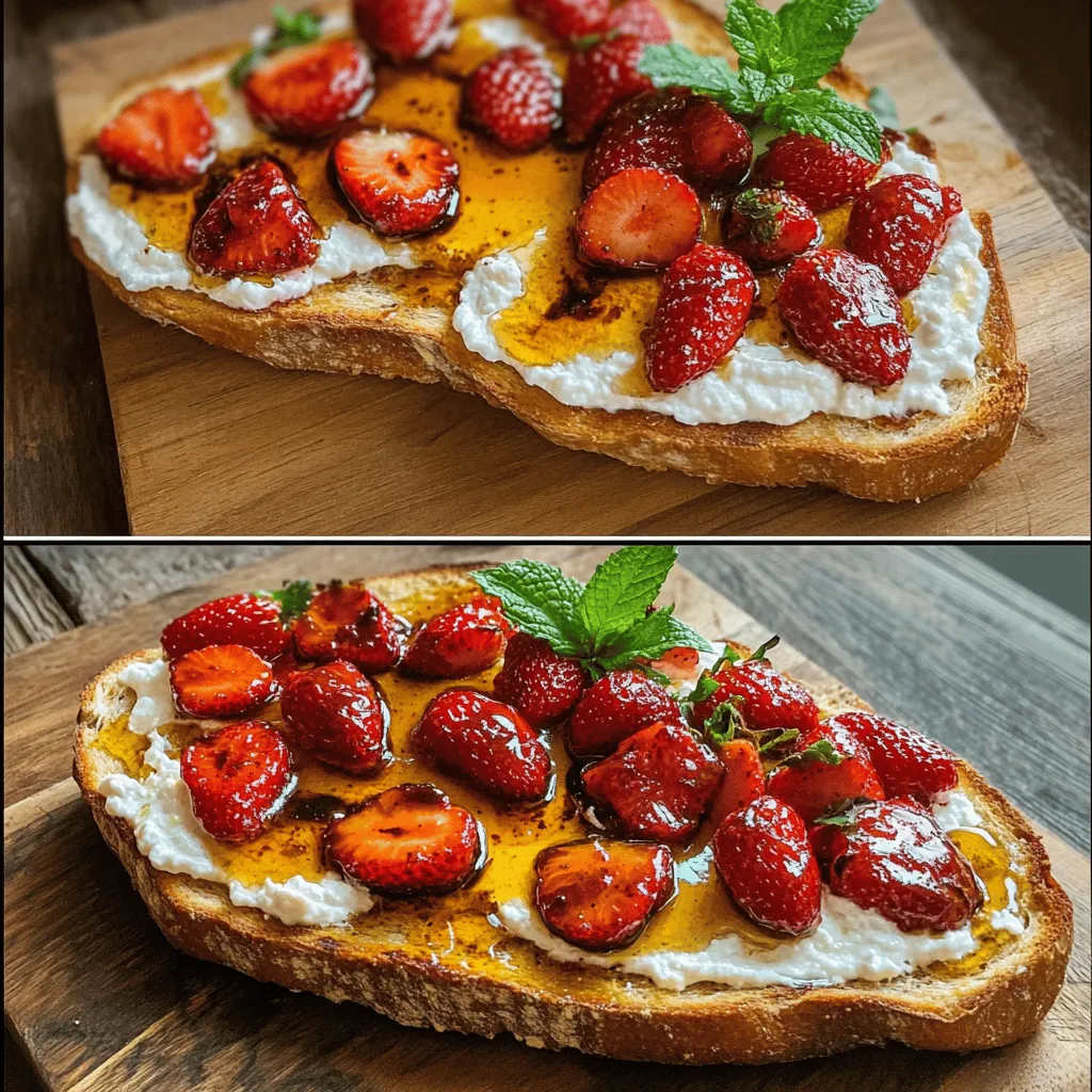 To make Roasted Strawberry Whipped Ricotta Toast, you'll need: - 1 cup fresh strawberries, hulled and sliced - 1 cup ricotta cheese - 4 slices of thick sourdough bread - 2 tablespoons honey (plus extra for drizzling) - 1 tablespoon balsamic vinegar - 1 teaspoon vanilla extract - 2 tablespoons olive oil - Salt to taste
