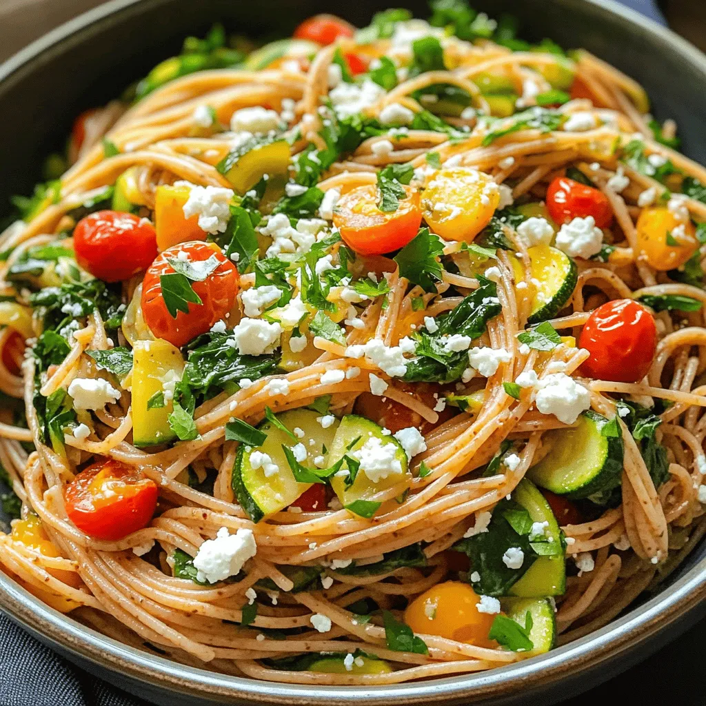 For Healthy Greek Spaghetti, you need simple and wholesome ingredients. Here’s what you’ll use: - 8 oz whole wheat spaghetti - 2 tablespoons olive oil - 2 cloves garlic, minced - 1 small red onion, finely chopped - 1 medium zucchini, diced - 1 red bell pepper, diced - 1 cup cherry tomatoes, halved - 1 cup spinach, fresh - 1 teaspoon dried oregano - 1 teaspoon dried basil - 1/2 cup feta cheese, crumbled - Salt and pepper to taste - Fresh parsley, chopped (for garnish)