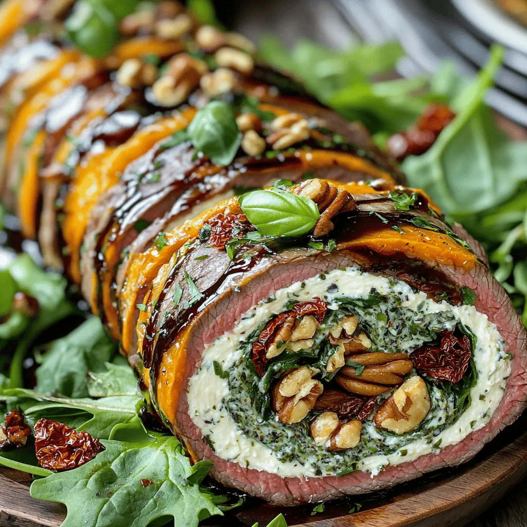 A flank steak roulade needs a few key ingredients. You start with 1.5 pounds of flank steak. This cut is lean and flavorful. You will also need salt and pepper to season it well. The filling is where the fun begins. You mix 8 ounces of softened cream cheese with fresh spinach, sun-dried tomatoes, basil, pecans, and garlic. This mix creates a creamy and tasty filling. You will use olive oil for searing. These ingredients make the dish rich and satisfying.