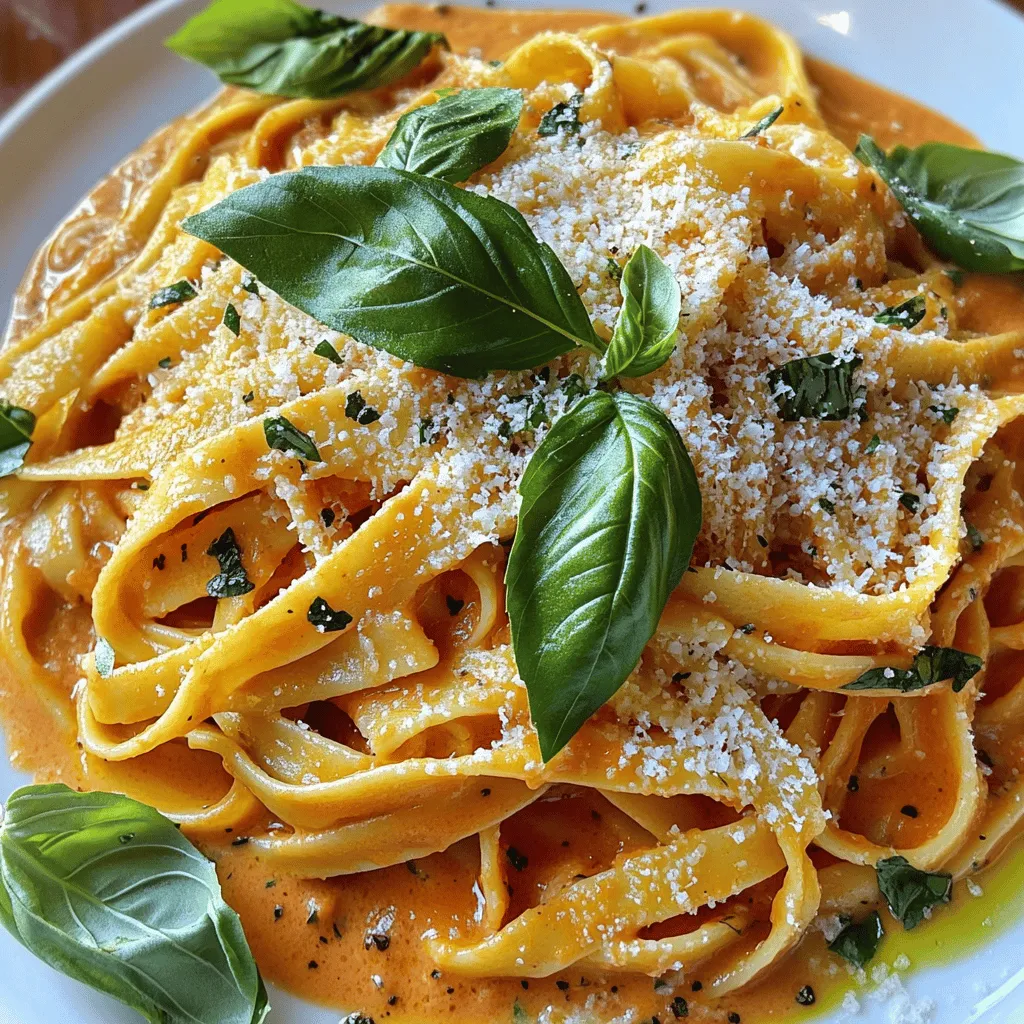 To make creamy tomato basil pasta, you need the following: - 12 oz (340 g) pasta (fettuccine or penne) - 2 tablespoons olive oil - 4 cloves garlic, minced - 1 can (14 oz) diced tomatoes, drained (or fresh tomatoes, diced) - 1 cup heavy cream - 1 teaspoon sugar (optional, to balance acidity) - 1 teaspoon dried oregano - 1/2 teaspoon red pepper flakes (adjust to taste) - Salt and pepper to taste - 1 cup fresh basil leaves, chopped (plus extra for garnish) - 1/2 cup grated Parmesan cheese (plus more for serving) When picking tomatoes, I suggest using Roma or San Marzano. These types are sweet and flavorful. Fresh basil is key to this dish. It has a bright taste compared to dried. Always choose vibrant green basil for the best flavor. If you want a lighter dish, you can use half-and-half instead of heavy cream. For a vegan option, try coconut cream or cashew cream in place of the heavy cream. Nutritional yeast can replace Parmesan cheese for a cheesy flavor without dairy. To start, fill a large pot with salted water and bring it to a boil. Add 12 oz of pasta, like fettuccine or penne. Cook the pasta according to the package directions until it is al dente. This usually takes about 8 to 10 minutes. Remember to reserve 1 cup of pasta water before you drain it. This water helps the sauce stick to the pasta later. While the pasta cooks, heat 2 tablespoons of olive oil in a large skillet over medium heat. Add 4 minced garlic cloves. Sauté the garlic for about 1 minute until it smells great. Be careful not to burn it. Next, add 1 can of drained diced tomatoes. Cook these for about 4 to 5 minutes until they soften. If you want to use fresh tomatoes, just sauté them until they release their juices. Now, lower the heat and pour in 1 cup of heavy cream. Stir until it mixes well. If your sauce seems too thick, add some reserved pasta water a little at a time until it’s just right. After the sauce is ready, it’s time to mix it with the pasta. Add the cooked pasta directly to the sauce and toss it well. This helps the pasta soak up the flavors. Stir in 1 cup of chopped fresh basil and 1/2 cup of grated Parmesan cheese. Keep stirring until the cheese melts and the sauce becomes creamy. You can check the taste and add more salt or pepper if you like. For the full recipe, you can refer to the detailed instructions provided. Enjoy the process of making your creamy tomato basil pasta! To get the perfect creamy texture, adjust with pasta water. When you drain your pasta, save about one cup of that starchy water. Add a little at a time to your sauce until it reaches your desired creaminess. This water helps the sauce cling to the pasta nicely. For balancing flavors, taste your sauce as you cook. Sometimes it needs a pinch of salt or a dash of pepper. If your sauce is too acidic, add a teaspoon of sugar. This small change can make a big difference. If you are busy, you can make this dish ahead of time. Cook the pasta and sauce, then store them separately. When you are ready to eat, just heat them up and combine. Another tip is to multitask. While your pasta boils, start making the sauce. This way, you save time and enjoy your meal faster. For a lovely presentation, plate your pasta in the center of a shallow bowl. This gives it a nice look. You can sprinkle extra Parmesan cheese on top for a cheesy finish. Garnish with fresh basil leaves. They add color and a fresh smell. A drizzle of olive oil can also enhance the dish's look and taste. {{image_2}} You can make your creamy tomato basil pasta even better with extra ingredients. Consider adding some protein like: - Chicken - Shrimp - Tofu Adding these proteins gives the dish a heartier feel. You can also boost the nutrition with veggies. Try adding: - Spinach - Bell peppers - Zucchini These veggies add color and flavor to the dish. They also make it more filling. To elevate the taste, you can infuse the sauce with more herbs and spices. Try adding fresh herbs like thyme or rosemary for a nice twist. You can also play with different cheese options. For example, use ricotta for creaminess or mozzarella for a stretchy texture. This gives the dish more depth and flavor. If you need gluten-free options, choose gluten-free pasta brands. They work just as well in this recipe. For a vegan version of creamy tomato basil pasta, use plant-based cream and skip the cheese. This way, everyone can enjoy this delicious dish! You can find the full recipe to guide you through these variations. To keep your creamy tomato basil pasta fresh in the fridge, first, let it cool to room temperature. Then, store it in an airtight container. This helps keep it from drying out. Enjoy your pasta within three to four days for the best taste. If you want to freeze creamy pasta, make sure it cools down first. Portion it into freezer-safe bags or containers. Remember to leave some space, as it will expand when frozen. It can last up to three months in the freezer. When ready to eat, just thaw it overnight in the fridge. To reheat without losing texture, use the stovetop. Place the pasta in a skillet over low heat. Add a splash of water or cream to help loosen the sauce. Stir gently, and heat until warmed through. If your sauce seems too thick, you can adjust it by adding a little more cream or pasta water. This helps bring back that creamy consistency. Leftovers last in the fridge for about three to four days. After this, the quality may decline. If you notice any off smells or changes in texture, it's best to discard it. Signs the pasta has gone bad include mold, an off smell, or a change in color. Always trust your senses when it comes to food safety. You can easily make this dish vegan. Swap heavy cream for coconut cream or cashew cream. Use nutritional yeast in place of Parmesan cheese for a cheesy flavor. You can also add a splash of almond milk for extra creaminess. Yes, fresh tomatoes work well! Choose ripe tomatoes for the best taste. Chop them into small pieces. Cook them until they soften and release their juices. This may take a few extra minutes compared to canned tomatoes. To prevent sticking, stir the pasta in boiling water. Use plenty of salted water, too. After draining, toss the pasta with a little olive oil. This keeps the strands separate and helps the sauce cling better. A light white wine pairs nicely. Try a Sauvignon Blanc or Pinot Grigio. These wines complement the dish without overpowering it. They enhance the creamy and tomato flavors perfectly. For the full recipe, check out the detailed steps above. In this blog post, we explored how to make Creamy Tomato Basil Pasta. We covered the best ingredients, cooking steps, and tips for perfecting the dish. Remember, fresh basil and quality tomatoes make a big difference. Don’t hesitate to try variations and adjust for dietary needs. The right storage can keep leftovers fresh for days. Enjoy your cooking journey and impress your friends with this creamy delight.