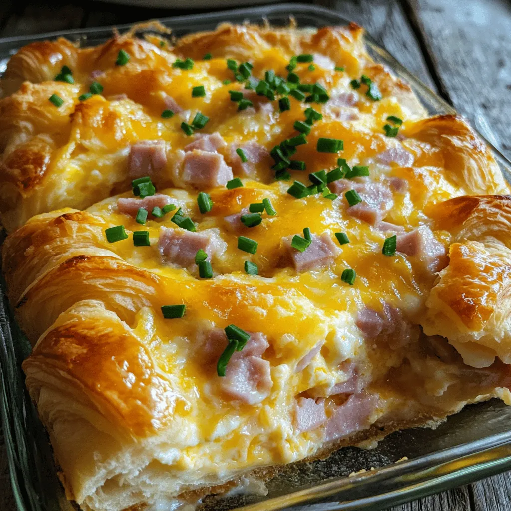 - 6 large buttery croissants, cut into halves - 1 cup cooked ham, diced - 1 cup shredded cheddar cheese - 1 cup shredded Swiss cheese