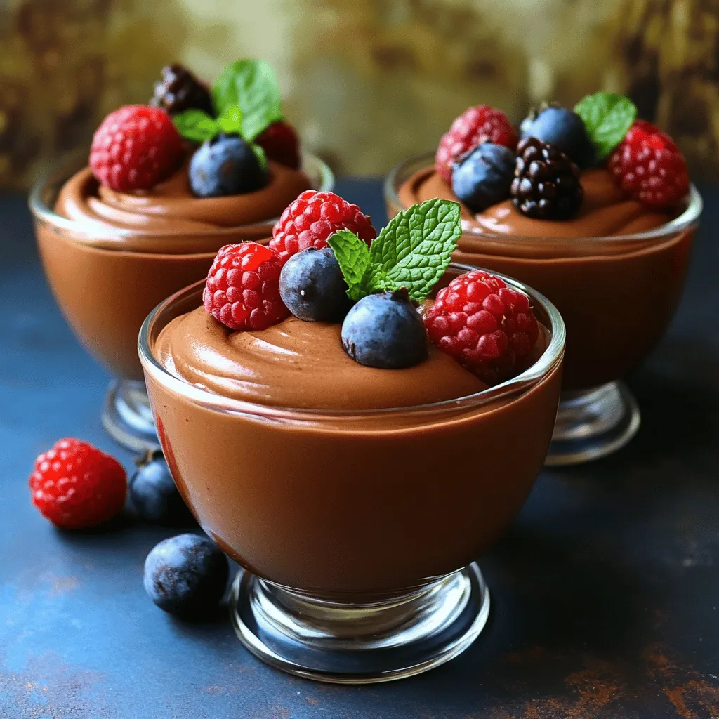 To create a rich and creamy dairy-free chocolate mousse, you need three essential ingredients: - 1 ½ cups full-fat coconut milk (chilled overnight): This milk gives the mousse its creamy texture. Make sure to chill it well, so the cream rises to the top. - 1 cup dairy-free dark chocolate chips (70% cocoa or higher): The chocolate brings deep flavor. Look for quality chips to enhance your mousse. - 2 tablespoons maple syrup (adjust to taste): This natural sweetener adds just the right amount of sweetness. You can tweak the amount based on your taste. Garnishes can add a lovely touch to your dessert. Here are some tasty options: - Fresh berries: Strawberries, raspberries, or blueberries add color and tang. - Mint leaves: A sprig of mint gives a fresh flavor and bright look. If you want to mix things up, consider these alternatives: - Different types of dairy-free chocolate: You can use chocolate bars or other brands of chips. Each will give a unique taste. - Other sweeteners for variation: Try agave syrup, coconut sugar, or date syrup for different sweetness levels. For the full recipe, check the details above to create this delightful treat! To make a great mousse, start with cold coconut milk. Chill the coconut milk overnight. This helps the cream rise to the top. When you open the can, scoop out the solid cream only. Leave the liquid behind. This solid cream will give your mousse its rich texture. Next, we need to melt the chocolate. Use a microwave-safe bowl for this. Place the dairy-free dark chocolate chips in the bowl. Microwave them in 30-second bursts. Stir the chocolate after each burst. This keeps it from burning. Once melted, let it cool a bit. You want the chocolate smooth and warm, but not hot. Now it’s time to mix everything together. In a mixing bowl, add the melted chocolate to the coconut cream. Then, add maple syrup, vanilla extract, and a pinch of sea salt. Use an electric mixer on medium speed. Mix until everything is creamy and well-combined. Be careful not to over-mix. You want a light and fluffy texture. Once mixed, spoon the mousse into serving dishes. Cover with plastic wrap and chill in the fridge for at least one hour. This cooling time helps the mousse set perfectly. You can find the full recipe for more details on this delightful treat. Chilling time is key to a smooth mousse. I recommend chilling the coconut milk overnight. This helps form a thick cream that blends well. If you skip this step, your mousse may turn out runny. To avoid a grainy texture, melt your chocolate carefully. Heat it in short bursts, stirring often. This keeps it smooth and creamy. Overheating can cause the chocolate to seize, making it hard to mix in. Maple syrup is sweet, but you can adjust it. Start with two tablespoons and taste it. If you want more sweetness, add a bit more. Keep in mind that the chocolate also adds flavor. Consider adding extra flavorings. A pinch of sea salt enhances the chocolate taste. You can also add a splash of vanilla extract for depth. Both bring out the rich flavors of your mousse. For presentation, choose nice serving dishes. Small glasses or bowls work well. They show off the mousse and make it look fancy. You can elevate the dish with garnishes. Fresh berries add color and a hint of tartness. Mint leaves give a fresh taste. These simple touches make your dessert look and taste amazing. {{image_2}} You can make this mousse even more exciting. Adding espresso powder gives it a rich mocha flavor. Just one tablespoon can do wonders. If you love fruit, try adding purees or zest. Berries and oranges work well. They add a fresh twist to your dessert. If you're looking for sugar-free options, you can try using stevia or erythritol. These sweeteners keep the mousse sweet but lower in calories. For those on a keto diet, keep an eye on the chocolate chips. Look for brands that fit your needs. If you have nut allergies, you can use sunflower seed butter instead. It adds creaminess without nuts. You can turn mousse into a parfait. Layer it with granola and fruit for a fun treat. It also works well in layered desserts. Use it between cake layers or in a trifle. The mousse gives a beautiful look and a tasty bite. For more details on making this mousse, check the Full Recipe. Your dairy-free chocolate mousse lasts about 3 to 5 days in the fridge. To keep it fresh, cover your mousse tightly with plastic wrap or place it in an airtight container. This helps prevent it from absorbing other smells in the fridge. The mousse may also separate a bit after a few days, but a quick stir can bring it back to life. Yes, you can freeze dairy-free chocolate mousse! It holds up well. Portion the mousse into small containers before freezing. This way, you can thaw only what you need. To thaw, place the mousse in the fridge overnight. Avoid using the microwave, as it can change the texture. After thawing, gently mix the mousse to restore its smoothness. Check your mousse for signs of spoilage. If you see any mold or it smells sour, it’s best to toss it. Fresh mousse should look creamy and taste rich. To keep it fresh, always store it in a cool area with a tight seal. Following these tips helps keep your dessert delightful and safe to enjoy. You can use almond or oat milk instead of coconut milk. However, coconut milk gives a rich, creamy texture. Almond milk is lighter and has a nutty flavor. Oat milk is creamier than almond but lacks the coconut's unique taste. If you want a mousse that stays thick, stick with coconut milk for the best results. Yes, this recipe is vegan-friendly. It uses coconut milk and dairy-free chocolate. Maple syrup adds sweetness without animal products. You can enjoy this mousse without worrying about dairy. It’s perfect for those who follow a vegan diet. To reduce sweetness, cut back on maple syrup. You can start with one tablespoon instead of two. Taste as you mix. If it needs more flavor, add a pinch of sea salt or a splash of vanilla. Both enhance the chocolate taste without adding sweetness. If you want a different sweetener, try agave nectar or date syrup. Honey is also an option, but it isn't vegan. For a sugar-free choice, use stevia or erythritol. Adjust the amount based on your taste. Each sweetener brings its own flavor to the mousse, so choose one you like. For the full recipe, check the main section above. In this article, we explored how to make a delicious dairy-free chocolate mousse. We covered essential ingredients like full-fat coconut milk, dairy-free chocolate chips, and maple syrup. You learned tips for perfect texture, sweetening options, and various serving styles. Remember to chill your coconut milk well and avoid over-mixing. This dessert can easily fit different diets and tastes. With simple adjustments, you can make it uniquely yours. Enjoy your rich, creamy treat without dairy!