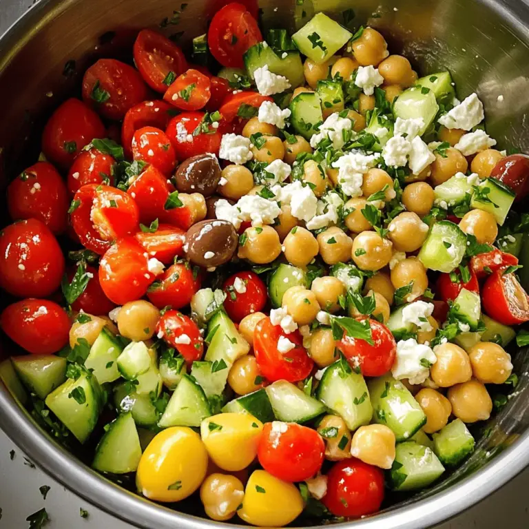 - 1 can (15 oz) chickpeas, rinsed and drained - 1 cup cherry tomatoes, halved - 1 cucumber, diced - 1 bell pepper (red or yellow), diced - ⅓ cup red onion, finely chopped - ½ cup Kalamata olives, pitted and halved - 1 cup feta cheese, crumbled - 3 tablespoons extra virgin olive oil - 2 tablespoons fresh lemon juice - 1 teaspoon dried oregano - Salt and pepper to taste - Fresh parsley, chopped (for garnish) Let’s talk about the ingredients. Each one plays a big role in flavor and texture. Chickpeas are the base. They add protein and fiber. Rinsing them well helps remove extra salt. Cherry tomatoes bring sweetness and color. I love how they burst in your mouth. Cucumbers add crunch. They keep the salad fresh and light. Bell peppers offer a nice crunch too. Go for red or yellow for their sweetness. Red onion brings a sharp bite. Use it finely chopped to balance the flavors. Kalamata olives add a briny taste. They pair well with feta cheese, which gives creaminess. Extra virgin olive oil is key for a rich flavor. Fresh lemon juice brightens everything up. Dried oregano adds a hint of earthiness. Seasoning with salt and pepper is a must. Lastly, parsley gives a pop of color and freshness. You'll need a large mixing bowl for combining everything. A small whisk or fork helps mix the dressing. Measuring cups and spoons make sure you get the right amounts. With these ingredients, you can make a delicious Mediterranean Chickpea Salad. Check the Full Recipe for more details! To start, take a large bowl. Combine the chickpeas, cherry tomatoes, cucumber, bell pepper, red onion, and Kalamata olives. Mix them well. The colors will be bright and fresh. Next, gently fold in the crumbled feta cheese. This adds a creamy texture that balances the crunch of the veggies. In a separate small bowl, whisk together the olive oil, lemon juice, dried oregano, salt, and pepper. This dressing brings all the flavors together. To achieve a smooth dressing, start with the olive oil. Slowly add the lemon juice while whisking. If you have a small whisk or fork, use it for better mixing. Now, pour the dressing over your salad mix. Toss everything gently so that each piece is coated. The salad looks vibrant and inviting. For the best flavor, let it rest for at least 15 minutes. This time allows the flavors to blend beautifully. When ready to serve, garnish with fresh parsley for an extra pop of color. Enjoy this fresh and flavorful dish! For the complete recipe, check out the Full Recipe section! To elevate your Mediterranean chickpea salad, consider adding fresh herbs. Basil, mint, or dill can bring a fresh taste. You can also sprinkle in some red pepper flakes for a kick. When selecting ingredients, always choose ripe tomatoes and fresh cucumbers. Organic produce often has better flavor. Use high-quality extra virgin olive oil for the dressing. This makes a big difference in taste. Fresh lemon juice brightens the whole dish. For a stunning plate, use a large white bowl. This makes the colors pop. Arrange the salad in layers, starting with the chickpeas. Then add the veggies and olives. Top with crumbled feta for a beautiful finish. For garnishing, sprinkle chopped parsley on top. You can also add a few whole olives for flair. This salad pairs well with grilled chicken or fish. You can serve it as a side to pita bread or hummus. To make it a full meal, add quinoa or couscous. This adds protein and makes it more filling. Enjoy your Mediterranean chickpea salad with a glass of chilled white wine for a perfect match. For the complete recipe, check out the Full Recipe. {{image_2}} You can easily add protein to your Mediterranean chickpea salad. Grilled chicken adds a nice flavor. It also makes the dish heartier. Shrimp is another great choice. It pairs well with the fresh flavors. For a plant-based option, try tofu. Make sure to marinate it for extra taste. You can also use chickpea pasta for more protein without losing the theme. This way, you keep it vegetarian and delicious. Changing ingredients based on the season can make this salad exciting. In summer, try adding fresh corn or zucchini. These veggies bring in a sweet crunch. In the fall, roasted butternut squash is perfect. It adds warmth to the dish. You can also use leftover veggies. If you have extra bell peppers or carrots, toss them in. This keeps your salad fresh and reduces waste. Mix up your dressing for a fun twist. Instead of a simple vinaigrette, try a tahini sauce. This adds a creamy texture and nutty flavor. You can use yogurt for a creamy option too. Just mix it with lemon juice and herbs. For a spicy kick, add some harissa to the dressing. This will give your salad a whole new vibe. Explore these variations to keep your Mediterranean chickpea salad exciting. For the full recipe, check out the details above. To store your Mediterranean Chickpea Salad, place it in an airtight container. This helps keep the salad fresh. You can store it in the fridge for up to three days. After that, the vegetables may lose their crunch. The flavors will still be tasty, but freshness is key for the best experience. Freezing this salad is not recommended as a whole. Instead, freeze the ingredients separately. For example, you can freeze the chickpeas and olives. When you're ready to use them, thaw them in the fridge overnight. To revive the salad's flavor, mix in fresh herbs and a little extra lemon juice after thawing. You can prep ingredients for this salad ahead of time. Chop the vegetables and store them in separate containers. This way, you can assemble the salad in minutes. When you're ready to eat, just mix everything together. This makes it easy to enjoy healthy meals throughout the week. For more guidance, refer to the Full Recipe. Yes, you can make Mediterranean Chickpea Salad ahead of time. Prepare it up to a day in advance. Keep it in an airtight container in the fridge. This helps the flavors blend well. Just remember to add feta cheese right before serving. This keeps it fresh and tasty. If you want a substitute for feta cheese, try using tofu. Crumbled tofu gives a nice texture. You can also use nutritional yeast for a cheesy flavor. For a dairy-free option, use vegan feta. Many brands offer a tasty version. This way, you can still enjoy the salad without dairy. Yes, Mediterranean Chickpea Salad is gluten-free. All the ingredients are naturally gluten-free. Chickpeas, vegetables, and olives do not contain gluten. If you use gluten-free dressings, the salad stays safe for those with gluten intolerance. Enjoy this dish without worry! This Mediterranean Chickpea Salad is simple and tasty. You learned about the key ingredients, tools, and nutrition. We walked through step-by-step instructions to prepare the salad. I shared tips for flavor and presentation to make it shine. Consider the variations and storage options to fit your needs. Fresh and healthy, this salad can be your go-to dish. Enjoy every bite while keeping it easy and fun!