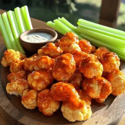 - 1 large head of cauliflower, cut into bite-sized florets - 1 cup all-purpose flour (or gluten-free flour) - 1 cup water - 1 teaspoon garlic powder - 1 teaspoon onion powder - 1 teaspoon smoked paprika - 1/2 teaspoon cayenne pepper (adjust to taste) - 1/2 teaspoon salt - 1/2 teaspoon black pepper - 1 cup buffalo sauce (store-bought or homemade) - 2 tablespoons melted vegan butter or regular butter I love using fresh cauliflower for this recipe. It gives a great crunch. The flour helps the batter stick, making the wings crispy. If you need gluten-free options, just swap in gluten-free flour. - 1 teaspoon cumin - 1 teaspoon dried parsley - 1/2 teaspoon chili powder - 1 tablespoon lemon juice Adding these spices can kick up the flavor. Cumin adds warmth, while lemon juice adds brightness. Feel free to mix and match any of these spices. - Celery sticks - Carrot sticks - Ranch dressing - Blue cheese dressing These sides balance the heat from the buffalo sauce. The cool dressings and crunchy veggies are perfect for dipping. They make your meal even more fun and tasty. For the full recipe, check out the detailed steps. Enjoy making these Cauliflower Buffalo Wings! Start by preheating your oven to 450°F (232°C). This high temperature helps the wings get crispy. While it heats, line a baking sheet with parchment paper. This makes cleanup easy and helps the wings not stick. In a large mixing bowl, combine the all-purpose flour, water, garlic powder, onion powder, smoked paprika, cayenne pepper, salt, and black pepper. Whisk them together until smooth. You want a thick batter that coats the cauliflower well. Now, take your cauliflower florets and add them to the batter. Make sure each piece is fully coated. Let any extra batter drip off before placing them on your prepared baking sheet. Bake the coated cauliflower for 20 minutes. Halfway through, flip them to cook evenly. While the cauliflower is baking, mix the buffalo sauce and melted butter in a bowl. Stir until well combined. This will give the sauce a rich, creamy texture that sticks to the wings perfectly. After 20 minutes, take the cauliflower out of the oven. Drizzle or toss the baked cauliflower in the buffalo sauce mixture. Then, return them to the oven for another 10-15 minutes. This final bake makes the sauce hot and helps it cling to the wings. Once they are done, let them cool a bit. Serve with celery sticks and your favorite dressing on the side. Enjoy this tasty treat! For a detailed ingredient list and more, check the Full Recipe. To make your cauliflower wings crispy, coat them well. A thick batter helps. Bake at a high temperature, like 450°F (232°C). Flip the wings halfway through cooking. This ensures they cook evenly. For an extra crunch, you can add breadcrumbs or panko to the batter. This will give them a nice bite. If you want a gluten-free version, swap all-purpose flour for gluten-free flour. Many brands work well and still give great texture. You can also use almond flour for a nutty taste. Just make sure to mix it with water, garlic powder, and spices as you would with regular flour. This keeps the batter thick and tasty. Using fresh ingredients makes a big difference. Fresh garlic instead of garlic powder adds a punch. Smoked paprika gives a nice smoky flavor. Adjust the cayenne pepper to your heat level. Don't forget the vegan butter or regular butter; it enriches the sauce. For an extra kick, try adding a splash of lemon juice to the buffalo sauce. For the full recipe, check out the detailed instructions above. {{image_2}} You can change the flavor by trying different sauces. Instead of buffalo sauce, use barbecue or teriyaki sauce. You might enjoy a honey mustard sauce for a sweet twist. If you like it spicy, add more cayenne or sriracha. Mix yogurt with herbs for a fresh dip. Each option gives the wings a new taste. You can make your dish even better by adding veggies or proteins. For example, slice bell peppers or zucchini and roast them alongside the cauliflower. This adds color and nutrients to your meal. If you want protein, try adding cooked chickpeas or tofu. They soak up flavors well and add a hearty touch. To make a full meal, serve your wings with a salad or grain. A crisp salad with greens and tomatoes pairs well. You can also serve them with rice or quinoa for a filling dish. Don’t forget the dips! Ranch or blue cheese dressing complements the spicy wings perfectly. For a fun touch, add a platter of fresh veggies for crunch. For the full recipe, check the link! To store leftover cauliflower wings, let them cool first. Place them in an airtight container. This keeps them fresh for about 3 to 5 days. You can also wrap them tightly in plastic wrap. Just make sure to seal them well to avoid drying out. When you want to enjoy the wings again, preheat your oven to 375°F (190°C). Spread the wings on a baking sheet. Heat them for about 10 to 15 minutes. This will help them regain their crispiness. You can also use an air fryer. Set it to 350°F (175°C) and cook for about 5 to 7 minutes. If you want to save wings for later, freezing is a great option. Place cooled wings in a single layer on a baking sheet. Freeze them for about 1 to 2 hours. Once frozen, transfer them to a freezer bag. Make sure to squeeze out any air. They can stay frozen for up to 3 months. When you're ready to eat, bake them straight from the freezer without thawing. This keeps them tasty and crispy. Yes, cauliflower buffalo wings can be vegan. Use flour, water, and vegan butter. Check the buffalo sauce for dairy. Many brands offer vegan options. To add heat, increase the cayenne pepper in the batter. You can also use a hotter buffalo sauce. Try adding some hot sauce before baking. Adjust based on your heat preference. Yes, frozen cauliflower works well. Just thaw and drain excess water. This helps the batter stick better. Frozen cauliflower may bake quicker, so keep an eye on them. Ranch and blue cheese are popular choices. You can also use a creamy vegan dressing. For a twist, try a spicy dipping sauce with sriracha. This adds more flavor and fun. Cauliflower wings last about 3-5 days in the fridge. Store them in an airtight container. Reheat in the oven for crispiness. This keeps them tasty and ready to enjoy again. In this post, we covered how to make tasty cauliflower buffalo wings. We discussed main ingredients, optional flavors, and side dishes to serve. I shared easy steps for cooking, tips for crispiness, and variations for extra fun. We also explored storage and answered common questions. Making these wings can be a great way to enjoy a healthier snack. Try them out and share your experience with others!