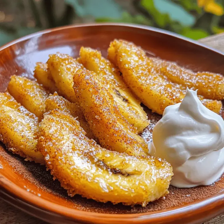 - Ripe bananas - All-purpose flour - Cornstarch - Salt - Baking powder - Water - Brown sugar - Cinnamon (optional) - Oil for frying - Whipped cream or vanilla ice cream (optional) How do I select ripe bananas for optimal sweetness? Choose bananas that are yellow with a few brown spots. This means they are sweet and ready to use. Avoid bananas that are too green. They will not taste as good when cooked. What type of oil should I use for frying? Use oils with high smoke points, like canola or vegetable oil. These oils fry well and do not burn easily. Olive oil can also work, but it has a lower smoke point. Avoid using butter, as it burns quickly. Using the right ingredients makes a big difference. Fresh, ripe bananas ensure the best flavor. The batter should coat the bananas well. It gives them a crispy texture after frying. If you want to add a twist, sprinkle some cinnamon on top. For more detailed steps, check out the Full Recipe. - Peeling and slicing the bananas Start by peeling the ripe bananas. Hold the banana firmly and pull off the skin. Slice the bananas into 1-inch thick diagonal pieces. This shape helps them cook evenly and look nice on a plate. - Preparing the batter mixture In a mixing bowl, combine all-purpose flour, cornstarch, salt, and baking powder. Mix these well. Slowly add water while stirring. Keep mixing until you have a smooth batter. It should be thick, like pancake batter. If it's too thick, add more water. If it's too thin, add a bit more flour. - Heating the oil to proper temperature Pour oil into a deep frying pan. Heat it over medium heat. To check if it’s ready, drop a bit of batter in. If it sizzles, the oil is hot enough. Make sure not to let it smoke, as this can ruin the flavor. - Frying the banana slices Dip each banana slice into the batter, coating it well. Carefully place the slices in the hot oil. Fry them in small batches to avoid crowding. Fry for about 2-3 minutes on each side. You want them to be golden brown and crispy. Use a slotted spoon to take them out. Let them drain on paper towels. - Dusting with brown sugar and cinnamon In a small bowl, mix brown sugar and cinnamon. While the fried bananas are still warm, sprinkle this mix over them. The heat will help the sugar melt slightly, adding a sweet touch. Serve them hot for the best taste. You can enjoy them plain or with whipped cream or vanilla ice cream on the side. For the full recipe with all the details, check out the [Full Recipe]. To make the best fried bananas, you need the right batter. Start with the flour blend. It should be thick, like pancake batter. If your batter is too thin, add more flour. If it’s too thick, add a little water. This will help your bananas get that crispy coating. Frying is key too. Heat the oil well before you add the bananas. You can test if the oil is ready by dropping in a bit of batter. If it sizzles, you’re good to go! Fry in small batches. This lets them cook evenly and turn golden brown. If you crowd the pan, they will steam instead of fry. Fried bananas are delightful on their own, but you can make them even better! Try serving them with whipped cream or a scoop of vanilla ice cream. The cold cream pairs well with the warm bananas. You can also add toppings to enhance the flavor. Drizzle some chocolate sauce on top or sprinkle chopped nuts for a nice crunch. You can be creative with this treat! For the complete recipe, check out the Fried Banana Delight with Brown Sugar. {{image_2}} You can give fried bananas a fun twist by adding spices. Nutmeg and cardamom are great options. Just a pinch can change the whole flavor. These spices add warmth and depth to the dish. You might find nutmeg gives a cozy taste, while cardamom adds a hint of floral notes. You can also play with sweeteners. While brown sugar is classic, try honey or maple syrup. Each sweetener brings its own flavor. Honey can add a floral sweetness, while maple syrup gives a rich, earthy taste. Experiment with what you have on hand! Bananas are fantastic, but plantains can take this dish to the next level. Plantains are starchier and less sweet than bananas. They fry up crispy and have a unique taste. Just slice them the same way and follow the same steps. Other fruits can also shine when fried. Apples can become warm and sweet, while peaches add a juicy burst. Even pineapple can bring a tropical flair. Slice them up, fry, and enjoy the variety! To keep your fried bananas fresh, store them in an airtight container. Place a paper towel in the container to absorb extra moisture. This keeps the fried bananas crisp. Store them in the fridge for up to three days. When ready to eat, reheat them in a skillet. This method helps restore their crunchy texture. You can freeze fried bananas for later. First, let them cool completely. Then, arrange them in a single layer on a baking sheet. Freeze until solid, about one hour. Once frozen, transfer them to a freezer bag. They can last for up to three months. To thaw, simply remove them from the freezer and place them in the fridge overnight. For best results, reheat them in a skillet or air fryer. This will help regain their crispy texture. Enjoy your delicious treat any time! For the full recipe, check out Fried Banana Delight with Brown Sugar. Can I use frozen bananas? Yes, you can use frozen bananas. However, they may become mushy after thawing. This can change the texture of your fried bananas. If you decide to use frozen ones, make sure to drain any excess moisture before battering and frying. What type of oil is best for frying? I recommend using vegetable oil or canola oil. These oils have a high smoke point, which is good for frying. They also have a neutral flavor. Avoid oils with strong flavors, like olive oil, as they can alter the taste. How can I make this recipe healthier? You can make a few easy swaps to lighten this dish. Use whole wheat flour instead of all-purpose flour. You can also reduce the amount of brown sugar. Another option is to bake the banana slices instead of frying them. Just coat them lightly and bake until golden. For the full recipe, check out the Fried Banana Delight with Brown Sugar above! Fried bananas are simple to make and delicious. We explored required ingredients like ripe bananas and flour, plus helpful tips for selecting ingredients. The step-by-step instructions guide you through preparation and cooking. Tips for perfect frying and serving suggestions add fun twists. Don't forget about the variations; try different spices or fruits. If you have leftovers, proper storage is key. Remember, you can enjoy this treat anytime. Dive in and make your fried bananas unique today!