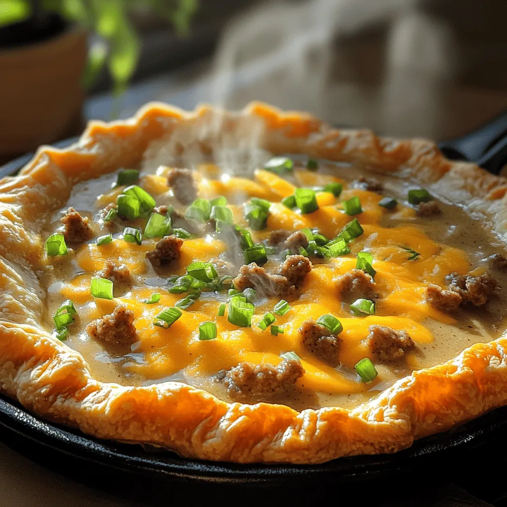 To make a delicious Sausage and Gravy Pie, gather these items: - 1 pound breakfast sausage (spicy or mild, based on preference) - 1 cup milk - 1 cup heavy cream - 1/4 cup all-purpose flour - 1 teaspoon garlic powder - 1 teaspoon onion powder - 1/2 teaspoon black pepper - 1/4 teaspoon cayenne pepper (optional for added heat) - 2 pre-made pie crusts (or homemade, if preferred) - 1 cup shredded cheddar cheese - 1/4 cup chopped green onions (for garnish)
