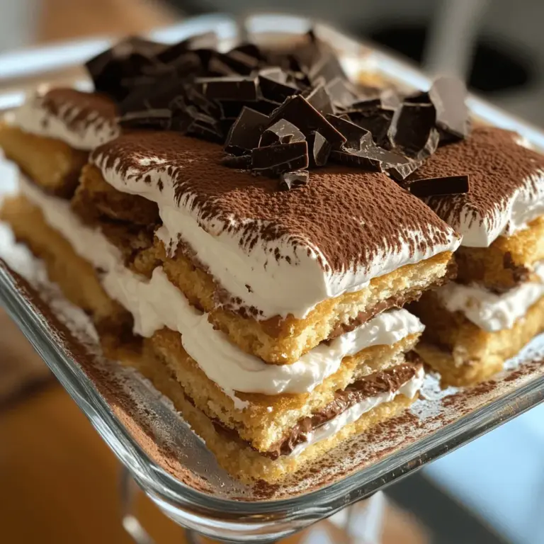 - 2 cups heavy cream - 1 cup mascarpone cheese - ½ cup powdered sugar - 1 teaspoon vanilla extract - 2 cups strong brewed coffee, cooled - 1 cup milk - 24 ladyfinger cookies - 2 tablespoons cocoa powder for dusting - Dark chocolate shavings for garnish (optional) To get the best results, measure each ingredient carefully. Use a liquid measuring cup for liquids like heavy cream and milk. For dry items, use a dry measuring cup. When measuring powdered sugar, spoon it into the cup and level it off. This helps keep the ratios right. Cold ingredients work best, especially heavy cream. It whips better when cold. This means a light and fluffy texture for your dessert. If you need a dairy-free version, try using coconut cream instead of heavy cream. You can swap mascarpone with a blend of silken tofu and a bit of lemon juice for tanginess. For gluten-free options, look for gluten-free ladyfinger cookies. Many brands offer tasty alternatives. This way, everyone can enjoy this delightful dessert! First, we need to whip the heavy cream. Pour 2 cups of heavy cream into a large mixing bowl. Use a hand mixer to whip it until you see stiff peaks. This step gives our dessert its light texture. Next, in another bowl, combine the mascarpone cheese, powdered sugar, and vanilla extract. Use a spatula to mix until creamy. Now, we will gently fold the whipped cream into this mascarpone mixture. Be careful not to deflate the cream. This step adds air and keeps our dessert fluffy. Now, let’s dip the ladyfingers. In a shallow bowl, mix the cooled coffee and milk. Quickly dip each ladyfinger into the coffee mixture. Make sure not to soak them, as we want them firm. Place the dipped ladyfingers in a 9x9 inch baking dish to form the first layer. Spread half of the creamy mascarpone mixture evenly over the ladyfingers. Then, repeat this step with another layer of dipped ladyfingers and the rest of the mascarpone filling. Smooth the top with a spatula for a nice finish. Cover your dish with plastic wrap. Now, refrigerate it for at least 4 hours or even overnight. This chilling time helps the flavors blend and the dessert set properly. When you're ready to serve, dust the top with cocoa powder. You can also sprinkle dark chocolate shavings for a nice touch. Slice it up and enjoy your delicious no-bake tiramisu! For the complete recipe, check out the Full Recipe. To get the best texture, you need stiff peaks in your whipped cream. This means when you lift the whisk, the peaks stand tall and don’t fall. Start by using cold heavy cream for the best results. Whip it on medium speed until you see those stiff peaks form. When you mix the whipped cream with the mascarpone, do it gently. Use a spatula and fold the mixtures together slowly. This keeps the air in the whipped cream and gives your Tiramisu its light fluffiness. Soggy ladyfingers ruin Tiramisu. To avoid this, dip each ladyfinger quickly in coffee and milk. Don’t let them soak too long, or they will get too wet. You want them soft but still firm enough to hold their shape. Make sure you layer the ingredients evenly. This helps each bite taste balanced. Spread the mascarpone filling smoothly over the ladyfingers. Repeat the layers and make sure they are even for the best presentation. You can adjust the sweetness and flavor of your Tiramisu. If you like it sweeter, add more powdered sugar to the mascarpone mixture. For a richer taste, try adding a splash of coffee liqueur. Feel free to add flavor extracts, like almond or hazelnut, to give your Tiramisu a unique twist. Garnish with chocolate shavings or fresh berries for extra flair. These small touches make a big difference! For the complete recipe, check out the Full Recipe. {{image_2}} You can change the flavor of your no-bake tiramisu easily. Try adding different liqueurs, like rum or amaretto, to the coffee mixture. This adds depth and warmth to your dessert. For a fun twist, use seasonal flavors. In autumn, pumpkin spice can transform your tiramisu with cozy notes. You can mix in spices like cinnamon or nutmeg for that seasonal flair. Pair your no-bake tiramisu with other desserts or drinks. It goes well with fresh berries, a scoop of vanilla ice cream, or a dark chocolate brownie. You can also serve it with coffee or a sweet dessert wine. For plating, use clear cups or jars to showcase the layers. Top with cocoa powder and chocolate shavings for an eye-catching finish. You can adapt your no-bake tiramisu for holidays and special events. For festive gatherings, add a layer of peppermint extract for a holiday touch. Serve in individual cups for parties or keep it traditional in a baking dish. This makes it easy for guests to enjoy. No matter how you serve it, your no-bake tiramisu will impress everyone. For the complete recipe, check out the Full Recipe section. To keep your no-bake tiramisu fresh, cover it tightly with plastic wrap. This will help avoid drying out. Place it in the refrigerator right after making it. Tiramisu stays good in the fridge for about 3 to 5 days. The flavors deepen over time, making each bite even better. You can freeze tiramisu, but there are some pros and cons. Freezing helps if you want to keep it longer. However, the texture may change when thawed. To freeze, wrap the dessert well in plastic and foil. When ready to eat, move it to the fridge overnight to thaw. This slow thawing keeps the texture nice. Look for signs that your tiramisu has gone bad. If it smells sour or off, it's best not to eat it. Also, check for any mold on the surface. If you see any, throw it away. The dessert should look creamy and fresh, with no discoloration. Always trust your senses when it comes to food safety. No-Bake Tiramisu needs at least 4 hours to set. This chilling time is key. It helps the flavors blend together. The longer it sits, the better it tastes! You can also leave it overnight. This makes the dessert richer and creamier. Yes, you can make Tiramisu ahead of time. It stays fresh in the fridge for up to 2 days. Just cover it well with plastic wrap. This keeps it from drying out. I often prepare it the night before guests arrive. It allows more time to enjoy the occasion. If you don’t have mascarpone cheese, don’t worry! You can use cream cheese as a substitute. Just mix it with a bit of heavy cream. Another option is ricotta cheese blended until smooth. Both will give you a creamy texture. You now have everything needed to create a delicious No-Bake Tiramisu. We covered the ingredients, measuring tips, and substitutions for dietary needs. I shared step-by-step instructions, along with tips for perfect texture and common mistakes to avoid. You learned about variations and how to store your dessert properly. Remember, the key is in the details and making it your own. Enjoy making this treat for your next event!