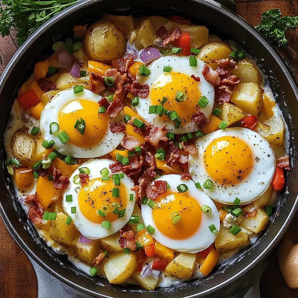 - 4 medium potatoes, diced - 1 tablespoon olive oil - 1 bell pepper, diced - 1 small red onion, chopped - 4 large eggs - 1 cup cooked bacon or plant-based bacon - 1 cup shredded cheddar cheese - ½ teaspoon garlic powder - ½ teaspoon smoked paprika - Salt and pepper to taste - 2 green onions, finely sliced (for garnish) - Fresh parsley, chopped (for garnish)