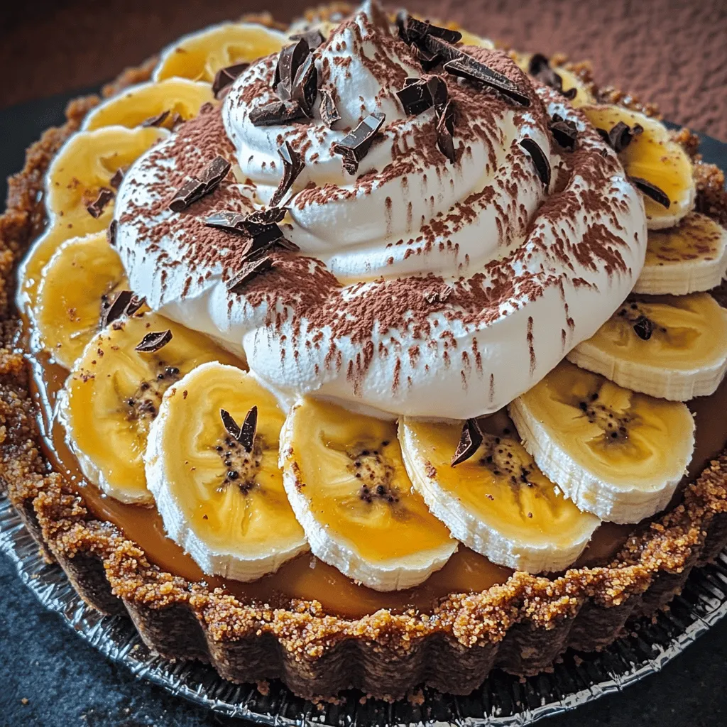 To make a great Easy Banoffee Pie, gather these key items: - 1 ready-made digestive biscuit crust (9-inch) - 1 can (14 oz) sweetened condensed milk - 3 ripe bananas, sliced - 1 cup heavy whipping cream - 1 tablespoon powdered sugar - 1 teaspoon vanilla extract - 1 tablespoon cocoa powder (for garnish) - Dark chocolate shavings (optional, for garnish) These ingredients blend to create a sweet and creamy treat. You can swap some ingredients if needed. Here are options: - Use graham cracker crust instead of digestive biscuit crust. - For dairy-free, use coconut cream in place of heavy cream. - Maple syrup can work as a sweetener instead of powdered sugar. - Any sweet fruit can replace bananas, like strawberries or peaches. These swaps keep the pie tasty and fun. To make the best pie, pick fresh and high-quality items: - Choose ripe bananas; they should be slightly soft and yellow. - Look for full-fat sweetened condensed milk for richer flavor. - For cream, select heavy whipping cream with at least 36% fat. - When buying chocolate, choose dark chocolate with at least 70% cocoa. Quality ingredients boost flavor and texture, making your pie shine. To start, you need to make the caramel. Take a can of sweetened condensed milk. Do not open it yet. Place the can in a saucepan. Fill the pan with water until the can is covered. Simmer on low heat for 2 to 3 hours. Make sure to check the water level. Add more water if it gets low. After cooking, let the can cool before you open it. The caramel should be smooth and sweet. Now, let's put the pie together. First, take the cooled caramel from the can. Pour it into the ready-made digestive biscuit crust. Spread it evenly across the bottom. Next, slice 3 ripe bananas. Layer these banana slices on top of the caramel. Make sure to cover the caramel well. This adds a nice texture and flavor. For the last step, whip the cream. In a mixing bowl, add 1 cup of heavy whipping cream. Also, add 1 tablespoon of powdered sugar and 1 teaspoon of vanilla extract. Whip until soft peaks form. This will create a light and fluffy topping. Once ready, spread the whipped cream over the banana layer. Smooth it out with a spatula. For a nice finish, dust the top with cocoa powder. If you like, add dark chocolate shavings as well. Now, chill the pie in the fridge for about 30 minutes. This will help it set and taste even better. For the full recipe, check the earlier section. When making banoffee pie, some mistakes can ruin your dessert. First, avoid using unripe bananas. They should be ripe, sweet, and soft. Second, do not skip cooling the caramel. If it's too hot, it can make the bananas mushy. Lastly, do not over-whip the cream. It should be light and fluffy, not dry or grainy. If you want to save time, there are easy shortcuts. Use store-bought caramel sauce instead of making your own. This cuts down the prep time by hours. You can also buy pre-sliced bananas. This way, you skip the slicing step. Lastly, consider using whipped topping instead of homemade whipped cream. This speeds things up even more! A beautiful pie is always more tempting. To make your banoffee pie shine, add a sprinkle of cocoa powder on top. Use dark chocolate shavings for a fancy touch. You can even create a banana fan on top with extra slices. For a pop of color, add fresh mint leaves. These simple decorations will impress your guests! For the complete steps to make this pie, check the Full Recipe. {{image_2}} You can change the crust for your banoffee pie. Try using an Oreo crust. The chocolate flavor adds a nice twist. If you prefer something lighter, consider a graham cracker crust. Both options work well. Add some fun flavors to your pie. You can mix in a bit of peanut butter with the caramel. This gives a nutty taste that pairs well with bananas. For a tropical touch, add a splash of coconut extract. You can also top it with nuts for crunch. You can make this pie fit different diets. For gluten-free, use a gluten-free cookie crust. For a vegan version, use coconut cream instead of heavy cream. You can also find vegan sweetened condensed milk at stores. These swaps keep the pie tasty for everyone. For the full recipe, check out the section above. When you have leftover banoffee pie, store it in the fridge. Use an airtight container to keep it fresh. This helps maintain the creamy texture and flavors. Try to eat the leftovers within three days for the best taste. If you notice the bananas browning, that’s normal. Just enjoy it anyway! You can freeze banoffee pie if needed. First, cut it into slices. Wrap each slice in plastic wrap. Then, place them in a freezer-safe bag. This keeps the pie fresh longer. It can last up to three months in the freezer. To enjoy it later, take it out and let it thaw in the fridge overnight. Banoffee pie is best served cold, so reheating isn’t usually needed. If you prefer it warm, use a microwave. Heat it for just a few seconds to soften the cream. Be cautious not to overheat. Overheating can ruin the texture. For the best taste, enjoy it fresh from the fridge. For the full recipe, check above. Yes, you can make Banoffee Pie in advance. I often prepare it a day before serving. This allows the flavors to mix well. Just keep it in the fridge, covered. This pie tastes even better after sitting for a while. If you need a substitute, use a mix of milk and sugar. Combine one cup of milk with one cup of sugar. Heat gently until the sugar dissolves. Let it cool before adding it to the pie. You can also try coconut cream for a dairy-free option. Banoffee Pie lasts about three to four days in the fridge. Keep it covered to prevent it from drying out. The bananas may brown slightly but will still taste good. Just enjoy it quickly for the best flavor and texture. For the full recipe, check out the Complete Easy Banoffee Pie section. This article covered the main parts of making Banoffee Pie. We discussed essential ingredients, how to prepare each layer, and helpful tips to avoid mistakes. You also learned variations and storage methods to keep your pie fresh. Keep these ideas in mind as you create your own delicious pie. With practice, you’ll make it just right. Enjoy your baking, and impress your friends and family with your amazing Banoffee Pie!
