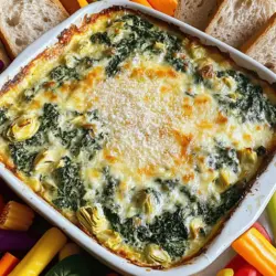 To make the best creamy spinach artichoke dip, you need: - 1 cup frozen spinach, thawed and drained - 1 cup canned artichoke hearts, drained and coarsely chopped - 1 cup cream cheese, softened - ½ cup sour cream - ½ cup mayonnaise - 1 cup shredded mozzarella cheese - ½ cup grated Parmesan cheese - 2 garlic cloves, minced - 1 teaspoon lemon juice - Salt and pepper to taste - ¼ teaspoon red pepper flakes (optional for a spicy kick) Preparing your ingredients is simple. First, thaw the frozen spinach and drain it well. This step is key; excess water can make your dip watery. Next, drain and chop the artichoke hearts. This helps them mix beautifully into the dip. For the cheeses, let the cream cheese soften at room temperature. This makes it easier to blend with the other ingredients. Mince the garlic cloves finely to release their full flavor. Finally, measure out the lemon juice and spices. This ensures a balanced taste. You can easily change a few ingredients if needed. For a lighter dip, use Greek yogurt instead of sour cream or mayonnaise. If you’re dairy-free, try using vegan cream cheese and dairy-free cheese. If you want a different flavor, add some cooked bacon or sautéed mushrooms. You can even use fresh spinach instead of frozen. Just make sure to cook it down first to reduce moisture. Enjoy experimenting with these options! To make creamy spinach artichoke dip, start by gathering your ingredients. You will need frozen spinach, canned artichoke hearts, cream cheese, sour cream, mayonnaise, mozzarella cheese, Parmesan cheese, garlic, lemon juice, salt, pepper, and optional red pepper flakes. This recipe takes only 10 minutes to prep and 25 minutes to cook. First, preheat your oven to 375°F (190°C). In a large bowl, mix the softened cream cheese, sour cream, and mayonnaise. Use a spatula or mixer to get a smooth and creamy texture. Then, add the chopped artichoke hearts and drained spinach to the mix. Throw in the minced garlic, mozzarella cheese, and Parmesan cheese. Lastly, add lemon juice, salt, pepper, and red pepper flakes if you want some heat. Stir until everything is well combined. Transfer the dip into a baking dish. Spread it out evenly for best results. Bake it in the preheated oven for 20-25 minutes. Look for the dip to be hot, bubbly, and a little golden on top. Once done, take it out and let it cool slightly before serving. For a great presentation, serve it with crusty bread or chips. You can find the full recipe for more details. To get the best creamy texture, you should use softened cream cheese. It blends better and mixes well with other ingredients. Also, make sure to drain the spinach and artichokes well. Excess water can make your dip runny. Mix all the ingredients until smooth. If you want an even creamier dip, add more cream cheese or a bit of heavy cream. This small change makes a big difference! You can boost the dip's flavor in several ways. First, add more garlic if you love that taste. Roasting the garlic before mixing gives a sweet, rich flavor. You can also try adding spices like smoked paprika or Italian herbs. A splash of hot sauce can give it a nice kick. Tasting as you go helps you to find the perfect balance. Serving your dip right is key. I like to serve it hot with crispy tortilla chips or crunchy bread. Fresh veggie sticks, like carrots and celery, are also great. They add a nice crunch and color. For a fancy touch, sprinkle some extra Parmesan cheese or fresh parsley on top before serving. This makes it look even better! If you want the full recipe, check it out [here](#). {{image_2}} To make a spicy version, add red pepper flakes. Use ¼ teaspoon for a mild kick. For more heat, add up to 1 teaspoon. You can also toss in diced jalapeños or a splash of hot sauce. This will give your dip a zesty flavor that warms up your taste buds. If you want a vegan or dairy-free dip, you can swap out the cream cheese. Use a vegan cream cheese instead. Replace sour cream and mayonnaise with cashew cream or coconut yogurt. Nutritional yeast adds a cheesy flavor without dairy. This way, you can enjoy a creamy dip that fits your diet. Using a slow cooker is great for parties. Mix all your ingredients in the slow cooker, just like the oven method. Cook on low for 2-3 hours. Stir occasionally to keep it smooth. This method keeps the dip warm, ready for guests to enjoy. You can serve directly from the cooker for easy cleanup. For the full recipe, check the section above. You can keep leftover creamy spinach artichoke dip in an airtight container. Place it in the fridge right after serving. It stays fresh for about three days. Make sure to let it cool first before sealing. This helps keep it creamy and tasty. To reheat the dip, use the oven for best results. Preheat your oven to 350°F (175°C). Place the dip in a baking dish and cover it with foil. Heat for about 15-20 minutes. You want it warm and bubbly again. If you’re in a hurry, you can use the microwave. Heat in short bursts of 30 seconds, stirring in between, until it’s hot. You can freeze creamy spinach artichoke dip for later. Use a freezer-safe container and leave some space at the top. The dip will expand as it freezes. It can last for up to two months in the freezer. To enjoy it again, thaw it overnight in the fridge. Then, reheat it using the oven or microwave. You’ll have a cozy snack ready to go! For the full recipe, check out the Creamy Spinach Artichoke Dip section. Yes, you can make this dip ahead of time. Prepare it up to step 5, then cover it and store it in the fridge. When you are ready to serve, bake it as directed. This way, you save time during your gathering. You have many options to serve with this dip. Here are some ideas: - Crusty bread - Tortilla chips - Fresh vegetable sticks This dip pairs well with anything crunchy or soft. You can also serve it with crackers or pita bread for variety. Yes, this dip is gluten-free. All the ingredients are naturally free of gluten. Just ensure your crackers or chips are gluten-free if you plan to serve them. Enjoy this tasty dip without worry! You now have a complete guide to making creamy spinach artichoke dip. We covered every step, from gathering your ingredients to storing leftovers. Remember, try different variations like a spicy twist or vegan options to suit your taste. Use my tips to get the best texture and flavor. Whether for a party or a quiet night, this dip will impress. Enjoy your cooking and share the joy of this tasty treat!