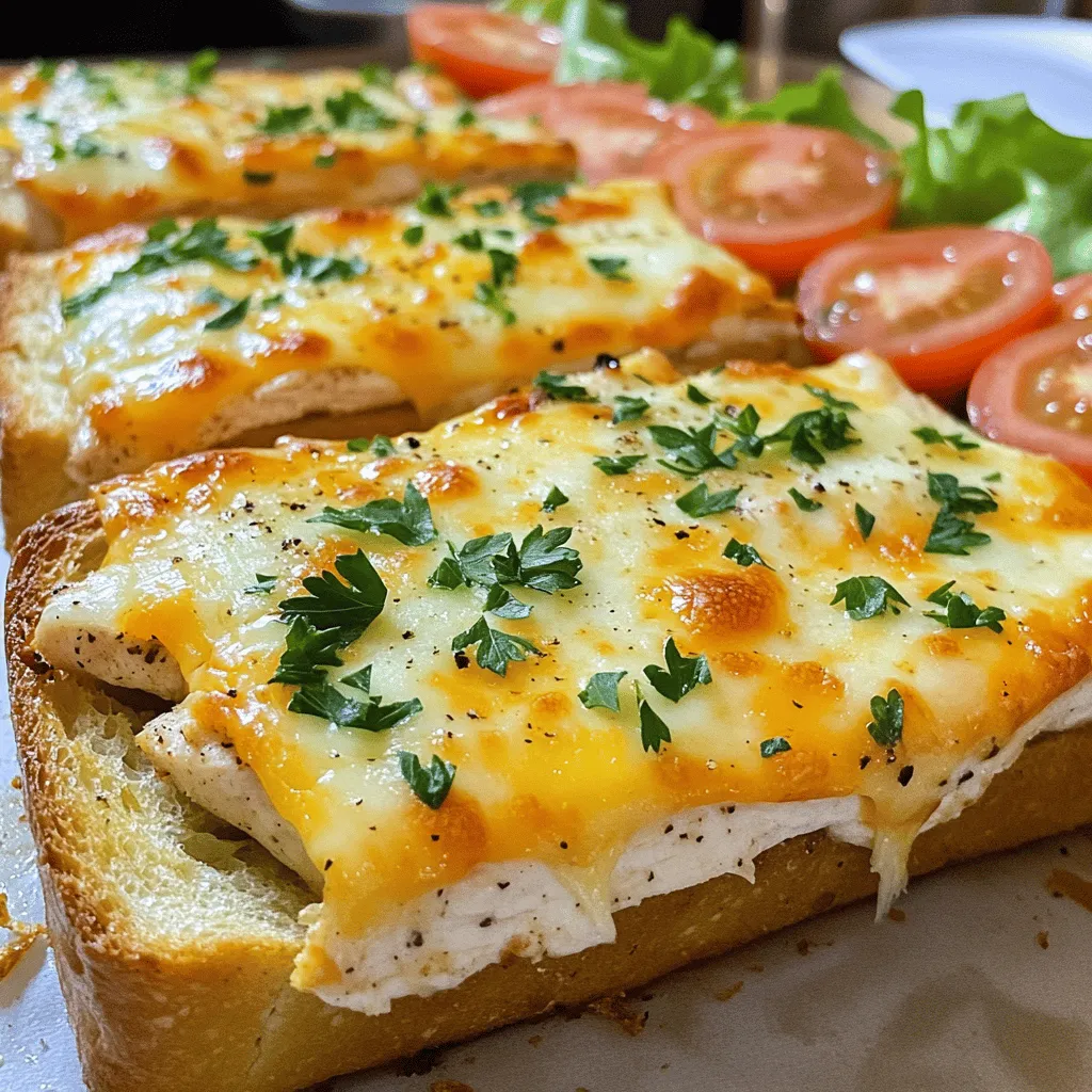 - 2 boneless, skinless chicken breasts - 1 cup shredded mozzarella cheese - 1/2 cup shredded cheddar cheese - 4 slices of thick garlic bread