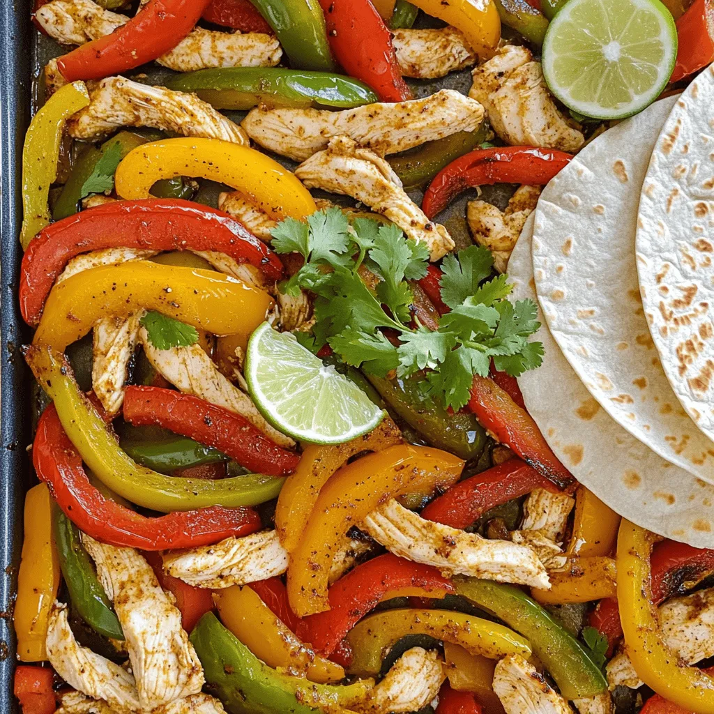 To make tasty sheet pan fajitas, you need a few key ingredients. Here’s what you’ll need: - Chicken and vegetable components: - 1 lb chicken breast, sliced into thin strips - 1 red bell pepper, sliced - 1 yellow bell pepper, sliced - 1 green bell pepper, sliced - 1 large onion, sliced - Seasonings and oil essentials: - 3 tablespoons olive oil - 2 teaspoons chili powder - 1 teaspoon cumin - 1 teaspoon paprika - 1 teaspoon garlic powder - 1 teaspoon onion powder - Salt and pepper to taste - Optional garnishes and serving items: - Fresh lime juice (from 1 lime) - Fresh cilantro, chopped (for garnish) - Flour or corn tortillas for serving With these ingredients, you will create a flavorful and easy dinner. Each item shines in the recipe, bringing its own taste to the table. For the full recipe, refer to the recipe section. To make great sheet pan fajitas, start with the chicken and veggies. Slice the chicken breast into thin strips. Use a sharp knife for even cuts. Next, slice the red, yellow, and green bell peppers and the onion. Aim for uniform sizes to ensure even cooking. Now, let's mix the seasoning blend. In a small bowl, combine olive oil, chili powder, cumin, paprika, garlic powder, onion powder, salt, and pepper. This blend adds a punch of flavor. Make sure it is well mixed so every bite is tasty. Prepare your sheet pan by lining it with parchment paper or foil. This helps with easy cleanup. Spread the sliced chicken and veggies on the pan in one layer. This step is key for even cooking. Preheat your oven to 400°F (200°C). This temperature helps the fajitas cook perfectly. Once the oven is ready, place the sheet pan inside. Bake for 25 to 30 minutes. Check halfway through and stir everything. This ensures even cooking for the chicken and vegetables. When the chicken is cooked through and the veggies are tender, take the pan out. Squeeze fresh lime juice over the top for added zest. This simple step brightens the dish. Now it's time to serve! Warm your tortillas in a pan or microwave. This makes them soft and easy to fold. Spoon the fajita mix onto each tortilla. Top with your favorites like sour cream, guacamole, or salsa. For a fresh touch, sprinkle chopped cilantro on top. Feel free to explore different toppings for your fajitas. You can add shredded cheese or fresh veggies too. This makes each bite even better. For the full recipe, check the link! To enhance flavors, marination is key. I like to marinate the chicken for at least 30 minutes. Use a mix of olive oil, lime juice, and spices. This adds depth and makes the chicken juicy. For extra flavor, try adding fresh garlic or a splash of your favorite hot sauce. Adjusting spice levels is easy. Start with the basic recipe, then taste. If you want more heat, add extra chili powder or a dash of cayenne. For a milder dish, reduce the chili powder. Always remember, you can add more, but you can't take it out! Preparing ingredients in advance can save time. Slice the chicken and veggies the night before. Store them in the fridge in sealed bags. This way, when it's time to cook, you're ready to go! You can even mix the spices ahead of time. Clean-up can be quick too. Line your sheet pan with parchment paper. This prevents sticking and makes for easy clean-up. After cooking, let the pan soak in hot, soapy water. This makes scrubbing much easier! {{image_2}} You can swap the chicken in the recipe for other proteins. Beef works great for a heartier taste. Slice flank steak or skirt steak into thin strips. For a lighter meal, try shrimp. Just peel and devein them, then add them to the mix. Tofu is a fantastic choice for a vegetarian option. Firm tofu soaks up flavors well. Press it for a few minutes to remove excess water, then cube it before adding to the pan. Feel free to get creative with your veggies. You can use zucchini, mushrooms, or corn. Sweet potatoes add a nice twist, too. Just chop them into small pieces so they cook evenly. Don’t forget about adding some leafy greens. Spinach or kale can give a fresh crunch. Mix and match based on what you have at home. This makes your fajitas unique every time! Want to add a kick? Increase the chili powder or add cayenne pepper. For a smoky flavor, try smoked paprika. Fresh herbs like cilantro or oregano can brighten your fajitas. You can also add a squeeze of lime for extra zest. Experiment with different spices to find your perfect blend. This way, you can tailor the dish to your taste buds! For the full recipe, check out the complete details above. After enjoying your sheet pan fajitas, you may have some leftovers. First, let them cool to room temperature. Next, store them in an airtight container. This keeps the flavors fresh. You can refrigerate them for up to four days. If you want to keep them longer, you can freeze them. Place the fajitas in a freezer-safe bag. Be sure to remove as much air as possible. They can last up to three months in the freezer. To keep things organized, label the bag with the date. When it's time to eat your leftovers, you want them to taste great. For the best flavor and texture, I recommend reheating them in the oven. Preheat your oven to 350°F (175°C). Spread the fajitas on a baking sheet. Cover them lightly with foil to keep them moist. Heat for about 10 to 15 minutes. You can also use a microwave. Place the fajitas on a microwave-safe plate. Heat them for about one to two minutes. Stir halfway through to ensure even heating. If you want, you can add a splash of lime juice before eating. This helps bring back that fresh taste. You can add heat to your fajitas in several ways. Here are some tips: - Use jalapeños: Slice fresh jalapeños and mix them in with your veggies. - Add hot sauce: Drizzle your favorite hot sauce over the cooked fajitas. - Use cayenne pepper: Sprinkle cayenne into the spice mix for a kick. - Try spicy salsa: Serve with a spicy salsa for extra heat. Adding any of these can elevate the flavor and make your fajitas exciting. Yes, you can use other methods to cook fajitas. Here are some alternatives: - Grilling: Fire up the grill and cook the chicken and veggies for a smoky taste. - Stovetop: Sauté everything in a skillet over medium heat for quick cooking. - Broiling: Place the sheet pan under the broiler for a few minutes to char the ingredients. Each method brings out different flavors and textures. Pair your fajitas with complementary sides for a complete meal. Consider these options: - Refried beans: Creamy and savory, they add a nice touch. - Mexican rice: Flavorful rice complements the spices in the fajitas. - Guacamole: Creamy avocado adds richness and freshness. - Corn on the cob: Sweet corn balances the savory fajitas. These sides enhance the overall dining experience and keep the flavors vibrant. For the full recipe, check out the complete instructions for making Sheet Pan Fajitas Fiesta! Making sheet pan fajitas is simple and fun. We covered all ingredients needed, from chicken to seasonings. You learned how to prep, cook, and serve this delicious dish. Plus, I shared tips for flavor and time-saving ideas. Fajitas can easily fit your taste, using different proteins and veggies. Whether you enjoy them spicy or mild, you can make them just right. Don’t forget to try new sides for a complete meal. Enjoy your cooking, and let those fajitas shine on your table!