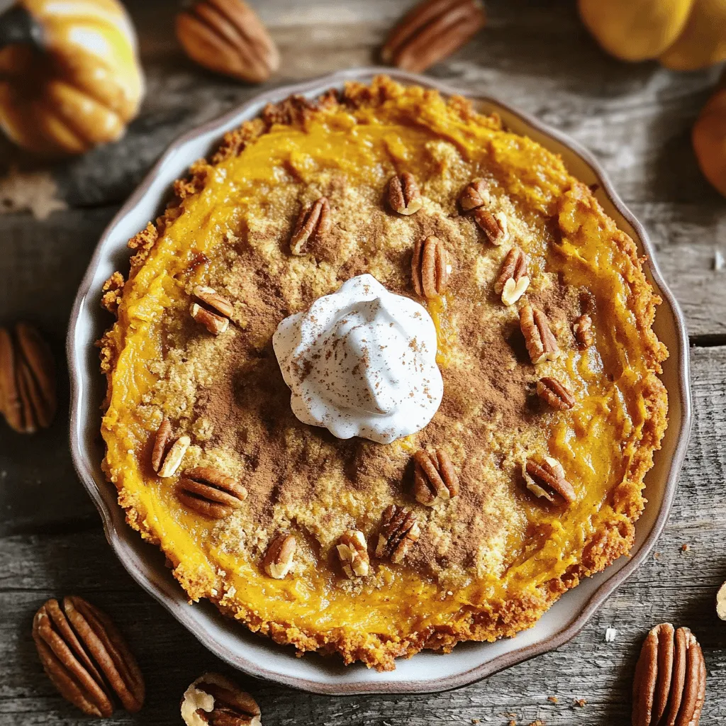To make a delicious Pumpkin Pie Dump Cake, you'll need the following ingredients: - 1 can (15 oz) pumpkin puree - 1 can (12 oz) evaporated milk - 3 large eggs - 1 cup granulated sugar - 1 teaspoon vanilla extract - 1 teaspoon ground cinnamon - 1/2 teaspoon ground nutmeg - 1/2 teaspoon ground ginger - 1/4 teaspoon salt - 1 box (15.25 oz) yellow cake mix - 1/2 cup unsalted butter, melted - 1 cup chopped pecans or walnuts (optional) - Whipped cream, for serving (optional) Each ingredient plays a key role. The pumpkin puree gives it that rich flavor. Evaporated milk adds creaminess. The eggs help bind everything together. Sugar sweetens the mix, while vanilla enhances the taste. Ground spices like cinnamon, nutmeg, and ginger bring warmth and depth. Salt balances the sweetness. The yellow cake mix forms a lovely crust on top. Melted butter adds richness and helps create a golden finish. If you enjoy nuts, pecans or walnuts add a nice crunch. Finally, whipped cream can make each slice even more delightful. For the full recipe, check out the guide. - Preheat the Oven Set your oven to 350°F (175°C). This helps bake the cake evenly. - Prepare the Baking Dish Grease a 9x13 inch baking dish. Use butter or cooking spray to prevent sticking. - Mix Pumpkin Ingredients In a large bowl, mix together: - 1 can (15 oz) pumpkin puree - 1 can (12 oz) evaporated milk - 3 large eggs - 1 cup granulated sugar - 1 teaspoon vanilla extract - 1 teaspoon ground cinnamon - 1/2 teaspoon ground nutmeg - 1/2 teaspoon ground ginger - 1/4 teaspoon salt Whisk until smooth and blended well. - Layer Pumpkin and Cake Mix Pour the pumpkin mixture into the baking dish. Spread it evenly across the bottom. Next, sprinkle the dry yellow cake mix over the pumpkin layer. Make sure to cover it all. Do not mix! - Add Butter and Nuts Drizzle the melted butter over the cake mix. This helps it bake nicely. If you want nuts, sprinkle them on top now. Use 1 cup chopped pecans or walnuts if you like. - Baking Time: 50-60 Minutes Place the baking dish in the oven. Bake for 50-60 minutes. The top should be golden brown. - Checking for Doneness To check, insert a toothpick into the center. If it comes out clean, it’s ready. - Letting It Cool Once done, take it out of the oven. Let it cool for 10-15 minutes. This makes it easier to cut and serve. Avoiding Overmixing When you mix the pumpkin and egg blend, mix just until smooth. Overmixing can make the cake dense. You want a light and fluffy texture. Ensuring Even Butter Distribution After sprinkling the dry cake mix, drizzle the melted butter evenly. This step is key for a crispy top and a moist inside. Every bite should feel rich and buttery. Flavor Enhancements Want to take your dump cake to the next level? Try adding a pinch of allspice or a splash of maple syrup. Both will boost the flavors and give it a unique twist. Garnishing Options For a nice touch, sprinkle some cinnamon or nutmeg on top. You can also add pecan halves for a fun crunch. These small details make your dish more appealing. Pairing with Ice Cream or Whipped Cream Serve the cake warm with a scoop of vanilla ice cream or a dollop of whipped cream. The cold creaminess balances the warm spices perfectly. Best Serving Temperatures This cake tastes great warm or at room temperature. Warm slices will melt the ice cream, creating a delightful dessert. You can enjoy it however you like! For the full recipe, check out the details above. {{image_2}} You can easily change the flavor of your pumpkin pie dump cake. One way is to add chocolate or caramel. Just drizzle melted chocolate on top of the cake mix or swirl in caramel. This makes each bite sweeter and richer. Another option is to incorporate different nuts. Pecans and walnuts work well, adding crunch. You can also use almonds or hazelnuts for a new twist. Just sprinkle them on top before baking. If you need a gluten-free version, simply swap the yellow cake mix for a gluten-free blend. Make sure all other ingredients are gluten-free too. This way, everyone can enjoy this tasty dessert! You can make your cake more festive with seasonal spices. Add a pinch of allspice or cloves to the pumpkin mix. This will give it a warm, holiday feel. You may also want to try adding maple syrup instead of some sugar. Another fun idea is to layer in fruit. Sliced apples or pears can add a fresh touch. Simply place the fruit on top of the pumpkin layer before adding the cake mix. It will create a delightful surprise in every slice. For the full recipe, check out the details above! To keep your Pumpkin Pie Dump Cake fresh, store it in the fridge. Use an airtight container or cover it tightly with plastic wrap. This helps keep the moisture in and the cake tasty. The recommended shelf life is about 3 to 4 days in the fridge. After that, the texture may change, and it may lose some flavor. If you want to keep it longer, consider freezing it. To warm up the cake, preheat your oven to 350°F (175°C). Slice the cake and place it in an oven-safe dish. Cover it with foil to prevent it from drying out. Heat for about 15 to 20 minutes. You can also microwave a slice for about 30 seconds if you need a quick fix. Just be careful not to overheat it. For the best serving practices after storage, serve it warm. Add a dollop of whipped cream or a scoop of vanilla ice cream on top. This makes for a delightful treat that feels fresh and new! How do I know when Pumpkin Pie Dump Cake is done? You will know it's done when the top is golden brown. A toothpick should come out clean when you poke it in the center. This usually takes about 50 to 60 minutes in the oven. Keep an eye on it as it bakes! Can I use fresh pumpkin instead of canned? Yes, you can use fresh pumpkin! Just make sure to cook and puree it first. Fresh pumpkin has a great flavor, but it may need extra time to bake. Use about 2 cups of fresh puree for this recipe. Is Pumpkin Pie Dump Cake similar to traditional pumpkin pie? Not exactly. Pumpkin Pie Dump Cake has a cake-like top. Traditional pumpkin pie has a crust and a smooth filling. This dump cake is easier to make and gives you a fun twist on the classic dessert! How can I make this recipe ahead of time? You can prepare the pumpkin mix in advance. Just store it in the fridge. When you're ready to bake, simply pour it in the baking dish, add the cake mix and butter, and pop it in the oven. This makes serving easy! Why did my cake turn out soggy? A soggy cake can happen if you added too much liquid. Make sure to measure the pumpkin and milk correctly. Also, avoid mixing the cake mix with the pumpkin. Layering is key to getting the right texture. What should I do if I don't have all the spices? If you lack some spices, you can still make it taste good. Try using a pumpkin pie spice mix if you have it. This mix usually has cinnamon, nutmeg, and ginger. Adjust the amount based on your taste. This blog post covered a simple and tasty pumpkin pie dump cake recipe. We looked at key ingredients, step-by-step instructions, and helpful tips. You learned how to make it perfect every time. We explored various flavors, from chocolate to nut options, and talked about storage too. With these insights, you can enjoy this dessert whenever you like. Get creative and try new additions. Each bite will remind you of fall and holiday fun. Embrace this easy recipe and share it with friends. Enjoy your baking!
