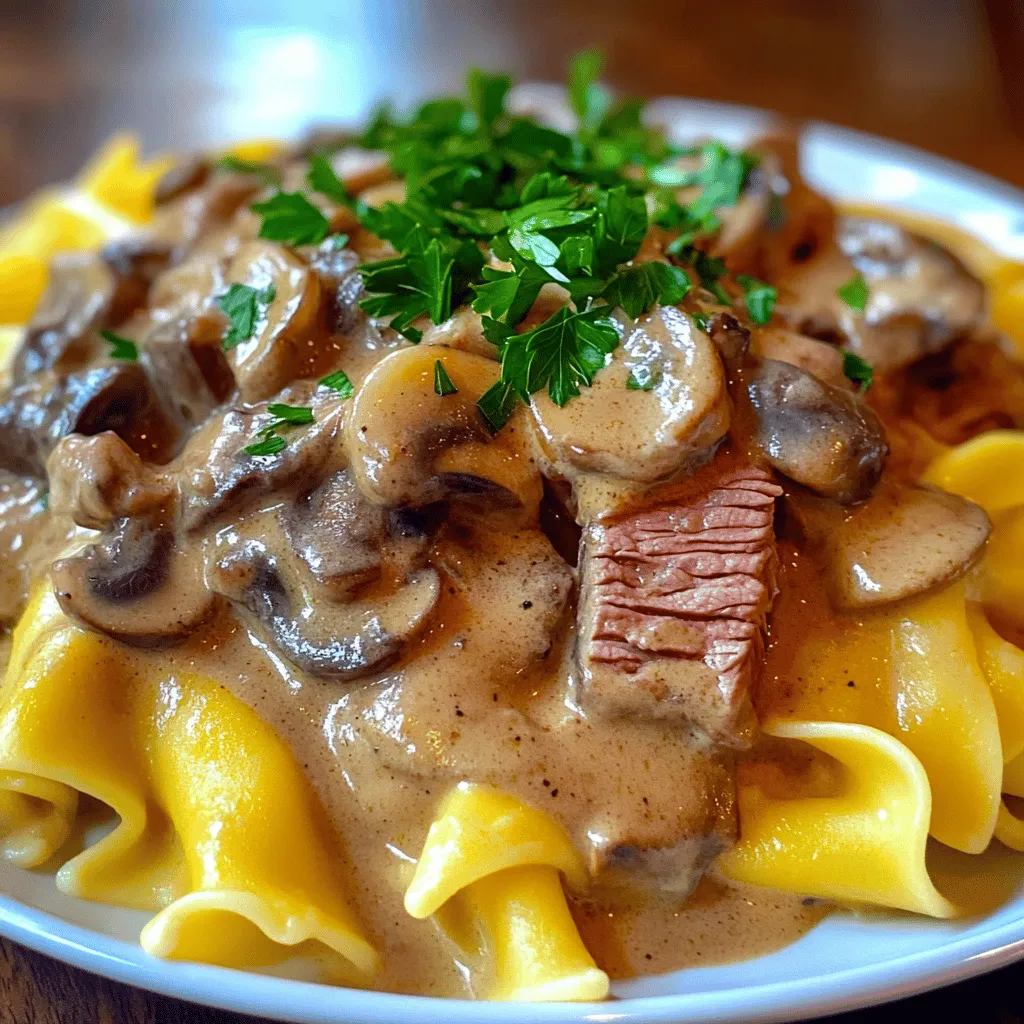 Here are the key ingredients you need for a tasty beef stroganoff: - 1 pound beef sirloin, sliced thinly - 1 medium onion, finely chopped - 2 cloves garlic, minced - 8 ounces mushrooms, sliced - 2 tablespoons all-purpose flour - 1 cup beef broth - 1 cup sour cream - 2 tablespoons Worcestershire sauce - 1 tablespoon Dijon mustard - 2 tablespoons butter - Salt and pepper to taste - 8 ounces egg noodles (or your favorite pasta) - Fresh parsley, chopped (for garnish) Each ingredient plays a big role in making this dish rich and flavorful. The beef sirloin gives the dish its heartiness, while the onions and garlic add a nice base flavor. Mushrooms bring earthiness, and the sauce components make everything creamy and delicious. The egg noodles serve as a perfect bed for this savory mix. Use fresh ingredients for the best taste. With this list, you are ready to create a comforting beef stroganoff. You can find the full recipe [here]. Start by cooking the egg noodles. Follow the package instructions carefully. Use salted boiling water for the best flavor. This step makes the noodles taste great. Drain the noodles when they are just right, then set them aside. For the beef, you need to brown it properly. Heat a large skillet over medium-high heat. Melt one tablespoon of butter in the hot skillet. Season the beef with salt and pepper. Add the beef to the skillet. Cook it for about 2-3 minutes. Make sure not to overcook it. It should be browned but still a bit pink inside. Remove the beef and put it aside. Now it’s time to sauté the onions and garlic. In the same skillet, add the rest of the butter. Toss in the chopped onion and cook for 2-3 minutes. Wait until the onion turns translucent. Then add the minced garlic and cook for one more minute. This adds a lot of flavor to your dish. Next, add the sliced mushrooms to the skillet. Cook them until they are soft, which takes about 4-5 minutes. To create the sauce, sprinkle the flour over the mushroom mixture. Stir well to mix it in. Slowly pour in the beef broth. Keep stirring to prevent lumps from forming. Add Worcestershire sauce and Dijon mustard. Let this mixture simmer for about 3-4 minutes until it thickens nicely. Lower the heat to medium-low. Mix in the sour cream until it is fully combined. Then add the browned beef back into the skillet. Let it simmer for another 2-3 minutes. This warms the beef through and blends the flavors well. You can now serve your beef stroganoff over the cooked egg noodles. For that final touch, garnish with fresh parsley. Enjoy making this classic dish! For the full recipe, check out the details above. To boost the flavor of your beef stroganoff, consider adding a few herbs and spices. Fresh thyme or parsley adds a bright taste. You can also try a pinch of paprika for warmth. Fresh ingredients tend to have more flavor than dried ones. If you use dried herbs, reduce the amount since they are more concentrated. Your stove type can affect cooking times. Electric stoves take longer to heat up than gas ones. Adjust your cooking time by checking the beef often. Cook until it is tender but not overdone. Let it rest for a moment after cooking, as it helps keep the beef juicy. For a lovely plate, serve your stroganoff in shallow bowls. Drizzle with a little extra sour cream for a nice touch. Top with fresh parsley for color. You can pair it with a simple green salad or steamed veggies for a classic look. This not only makes the dish more appealing but also adds nutrition. {{image_2}} You can swap beef for chicken or turkey. This keeps the dish light. Chicken works well and stays tender. Turkey provides a nice, hearty flavor. For a meat-free version, use mushrooms and tofu. This cooks down nicely and soaks up flavors. Try using Greek yogurt instead of sour cream. This gives a tangy note to the sauce. You can also add wine or brandy to boost the flavor. A splash of red wine enhances richness. It makes the dish feel more gourmet with little effort. You can add vegetables like bell peppers or spinach. This gives the dish more color and nutrients. Adding a bit of cheese can also enhance flavor. Parmesan or cream cheese melts well into the sauce. These small changes can make your Beef Stroganoff even more special. For the full recipe, check the section above. After enjoying your beef stroganoff, store it properly. Let it cool down first. Place the beef stroganoff in a container with a tight lid. Use glass or plastic containers that seal well. This keeps it fresh for longer. When it's time to enjoy leftovers, reheat gently. The microwave works well, but use low power. Heat for about 1-2 minutes, then stir. You can also use a skillet on low heat. Stir often and heat for about 5-7 minutes. This keeps the texture nice. Freezing is great for long-term storage. Divide the beef stroganoff into single portions. Place them in freezer-safe bags or containers. Be sure to remove as much air as possible. Label each bag with the date. For best results, thaw in the fridge overnight. Avoid thawing at room temperature. This keeps the flavors and texture intact. Beef Stroganoff first appeared in Russia in the 19th century. This dish is named after the Stroganov family, who were wealthy merchants. The original recipe used sautéed beef, mustard, and a sour cream sauce. It has since traveled worldwide, adapting to local tastes and ingredients. Yes, you can prepare Beef Stroganoff in advance. Cook the beef and sauce, then store them separately from the noodles. Keep the beef in an airtight container in the fridge. You can reheat it on the stovetop or in the microwave. Just cook the noodles fresh to keep them tender. Beef Stroganoff pairs well with many sides. Here are some great options: - Steamed broccoli - Roasted green beans - Garlic bread - Mixed green salad These sides add color and balance the rich flavors of the stroganoff. To make Beef Stroganoff gluten-free, use gluten-free flour for the sauce. You can also swap regular egg noodles with gluten-free pasta or zucchini noodles. Check labels to ensure all ingredients are gluten-free, especially Worcestershire sauce. To achieve a creamy texture, use full-fat sour cream or cream cheese. Add it to the sauce after it thickens. Stir gently to combine, and don’t let the sauce boil after adding the cream. This keeps it smooth and prevents curdling. Enjoy the creamy richness! For a detailed guide, check out the Full Recipe. This article covered the main steps to make a delicious beef stroganoff. We explored essential ingredients, cooking techniques, and ways to enhance flavor. You learned how to adjust cooking times and create variations to suit your tastes. Cooking should be fun and experimental. Don’t hesitate to try new ingredients or methods. With practice, you’ll master this dish and impress your family and friends. Enjoy your beef stroganoff adventure!
