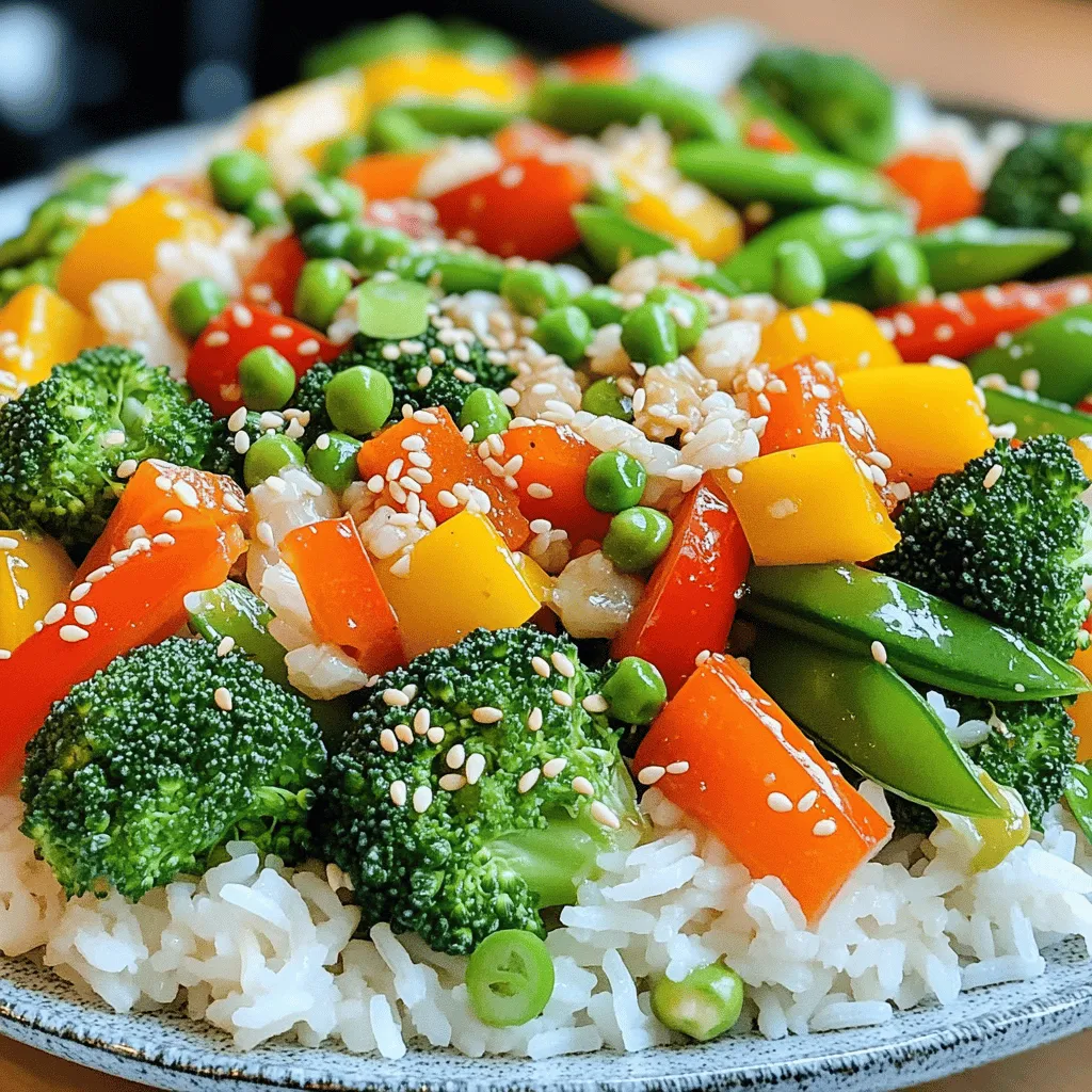 To make an easy veggie stir-fry, you'll need fresh ingredients that bring great flavor. Here’s what you should gather: - 1 cup broccoli florets - 1 cup bell peppers (red and yellow), sliced - 1 cup snap peas - 1 medium carrot, julienned - 1 zucchini, sliced - 3 cloves garlic, minced - 2 tablespoons ginger, grated - 3 tablespoons soy sauce (or tamari for gluten-free) - 1 tablespoon sesame oil - 1 tablespoon olive oil - 1 tablespoon rice vinegar - 1 tablespoon sesame seeds (optional for garnish) - Salt and pepper to taste Each ingredient plays a role. Broccoli adds crunch and color, while bell peppers bring sweetness. Snap peas offer a nice snap, and carrots add a lovely orange hue. Zucchini keeps it light and fresh. Garlic and ginger are your flavor powerhouse, giving depth to each bite. You can adjust the amounts based on your taste. If you love garlic, add more! If you want extra veggies, feel free to swap in your favorites. This recipe is all about making it yours. For the full recipe, check out the details on how to prepare and cook this dish perfectly! Start with fresh veggies. Wash everything well. Chop the broccoli into small florets. Cut the bell peppers into thin slices. Julienne the carrot so it cooks evenly. Slice the zucchini into half-moons. Next, we need the aromatics. Mince three cloves of garlic. Grate about two tablespoons of ginger. These flavors will shine in your dish! Heat a large skillet or wok over medium-high heat. Add one tablespoon of olive oil. Once it shimmers, add the minced garlic and grated ginger. Sauté for about 30 seconds until they smell good. Be careful not to burn them. Now, toss in the chopped veggies: broccoli, bell peppers, snap peas, carrot, and zucchini. Stir-fry for about 5-7 minutes. Cook until the veggies are tender-crisp. You want a nice crunch! Next, pour in three tablespoons of soy sauce and one tablespoon of sesame oil. Mix everything well. Add a splash of rice vinegar, then season with salt and pepper to taste. For the last step, stir-fry for another 2-3 minutes. This lets all the flavors blend together. Serve this colorful stir-fry over jasmine rice or quinoa. Don’t forget to sprinkle sesame seeds on top for a nice touch. You’ll find this recipe works well for quick meals, making it a great go-to option. Check out the Full Recipe for more details! To get the best flavor in your veggie stir-fry, use high heat. This helps the vegetables cook fast while keeping their crunch. I like to add the garlic and ginger first. Sauté them for about 30 seconds. This step releases their oils and enhances the taste. - Broccoli: Cook for 5-7 minutes. - Bell Peppers: Cook for 5 minutes. - Snap Peas: Cook for 3-4 minutes. - Carrot: Cook for 4-5 minutes. - Zucchini: Cook for 3-4 minutes. Aim for tender-crisp veggies. They should be soft but still have a nice bite. This stir-fry pairs well with rice, quinoa, or tofu. Serve it on a bed of steamed jasmine rice for a great meal. You can also add cooked quinoa for a healthy twist. For a beautiful finish, consider garnishing with fresh herbs. Chopped cilantro or thinly sliced green onions add great color and flavor. Try adding sesame seeds on top for a nice crunch. It makes the dish look even more appetizing! For the full recipe, check out the Easy Veggie Stir-Fry. {{image_2}} If you want to change things up, you can easily swap ingredients. For soy sauce, try coconut aminos or tamari for a gluten-free option. Instead of sesame oil, you can use peanut or avocado oil. When it comes to veggies, think about what you have. Cauliflower, asparagus, or even leafy greens like spinach can work well. You can also mix in mushrooms for a different texture and flavor. If you need protein, tofu and tempeh are great choices. Just press and cube tofu before adding it to the stir-fry. Tempeh can be sliced thin. Both absorb flavors nicely and add a hearty touch to your meal. To change the flavor of your stir-fry, you can add different sauces or spices. Try hoisin sauce for a sweet touch, or oyster sauce for a rich flavor. You can also explore fresh herbs like basil or cilantro for brightness. Want a spicy kick? Add chili flakes or sriracha for heat. Start with a small amount, then add more if you like it spicy. This adds depth and makes the dish more exciting. For more ideas, check out the Full Recipe. You’ll find endless ways to make this dish your own! To keep your veggie stir-fry fresh, store leftovers in an airtight container. This helps lock in moisture and flavor. Glass or BPA-free plastic containers work well. Make sure to cool the stir-fry to room temperature before sealing. You can safely store it in the fridge for up to three days. If you want to enjoy it later, label the container with the date. Freezing your stir-fry is easy and keeps it tasty. First, let it cool completely. Next, place it in a freezer-safe container or a heavy-duty freezer bag. Remove as much air as possible to avoid freezer burn. Your stir-fry can last up to three months in the freezer. When you're ready to eat, thaw it overnight in the fridge. To reheat, use a skillet over medium heat. This helps maintain the texture. Avoid microwaving, as it can make the veggies mushy. Stir occasionally until hot, and enjoy your meal! How to make the stir-fry more nutritious? You can add more veggies like spinach or kale. Adding nuts or seeds boosts protein. Try using brown rice instead of white for extra fiber. What can I substitute for soy sauce in the recipe? You can use tamari for a gluten-free option. Coconut aminos is another good choice. If you like it sweet, mix in a bit of maple syrup. Can I prepare the stir-fry ahead of time? Yes, you can prep the veggies a day before. Just store them in the fridge. Cook the stir-fry right before you want to eat for the best taste. What vegetables work best for stir-fry? Great choices include bell peppers, carrots, and broccoli. Zucchini and snap peas are also tasty. You can mix in any of your favorite vegetables. How long does it take to cook a veggie stir-fry? Cooking takes about 10 minutes. Prep time adds a few minutes. You can have a meal ready in 15 minutes! Can I make this recipe gluten-free? Yes, use tamari instead of soy sauce. This makes the dish safe for gluten-free diets. Check other ingredients to ensure they are gluten-free. You learned how to make a delicious veggie stir-fry with simple steps. We covered ingredients, cooking methods, and tips for keeping your veggies crunchy and flavorful. Remember, you can adjust flavors and ingredients to fit your taste. The options for serving and storing leftovers make this dish even better. Dive into this stir-fry and enjoy healthy meals anytime! Cooking can be fun and simple. Satisfy your cravings and impress your friends with your new skills!
