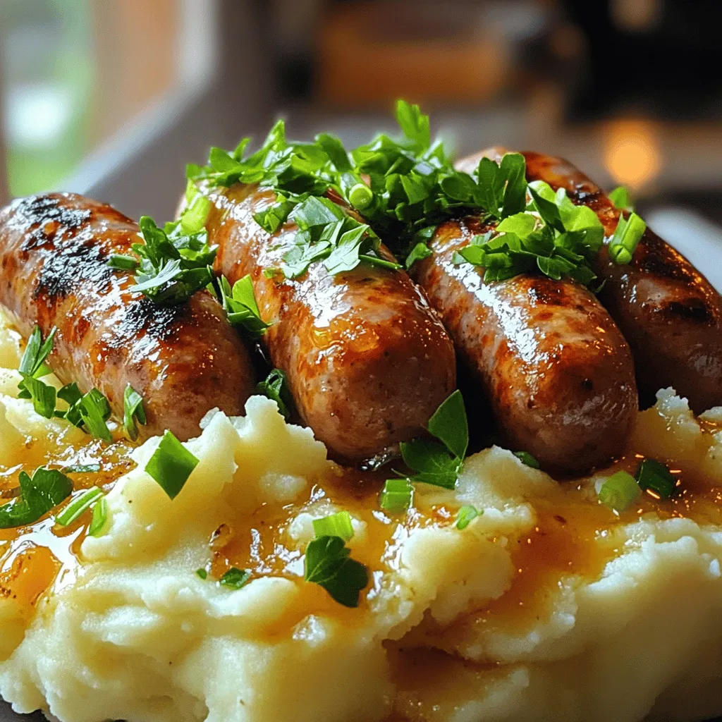 What are the essential ingredients for bangers and mash? The main ingredients are pork sausages, potatoes, milk, and butter. You can use any flavor of sausage you like. I recommend six sausages for a family meal. For four people, use four large potatoes. These potatoes should be peeled and chopped for easy cooking.