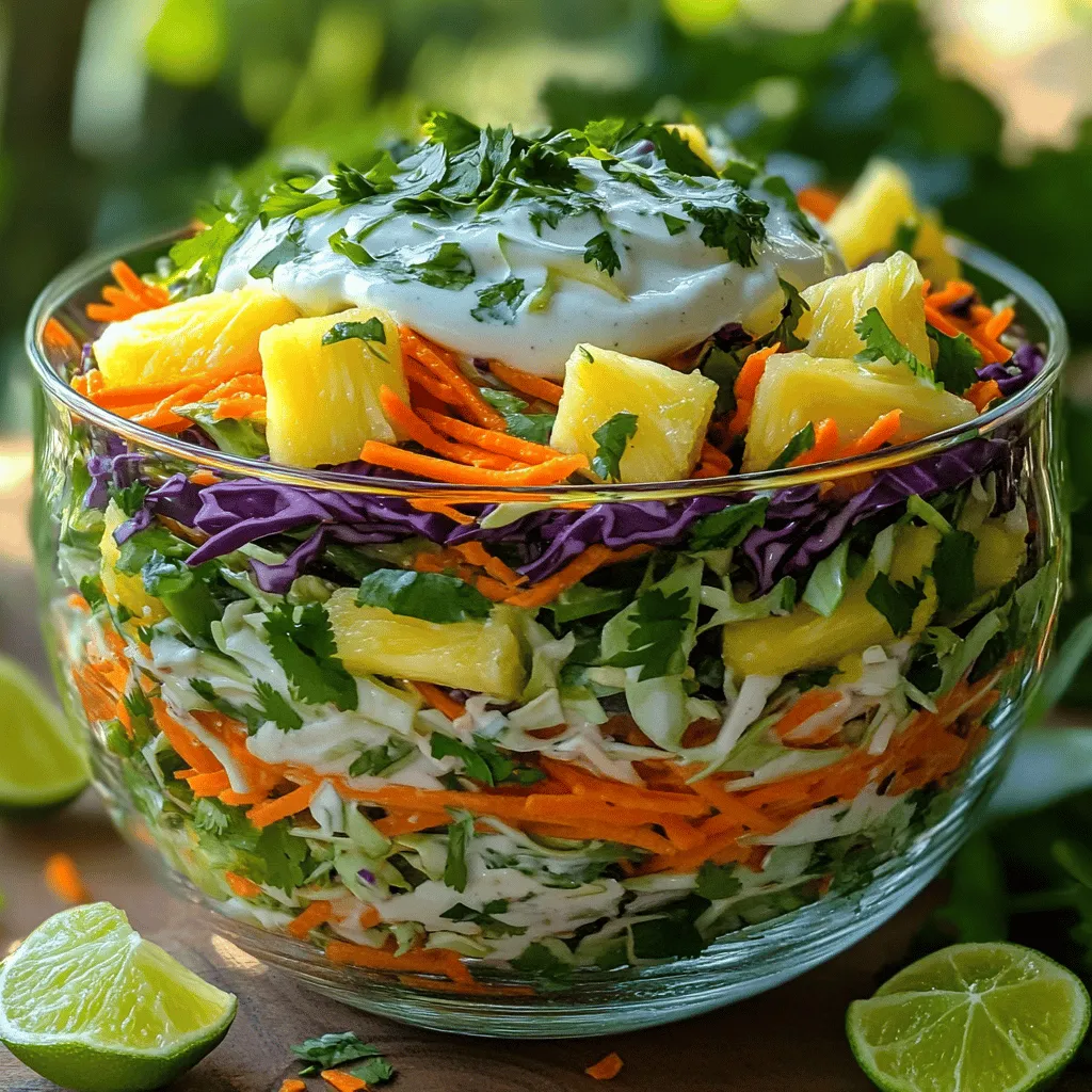 To make this coleslaw, gather these fresh ingredients: - 4 cups green cabbage, finely shredded - 1 cup purple cabbage, finely shredded - 1 cup carrots, grated - 1 cup pineapple, diced (fresh or canned, drained) - 1/2 cup red bell pepper, thinly sliced - 1/4 cup fresh cilantro, chopped - 3/4 cup Greek yogurt - 2 tablespoons honey - 2 tablespoons apple cider vinegar - 1 tablespoon lime juice - Salt and pepper to taste - Optional: 1/4 cup chopped macadamia nuts for crunch