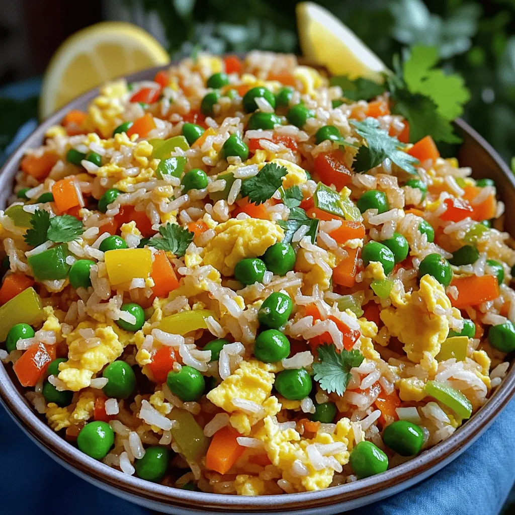 To make a great fried rice, you need some key ingredients. These items create the base of your dish. Here is what you need: - 2 cups cooked jasmine rice (preferably cold) - 1 cup mixed bell peppers (red, yellow, and green), diced - 1 cup frozen peas and carrots mix - 3 green onions, chopped (white and green parts separated) - 2 large eggs, lightly beaten - 3 tablespoons soy sauce (or tamari for gluten-free) - 1 tablespoon sesame oil - 2 tablespoons vegetable oil - 1 teaspoon garlic, minced - 1 teaspoon ginger, minced - Salt and pepper to taste - Fresh cilantro leaves for garnish (optional) - Lemon wedges for serving (optional) These ingredients are simple, yet they pack a lot of flavor. The cold rice helps it fry better. You can add more fun and flavor to your fried rice. Here are some optional ingredients to try: - Cooked chicken, shrimp, or tofu for protein - Other veggies like carrots or corn - Spices like chili flakes for heat - Nuts like cashews or peanuts for crunch Feel free to mix and match based on what you like! If you have allergies, you can swap some ingredients. Here are some ideas: - Use quinoa or brown rice instead of jasmine rice. - Swap soy sauce for coconut aminos if you need gluten-free. - Use egg replacer or tofu for a vegan option. These substitutions keep your fried rice tasty and safe to eat. You can find the full recipe above to help you get started on this delicious dish! To start, you need cold jasmine rice. It works best for fried rice. Cook your rice a day ahead or cool it in the fridge. This stops the grains from sticking. Gather your fresh ingredients: diced bell peppers, frozen peas, and carrots. Chop the green onions, separating the white and green parts. Heat a large skillet or wok over medium heat. Add one tablespoon of vegetable oil. Once hot, add minced garlic and ginger. Sauté for about 30 seconds. This step brings out the flavors. Next, pour in the beaten eggs. Stir quickly to scramble them. Once cooked, remove the eggs and set them aside. In the same skillet, add the remaining oils. Toss in the diced bell peppers. Cook for 2 to 3 minutes, letting them soften. Then, add the frozen peas and carrots. Stir-fry for another 2 minutes until fully heated. Now, raise the heat to high. Add your cold jasmine rice, breaking up clumps with a spatula. Drizzle soy sauce over the rice. Mix well to combine everything. Fold in the scrambled eggs and the chopped white parts of green onions. Give it a taste and season with salt and pepper. Cook everything together for 2 more minutes. This step adds a nice crisp to the rice if you like. For a great finish, remove the skillet from heat. Stir in the green parts of green onions and optional cilantro. They add freshness. Present the fried rice in a big bowl or on a plate. Garnish with extra green onions and cilantro. Serve with lemon wedges for a zesty touch. Enjoy your savory rainbow fried rice! For the full recipe, check out the details above. To make your fried rice pop with flavor, I have some expert tips for you. First, always use cold rice. This helps to keep the grains separate. Freshly cooked rice can become mushy. Second, add a splash of soy sauce towards the end of cooking. This gives your dish a savory kick. You can also try adding a bit of oyster sauce for depth. Lastly, fresh herbs, like cilantro, brighten the dish. Toss them in just before serving for best results. Many home cooks make simple mistakes with fried rice. One common error is overcrowding the pan. This can lead to steaming rather than frying. Make sure to cook in batches if needed. Another mistake is not using enough oil. Oil helps to prevent sticking and adds flavor. Also, don’t skip the garlic and ginger. They are key to a tasty base. Lastly, avoid overcooking the vegetables. You want them tender yet crisp. Cooking rice well is crucial for perfect fried rice. Start by rinsing your rice under cold water to remove excess starch. This keeps the rice from sticking together. Use a rice cooker or follow the stovetop method for best results. For jasmine rice, the ratio is typically 1 cup of rice to 1.5 cups of water. Let the rice cool completely before using it in your fried rice. This will help achieve that ideal texture. For the full recipe, check the instructions above. {{image_2}} For a tasty vegetarian or vegan fried rice, skip the eggs. Use extra veggies instead. Zucchini, mushrooms, and snap peas add flavor and color. You can also add tofu for protein. Marinate it in soy sauce for extra taste. Nutritional yeast can give a cheesy flavor without dairy. If you like protein, try chicken, shrimp, or tofu. For chicken, use cooked, diced pieces. For shrimp, toss in raw shrimp and cook until pink. Tofu is great for a vegetarian option. Just cube it and sauté until golden. Each choice adds a unique flavor to your fried rice. You can also explore different cuisines. For Thai fried rice, add basil and lime juice. In Chinese-style, use more soy sauce and sesame oil. If you want an Indian twist, add curry powder and peas. Each style brings its own special taste. Enjoy experimenting with flavors from around the world! Storing leftover fried rice is simple. First, let it cool to room temperature. Then, transfer it to an airtight container. Make sure to seal it well. This keeps the rice fresh and prevents strong smells in your fridge. You can store it for about three to four days. Reheating fried rice can be tricky. I recommend using a skillet or wok. Heat a little oil over medium heat. Add your rice and stir it often. This method helps regain that fresh taste. You can also add a splash of soy sauce for extra flavor. If you prefer using a microwave, cover the rice with a damp paper towel. This keeps it moist while heating. Freezing fried rice is a great option for meal prep. Use a freezer-safe container or a resealable bag. Spread the rice in a single layer for even freezing. It can last for up to three months in the freezer. When ready to eat, thaw it overnight in the fridge. Then, reheat it as mentioned before for the best results. The best rice for fried rice is jasmine rice. It has a light and fluffy texture. Cold rice works best because it helps prevent clumping. You can also use basmati rice for a different flavor. Avoid using freshly cooked rice as it tends to be sticky. Yes, you can make fried rice without eggs. Just skip the eggs in the recipe. You can add more veggies or tofu for protein. This keeps the dish light and tasty. Many enjoy it without eggs, making it vegan-friendly. To make fried rice less sticky, use cold, cooked rice. If the rice is too sticky, rinse it with water before cooking. This removes excess starch. Stir-frying on high heat also helps to separate the grains. With these tips, you will have perfect fried rice every time. For a full recipe, check out the Savory Rainbow Fried Rice . Fried rice is simple and fun to make. We started with key ingredients and options for your taste. Next, I shared steps and techniques for perfect cooking. Remember common mistakes to enhance your dish. I also offered variations to try, from vegetarian to flavorful international styles. Finally, I covered how to store and reheat leftovers correctly. By using these tips, you can create fried rice that everyone loves, every time. Enjoy experimenting with your perfect fried rice!
