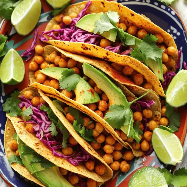 - 1 can (15 oz) chickpeas, drained and rinsed - 2 tablespoons olive oil - Seasoning ingredients: smoked paprika, garlic powder, cumin, chili powder, salt, and pepper To make crispy chickpea tacos, you need chickpeas as the main protein. They are packed with nutrients and flavor. You will also need olive oil, which helps the spices stick and adds richness. For seasoning, we use smoked paprika, garlic powder, cumin, chili powder, salt, and pepper. Each spice brings its unique taste. Smoked paprika adds warmth, while garlic powder boosts flavor. Cumin gives an earthy note, and chili powder adds a little heat. Salt and pepper round out the taste. - 8 small corn tortillas - 1 avocado, sliced - ½ cup shredded red cabbage - ¼ cup fresh cilantro, chopped - Lime wedges and optional hot sauce For the tacos, you will need small corn tortillas. They are soft and great for holding all the ingredients. Avocado adds creaminess, while shredded red cabbage adds crunch and color. Fresh cilantro gives a bright flavor that lifts the dish. Don’t forget lime wedges! They add a zesty kick when squeezed on top. If you like spice, add some hot sauce for extra flavor. This mix of ingredients creates a tasty and colorful meal. For the full recipe, check the detailed cooking instructions. - Preheat the oven to 400°F (200°C). - Pat the chickpeas dry with a paper towel. This step helps them get crispy. - Place the chickpeas in a bowl. Drizzle with olive oil and add spices. - Sprinkle in smoked paprika, garlic powder, cumin, chili powder, salt, and pepper. - Toss the chickpeas until they are well coated in the oil and spices. - Spread the chickpeas on a baking sheet in a single layer. - Bake them for 25-30 minutes. Shake the pan halfway through to ensure even cooking. - For optimal crispiness, let the chickpeas cool for a few minutes after baking. They will get crunchier as they cool. - Warm the corn tortillas in a dry skillet over medium heat for about 30 seconds on each side. - This step makes the tortillas pliable and easier to fold. - Place a generous spoonful of crispy chickpeas onto each tortilla. - Top with sliced avocado, shredded red cabbage, and fresh cilantro. - Squeeze lime juice over the tacos for a zesty kick. - Add hot sauce if you like a little more heat. - Serve right away to enjoy the crispy texture and vibrant flavors. For the full recipe, refer to the earlier sections. To get the best crispiness from your chickpeas, start by drying them well. After rinsing, use a paper towel to pat them dry. The drier the chickpeas, the crunchier they will bake. A small tip is to let them sit for a few minutes after drying. This helps remove any leftover moisture. Bake the chickpeas for about 25 to 30 minutes at 400°F (200°C). Be sure to shake the pan halfway through. This ensures even cooking and crispiness. You want them to be golden brown and crunchy. To make your tacos pop, consider adding bright toppings. Sliced avocado adds creaminess. Shredded red cabbage adds a nice crunch. Fresh cilantro gives a burst of flavor. You can also offer lime wedges and hot sauce on the side. For presentation, serve the tacos on a colorful platter. Arrange the tacos neatly, and add lime wedges and extra cilantro around them. This makes the dish look vibrant and inviting. Crispy chickpeas are not just tasty; they are healthy too. Chickpeas are rich in protein and fiber. This helps keep you full and satisfied. They also have important minerals like iron and magnesium. Each serving of these tacos has about 300 calories. This includes the chickpeas and toppings. The healthy fats from the avocado help balance the meal. Enjoy these tacos without guilt, knowing they are good for you! {{image_2}} You can switch chickpeas for other legumes. Try black beans or lentils. They add unique flavors and textures. If you want more protein, mix chickpeas with cooked quinoa or shredded chicken. This combo boosts nutrition and flavor. To spice things up, try different seasonings. You can use cayenne pepper for heat or oregano for earthiness. Mix in some cumin for a warm, smoky taste. Adding colorful veggies can also enhance nutrition. Bell peppers, corn, or even roasted zucchini work well. These tacos can fit many diets. They are vegan and gluten-free as is. For low-carb options, use lettuce wraps instead of tortillas. You can also swap toppings. Try pickled onions, jalapeños, or a dollop of plant-based sour cream. Each choice adds a new twist to your tacos. For the full recipe, check out the Crispy Chickpea Tacos recipe. To keep your crispy chickpea tacos fresh, store them separately. Place the chickpeas in an airtight container. This keeps them crunchy. For the tortillas, wrap them in foil or plastic wrap. Keep them in the fridge. If you made extra toppings, store them in small containers. This way, everything stays fresh. For longer storage, you can freeze the chickpeas. Spread them on a baking sheet first. Freeze until firm, then transfer to a freezer bag. This method helps them stay crispy when you reheat. Cooked chickpeas can last about 3 to 5 days in the fridge. Tacos with toppings should be eaten in 2 days. If they smell off or look slimy, throw them away. Check chickpeas for any strange colors or odors. If you see or smell something unusual, it’s time to toss them. Always trust your senses to keep safe! For more details, check the Full Recipe for guidance on storage and freshness. To make chickpeas crispy, start by drying them well. Use a paper towel to remove moisture. Then, coat them in olive oil and your favorite spices. I love using smoked paprika, garlic powder, and cumin. Spread the seasoned chickpeas on a baking sheet in a single layer. Bake them at 400°F for 25-30 minutes. Shake the pan halfway through for even crispiness. This method gives you a great crunch! Yes, you can prep these tacos ahead of time. You can bake the chickpeas and store them in an airtight container. They will stay crispy for a day. Warm them up in the oven before serving. Warm your tortillas just before you eat. This way, you keep the best texture and flavor. If you need a substitute for corn tortillas, try flour tortillas or lettuce wraps. Both options work well. You can also use gluten-free tortillas made from almond or chickpea flour. These alternatives still hold the fillings nicely and add their unique flavor. To enhance the flavor of your taco fillings, try adding toppings. Fresh avocado, shredded cabbage, and chopped cilantro are great choices. You can also drizzle lime juice for a zesty kick. Hot sauce adds heat and depth. For more variety, consider adding pickled onions or a dollop of sour cream. Each topping adds a new layer of taste! For the full recipe, be sure to check out the detailed instructions. In this post, we explored how to make crispy chickpea tacos. We covered key ingredients, from chickpeas to tasty toppings. I shared step-by-step instructions for preparing and baking the chickpeas, plus tips for crispiness. You learned about delicious variations and storage tips. These tacos are not only fun to make, but they also offer healthy nutrition. You can customize them to suit your taste. Enjoy these flavors at your next meal!